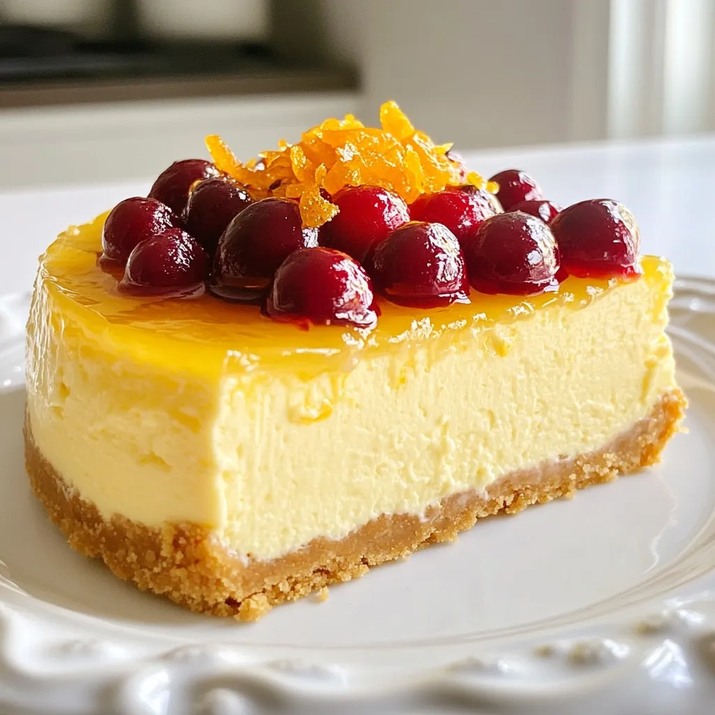 - 1 ½ cups graham cracker crumbs - ½ cup unsalted butter, melted - 2 tablespoons sugar - 24 oz cream cheese, softened - 1 cup sugar - 3 large eggs - 1 teaspoon vanilla extract - Zest of 1 orange - 1 cup fresh cranberries (or frozen, thawed) - ½ cup sour cream - 2 tablespoons cornstarch - 1 tablespoon fresh orange juice - Whipped cream - Additional cranberries - Orange slices Let’s dive into what you need for this delightful cheesecake. First, the base. For the crust, you will need graham cracker crumbs, unsalted butter, and sugar. These create a sweet and crunchy layer. Next, the filling is the star. You’ll want cream cheese, eggs, and sugar to make it smooth and rich. Don’t forget vanilla extract and orange zest. These flavors shine through and make it special. Fresh cranberries add a tart touch. If you can’t find fresh ones, frozen works too! Lastly, sour cream, cornstarch, and fresh orange juice help bind and balance the flavors. You can dress up your cheesecake with whipped cream, more cranberries, or orange slices for a pretty finish. Each ingredient plays a role in making this dessert a true delight. {{ingredient_image_1}} 1. Preheat your oven to 325°F (160°C). This step is key for a great crust. 2. In a bowl, mix 1 ½ cups of graham cracker crumbs, ½ cup of melted unsalted butter, and 2 tablespoons of sugar. Make sure it is well combined. 3. Press this mixture firmly into the bottom of a 9-inch springform pan. This creates a nice, even crust. 4. Bake the crust for about 10 minutes. Let it cool completely before adding the filling. 1. In a large mixing bowl, beat 24 ounces of softened cream cheese until it is smooth and creamy. This will take about 2-3 minutes. 2. Gradually add 1 cup of sugar while mixing. This helps to sweeten the filling perfectly. 3. Add 3 large eggs one at a time. Make sure each egg is mixed in well before adding the next. 4. Flavor up the filling by adding 1 teaspoon of vanilla extract, the zest of 1 orange, ½ cup of sour cream, 2 tablespoons of cornstarch, and 1 tablespoon of fresh orange juice. Mix until everything is smooth. 5. Gently fold in 1 cup of fresh cranberries. Reserve a few cranberries to decorate the top later. 1. Pour the filling over your cooled crust. Use a spatula to smooth the top. 2. Bake in the preheated oven for about 50-60 minutes. The center should be slightly jiggly but set. 3. Once baked, turn off the oven. Leave the cheesecake inside for 1 hour with the door slightly open. This helps it cool gradually. 4. After an hour, remove the cheesecake and refrigerate it for at least 4 hours. If you can, let it chill overnight for the best flavor. - Avoid overmixing. This can add too much air. A dense cheesecake is best. - Use room temperature ingredients. They mix better and create a smooth filling. - Top with whipped cream for a soft touch. Fresh orange slices add color. - Pair with coffee or tea. They balance the tartness of the cranberries. - Not cooling gradually can crack your cheesecake. Let it cool slowly in the oven. - Missing key ingredients like sour cream can change the taste and texture. Always double-check your list! Pro Tips Use Room Temperature Ingredients: Ensuring your cream cheese and eggs are at room temperature will make it easier to achieve a smooth filling without lumps. Don’t Overmix: When incorporating the eggs and other ingredients, mix just until combined to avoid incorporating too much air, which can cause cracking during baking. Water Bath Baking: For a creamier texture and to prevent cracks, consider baking your cheesecake in a water bath by placing the springform pan in a larger pan filled with hot water. Chill Overnight: For the best flavor and texture, allow your cheesecake to chill in the refrigerator overnight before serving, as this helps it set and enhances the flavors. {{image_2}} You can change the flavor of your cheesecake to suit your taste. - Swap cranberries with raspberries or cherries for a different fruit kick. - For a zesty twist, use lemon or lime zest in place of orange. These small changes can make your cheesecake unique and fun. It’s great to experiment with flavors you love. If you have dietary needs, you can still enjoy this cheesecake. - For a gluten-free option, use gluten-free graham cracker crumbs. - You can also make a vegan version by using plant-based cream cheese and eggs. These adjustments help everyone enjoy this tasty treat without worry. You can make this cheesecake fit any season with fun variations. - For winter, try adding spices like cinnamon or nutmeg for a holiday vibe. - In spring and summer, incorporate fresh berries or citrus for a light taste. Seasonal twists keep this dessert fresh and exciting all year round. To keep your cranberry orange cheesecake fresh, wrap it well. Use plastic wrap or aluminum foil. A good air-tight container works too. Store it in the fridge. This way, it stays moist and tasty. The cheesecake lasts up to five days in the fridge. If you want to keep it longer, consider freezing it. Freezing your cheesecake is easy. First, let it cool completely. Then, wrap it tightly with plastic wrap. After that, place it in a freezer-safe bag. This helps prevent freezer burn. To thaw, move the cheesecake to the fridge. Leave it there for about 6 to 8 hours. This keeps the texture nice. Avoid thawing at room temperature, as this can make it soggy. For best results, enjoy the cheesecake within three months of freezing. This ensures it tastes great and looks good too. Making cranberry orange cheesecake takes about 20 minutes to prep and 50-60 minutes to bake. After baking, allow the cheesecake to cool for 1 hour in the oven. Then, refrigerate it for at least 4 hours or overnight for the best taste. In total, plan for around 6 hours before serving. Yes, you can use frozen cranberries. Just remember to thaw them first. This can change the texture a bit, making it softer. The flavor will still be great, but fresh cranberries give a brighter taste. If you need a cream cheese substitute, try mascarpone or ricotta. These options have a similar texture and flavor. You can also use vegan cream cheese for a dairy-free version. Just make sure it is softened for the best mix. Absolutely! You can prepare this cheesecake a day or two in advance. Just follow the baking and cooling steps. Store it in the fridge, covered tightly. This helps the flavors blend and makes it easy for you on serving day. In this post, we explored how to make a delicious cranberry orange cheesecake. We covered essential ingredients, from graham cracker crumbs to fresh cranberries. The step-by-step guide showed you how to prepare the crust, create the filling, and bake it perfectly. I shared tips to enhance texture and avoid common mistakes. You also learned exciting variations and storage tips to keep your cheesecake fresh. This cheesecake is a delightful treat for any occasion. Enjoy creating and sharing this sweet recipe with others!