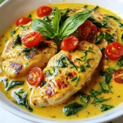 - 4 boneless, skinless chicken breasts - 2 tablespoons olive oil - 4 cloves garlic, minced - 1 cup cherry tomatoes, halved - 1 cup fresh spinach - 1 cup heavy cream - ½ cup grated Parmesan cheese - 1 teaspoon dried Italian herbs - Salt and pepper to taste - Fresh basil leaves for garnish - Alternatives for heavy cream: You can use half-and-half or coconut cream for a lighter option. - Substitutes for fresh spinach: Kale or Swiss chard works great in place of spinach. - Other cheese options: Try using mozzarella or feta for a different flavor twist. Choosing the right ingredients makes this dish shine. Fresh cherry tomatoes add a sweet burst. Garlic gives it that deep, savory flavor. Heavy cream creates a rich, smooth sauce. Remember, you can always customize with what you have on hand. This flexibility helps create your unique twist! {{ingredient_image_1}} - Seasoning the chicken: Start with the chicken breasts. Sprinkle salt, pepper, and dried Italian herbs on both sides. This adds great flavor. Let the chicken sit for a few minutes to soak in the spices. - Heating the skillet: Grab a large skillet and place it on the stove. Set the heat to medium-high. Add two tablespoons of olive oil. Wait until the oil is hot, but not smoking. This step is key for a good sear. - Sauté chicken until golden brown: Carefully place the seasoned chicken breasts in the skillet. Cook for about 5-6 minutes on each side. You want them to be golden brown. This gives the chicken a nice crust and locks in moisture. - Sauté garlic and tomatoes: Once the chicken is done, take it out and set it aside. In the same skillet, add four minced garlic cloves. Sauté them for about 30 seconds. You want them fragrant, not burnt. Next, toss in one cup of cherry tomatoes, halved. Cook for 2-3 minutes until they soften. - Creating the creamy sauce: Now, it’s time to make the sauce. Add one cup of fresh spinach to the skillet. Cook until it wilts. Then, pour in one cup of heavy cream and bring it to a gentle simmer. Stir in half a cup of grated Parmesan cheese until it melts into the sauce. This creates a rich, creamy texture. - Combining chicken with sauce: Return the chicken to the skillet. Spoon the creamy sauce over it. Let everything simmer together for about 3-5 minutes. This helps the flavors blend beautifully. - Adjusting flavors: Taste the sauce before serving. You can add more salt and pepper if needed. A little tweak can make a big difference. Garnish with fresh basil leaves for a burst of color and flavor. Enjoy your creamy garlic Tuscan chicken! - Ensuring perfectly cooked chicken: Cook the chicken until it reaches 165°F. This keeps it safe and juicy. Use a meat thermometer for best results. Cooking time is about 5-6 minutes on each side. Look for a golden brown color. - Tips for a creamy sauce: Stir the heavy cream in slowly. This helps blend with the other ingredients. Use low heat to avoid boiling. This keeps the sauce smooth and rich. - Adding spices or herbs: Try adding red pepper flakes for heat. Fresh herbs like thyme can add flavor too. Experiment with garlic powder for extra taste. - Pairing suggestions: Serve with pasta or rice for a complete meal. A side salad can add freshness. Garlic bread also pairs well and soaks up the sauce. - Preventing garlic from burning: Sauté garlic for only about 30 seconds. Keep an eye on it. Burned garlic can taste bitter and ruin the dish. - Ensuring sauce thickness: If the sauce is too thin, simmer it longer. This helps it reduce and thicken. Add more Parmesan cheese for extra creaminess if needed. Pro Tips Use Fresh Ingredients: Fresh garlic, spinach, and tomatoes will enhance the flavor of your dish significantly compared to dried or canned versions. Don’t Overcook the Chicken: Ensure your chicken breasts are cooked just until they reach an internal temperature of 165°F (75°C) to keep them juicy and tender. Adjust the Creaminess: For a lighter sauce, substitute half of the heavy cream with chicken broth or use a low-fat cream alternative. Garnish for Flavor: Adding fresh basil leaves not only enhances the presentation but also adds a burst of fresh flavor to the dish. {{image_2}} You can switch up the veggies in your dish. Try bell peppers for a sweet crunch. Zucchini adds freshness, while mushrooms bring umami. Each veggie changes the vibe. If you want to swap chicken, try shrimp or pork. They cook fast and soak up flavors well. Tofu is a great choice for a plant-based meal. It absorbs the creamy sauce nicely. To spice things up, add red pepper flakes. They give a nice kick without being too hot. Smoked paprika can add depth too. For a cheesy twist, use feta or goat cheese. These cheeses offer a tangy flavor that pairs well with the cream. You can also mix in mozzarella for a gooey texture. If you need a gluten-free option, use gluten-free pasta or skip the carbs entirely. The creamy sauce works well without any sides. For low-carb variations, serve the chicken over zucchini noodles or cauliflower rice. These options keep the meal light but satisfying. To keep your creamy garlic Tuscan chicken fresh, follow these steps: - Allow the dish to cool. - Place it in an airtight container. - Store it in the fridge for up to 3 days. For freezing: - Let the chicken cool completely. - Use a freezer-safe container or bag. - It can last up to 3 months in the freezer. When it's time to enjoy leftovers, you have two main options. Microwave: - Place a portion on a microwave-safe plate. - Cover it with a damp paper towel. - Heat in short bursts, stirring in between. Stovetop: - Heat a skillet over low heat. - Add a splash of cream or broth to keep it creamy. - Stir gently until warmed through. In the fridge, creamy garlic Tuscan chicken lasts about 3 days. Look for these signs of spoilage: - Off smell or sour odor. - Changes in color or texture. - Mold growth on the surface. When in doubt, throw it out! Can I make Creamy Garlic Tuscan Chicken ahead of time? Yes, you can prepare this dish ahead. Cook it and store it in the fridge. Just reheat it gently when ready to serve. The flavors will blend nicely overnight. What can I serve with this dish? This dish pairs well with pasta, rice, or crusty bread. A side salad also adds freshness. You can choose any side that you enjoy. Can I use frozen chicken breasts? Yes, you can use frozen chicken breasts. Just be sure to thaw them first. This ensures they cook evenly and thoroughly. Is heavy cream necessary for this recipe? Heavy cream is key for that creamy texture. You can use half-and-half for a lighter option. However, the sauce won't be as rich. How can I thicken the sauce further? To thicken the sauce, add more Parmesan cheese. You can also stir in a cornstarch slurry. Mix cornstarch with water, then add it to the sauce. Can I make this recipe in a slow cooker? Yes, you can use a slow cooker for this recipe. Sear the chicken first, then add all ingredients to the slow cooker. Cook on low for 4-6 hours. This recipe for Creamy Garlic Tuscan Chicken combines simple ingredients and clear steps. We've explored how to prepare the chicken, create a rich sauce, and add flavorful touches. You can customize it with substitutions or dietary changes. Remember, cooking is about experimenting and enjoying. Now, it’s time to try this dish. You’ll impress your taste buds and anyone you share it with. Happy cooking!