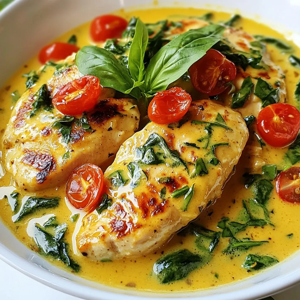 - 4 boneless, skinless chicken breasts - 2 tablespoons olive oil - 4 cloves garlic, minced - 1 cup cherry tomatoes, halved - 1 cup fresh spinach - 1 cup heavy cream - ½ cup grated Parmesan cheese - 1 teaspoon dried Italian herbs - Salt and pepper to taste - Fresh basil leaves for garnish - Alternatives for heavy cream: You can use half-and-half or coconut cream for a lighter option. - Substitutes for fresh spinach: Kale or Swiss chard works great in place of spinach. - Other cheese options: Try using mozzarella or feta for a different flavor twist. Choosing the right ingredients makes this dish shine. Fresh cherry tomatoes add a sweet burst. Garlic gives it that deep, savory flavor. Heavy cream creates a rich, smooth sauce. Remember, you can always customize with what you have on hand. This flexibility helps create your unique twist! {{ingredient_image_1}} - Seasoning the chicken: Start with the chicken breasts. Sprinkle salt, pepper, and dried Italian herbs on both sides. This adds great flavor. Let the chicken sit for a few minutes to soak in the spices. - Heating the skillet: Grab a large skillet and place it on the stove. Set the heat to medium-high. Add two tablespoons of olive oil. Wait until the oil is hot, but not smoking. This step is key for a good sear. - Sauté chicken until golden brown: Carefully place the seasoned chicken breasts in the skillet. Cook for about 5-6 minutes on each side. You want them to be golden brown. This gives the chicken a nice crust and locks in moisture. - Sauté garlic and tomatoes: Once the chicken is done, take it out and set it aside. In the same skillet, add four minced garlic cloves. Sauté them for about 30 seconds. You want them fragrant, not burnt. Next, toss in one cup of cherry tomatoes, halved. Cook for 2-3 minutes until they soften. - Creating the creamy sauce: Now, it’s time to make the sauce. Add one cup of fresh spinach to the skillet. Cook until it wilts. Then, pour in one cup of heavy cream and bring it to a gentle simmer. Stir in half a cup of grated Parmesan cheese until it melts into the sauce. This creates a rich, creamy texture. - Combining chicken with sauce: Return the chicken to the skillet. Spoon the creamy sauce over it. Let everything simmer together for about 3-5 minutes. This helps the flavors blend beautifully. - Adjusting flavors: Taste the sauce before serving. You can add more salt and pepper if needed. A little tweak can make a big difference. Garnish with fresh basil leaves for a burst of color and flavor. Enjoy your creamy garlic Tuscan chicken! - Ensuring perfectly cooked chicken: Cook the chicken until it reaches 165°F. This keeps it safe and juicy. Use a meat thermometer for best results. Cooking time is about 5-6 minutes on each side. Look for a golden brown color. - Tips for a creamy sauce: Stir the heavy cream in slowly. This helps blend with the other ingredients. Use low heat to avoid boiling. This keeps the sauce smooth and rich. - Adding spices or herbs: Try adding red pepper flakes for heat. Fresh herbs like thyme can add flavor too. Experiment with garlic powder for extra taste. - Pairing suggestions: Serve with pasta or rice for a complete meal. A side salad can add freshness. Garlic bread also pairs well and soaks up the sauce. - Preventing garlic from burning: Sauté garlic for only about 30 seconds. Keep an eye on it. Burned garlic can taste bitter and ruin the dish. - Ensuring sauce thickness: If the sauce is too thin, simmer it longer. This helps it reduce and thicken. Add more Parmesan cheese for extra creaminess if needed. Pro Tips Use Fresh Ingredients: Fresh garlic, spinach, and tomatoes will enhance the flavor of your dish significantly compared to dried or canned versions. Don’t Overcook the Chicken: Ensure your chicken breasts are cooked just until they reach an internal temperature of 165°F (75°C) to keep them juicy and tender. Adjust the Creaminess: For a lighter sauce, substitute half of the heavy cream with chicken broth or use a low-fat cream alternative. Garnish for Flavor: Adding fresh basil leaves not only enhances the presentation but also adds a burst of fresh flavor to the dish. {{image_2}} You can switch up the veggies in your dish. Try bell peppers for a sweet crunch. Zucchini adds freshness, while mushrooms bring umami. Each veggie changes the vibe. If you want to swap chicken, try shrimp or pork. They cook fast and soak up flavors well. Tofu is a great choice for a plant-based meal. It absorbs the creamy sauce nicely. To spice things up, add red pepper flakes. They give a nice kick without being too hot. Smoked paprika can add depth too. For a cheesy twist, use feta or goat cheese. These cheeses offer a tangy flavor that pairs well with the cream. You can also mix in mozzarella for a gooey texture. If you need a gluten-free option, use gluten-free pasta or skip the carbs entirely. The creamy sauce works well without any sides. For low-carb variations, serve the chicken over zucchini noodles or cauliflower rice. These options keep the meal light but satisfying. To keep your creamy garlic Tuscan chicken fresh, follow these steps: - Allow the dish to cool. - Place it in an airtight container. - Store it in the fridge for up to 3 days. For freezing: - Let the chicken cool completely. - Use a freezer-safe container or bag. - It can last up to 3 months in the freezer. When it's time to enjoy leftovers, you have two main options. Microwave: - Place a portion on a microwave-safe plate. - Cover it with a damp paper towel. - Heat in short bursts, stirring in between. Stovetop: - Heat a skillet over low heat. - Add a splash of cream or broth to keep it creamy. - Stir gently until warmed through. In the fridge, creamy garlic Tuscan chicken lasts about 3 days. Look for these signs of spoilage: - Off smell or sour odor. - Changes in color or texture. - Mold growth on the surface. When in doubt, throw it out! Can I make Creamy Garlic Tuscan Chicken ahead of time? Yes, you can prepare this dish ahead. Cook it and store it in the fridge. Just reheat it gently when ready to serve. The flavors will blend nicely overnight. What can I serve with this dish? This dish pairs well with pasta, rice, or crusty bread. A side salad also adds freshness. You can choose any side that you enjoy. Can I use frozen chicken breasts? Yes, you can use frozen chicken breasts. Just be sure to thaw them first. This ensures they cook evenly and thoroughly. Is heavy cream necessary for this recipe? Heavy cream is key for that creamy texture. You can use half-and-half for a lighter option. However, the sauce won't be as rich. How can I thicken the sauce further? To thicken the sauce, add more Parmesan cheese. You can also stir in a cornstarch slurry. Mix cornstarch with water, then add it to the sauce. Can I make this recipe in a slow cooker? Yes, you can use a slow cooker for this recipe. Sear the chicken first, then add all ingredients to the slow cooker. Cook on low for 4-6 hours. This recipe for Creamy Garlic Tuscan Chicken combines simple ingredients and clear steps. We've explored how to prepare the chicken, create a rich sauce, and add flavorful touches. You can customize it with substitutions or dietary changes. Remember, cooking is about experimenting and enjoying. Now, it’s time to try this dish. You’ll impress your taste buds and anyone you share it with. Happy cooking!
