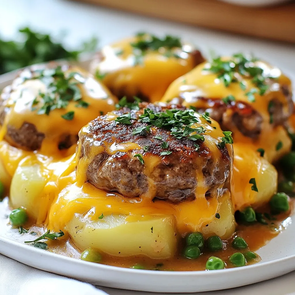 - 1 lb ground beef - 4 cups baby potatoes, halved - 1 cup mixed frozen vegetables (peas and carrots) - 2 tablespoons Worcestershire sauce - 1 cup breadcrumbs - 1 large egg - 1 cup shredded cheddar cheese - Fresh parsley, chopped for garnish Amish Hamburger Steak Bake is a warm and filling dish. It uses simple and fresh ingredients that make it hearty. Ground beef forms the base of this meal. Baby potatoes add a nice texture and flavor. Mixed frozen vegetables bring color and nutrients to your plate. Worcestershire sauce gives a savory depth to the meat. Breadcrumbs help bind the mix, while the egg keeps it all together. You can add spices like garlic powder and onion powder for extra taste. For a tasty finish, shredded cheddar cheese melts over the top. Fresh parsley adds a pop of color and freshness when you serve it. This dish is not just about the taste; it also looks appealing on the table. {{ingredient_image_1}} 1. First, preheat your oven to 375°F (190°C). This step is key for even cooking. 2. In a large bowl, combine the ground beef, chopped onion, breadcrumbs, egg, Worcestershire sauce, garlic powder, onion powder, salt, and pepper. Mix until everything is well blended. This mixture forms the heart of your dish. 3. Shape the mixture into four large patties. Make sure they are even in size for even cooking. 1. In a large oven-safe skillet or casserole dish, arrange the halved baby potatoes. Lay them on the bottom to soak up the flavors. 2. Place the hamburger steaks on top of the potatoes. This way, the juices from the beef will flavor the potatoes. 3. Pour the beef broth around the potatoes and steaks. Make sure it surrounds all the ingredients. This adds moisture and taste. 4. Sprinkle the mixed frozen vegetables over the dish. Finally, top with shredded cheddar cheese for a melty finish. 1. Cover the dish tightly with aluminum foil. This keeps the moisture in while baking. 2. Bake in the preheated oven for 30 minutes. This helps to cook the patties and potatoes evenly. 3. After 30 minutes, remove the foil and bake for an additional 15-20 minutes. This step will give your dish a nice golden finish. 4. Once done, take it out of the oven. Let it sit for a few minutes before serving. This resting time allows the flavors to settle. 5. Garnish with chopped parsley for a fresh touch. It adds color and a bit of flavor. - Adding spices: You can make your Amish Hamburger Steak Bake even better with spices. Try adding paprika or cayenne pepper for a kick. A little extra garlic powder can also boost the flavor. Start with a pinch and adjust to your taste. - Using fresh herbs: Fresh herbs can change this dish. Adding chopped parsley or thyme gives it a fresh taste. Mix them in with the beef or sprinkle on top before serving for color and flavor. - How to achieve perfect patties: Start with cold ground beef. Mix the ingredients gently. Overworking the beef makes tough patties. Form them into even shapes for even cooking. Make a small dent in the center of each patty to help them cook evenly. - Best baking practices: Use an oven-safe skillet or casserole dish. This makes cleanup easy. Cover tightly with foil to trap steam. This helps the beef stay moist. Remove the foil for the last 15 to 20 minutes to brown the cheese. - What to serve with Amish Hamburger Steak Bake: This dish pairs well with simple sides. Serve it with a green salad or steamed broccoli. The fresh veggies balance the richness of the bake. - Pairing recommendations: For drinks, try a light red wine or iced tea. Both refresh your palate and complement the flavors. If you want dessert, a slice of apple pie makes a great finish. Pro Tips Use Fresh Ingredients: Always opt for fresh vegetables and high-quality beef for the best flavor and texture. Customize Your Vegetables: Feel free to swap out the mixed frozen vegetables with your favorites, like bell peppers or green beans. Rest Before Serving: Allow the dish to sit for a few minutes after baking; this helps the juices redistribute in the patties. Cheese Variations: Experiment with different types of cheese such as mozzarella or pepper jack for a unique twist. {{image_2}} You can change the meat in this recipe. Try ground turkey or chicken for a leaner option. You can also use ground pork for a tasty twist. If you want a vegetarian version, use lentils or black beans instead of meat. These options keep the dish hearty and satisfying. If you prefer a slow cooker, this recipe works well. Just mix the ingredients as usual. Then, place everything in the slow cooker. Cook on low for 6-8 hours or high for 3-4 hours. This method makes the flavors meld nicely. For those with an Instant Pot, you can also adapt this recipe. Brown the patties in the pot first. Then, add the potatoes and broth. Seal the lid and cook on high pressure for 10 minutes. Quick-release the steam and enjoy a faster meal. To complete your Amish Hamburger Steak Bake, pair it with some great sides. Creamy mashed potatoes or fluffy rice work well. You can also serve it with some steamed green beans or corn for a colorful plate. A fresh salad adds a nice crunch. Try a simple garden salad with lettuce, tomatoes, and cucumbers. For bread, serve warm dinner rolls or crusty bread to soak up the tasty sauce. These sides make your meal more filling and balanced. To keep leftovers fresh, cool the dish to room temperature first. Then, place it in an airtight container. Glass or plastic containers work well. Make sure to seal it tightly to prevent air from getting in. This helps keep the flavor and moisture intact. For the best reheating, use an oven. Preheat it to 350°F (175°C). Place the dish in the oven for about 20 minutes. This warms it evenly. If you want to use a microwave, cover the dish with a damp paper towel. This helps avoid sogginess. Heat it in short bursts, stirring in between. You can freeze this meal either before or after cooking. If freezing before cooking, wrap it tightly in plastic wrap and foil. This keeps it fresh for up to three months. When ready to cook, thaw it in the fridge overnight before baking. If you freeze it after cooking, store it in an airtight container. It will last for about two to three months. When reheating from frozen, give it extra time in the oven. A 350°F (175°C) oven for 40-50 minutes works well. Amish Hamburger Steak Bake is a warm and filling dish. It features seasoned ground beef patties placed over tender baby potatoes. You cook it all together with savory beef broth and mixed vegetables. This dish is easy to make and perfect for family dinners. It brings comfort to your table with its rich flavors and simple ingredients. To make this dish gluten-free, swap the regular breadcrumbs for gluten-free ones. You can also use crushed gluten-free crackers if you prefer. Check the Worcestershire sauce label to find a gluten-free version. These small changes allow you to enjoy this tasty meal without worry. Yes, you can use fresh vegetables! Fresh peas and carrots work great in this recipe. Chop them into small pieces so they cook evenly. You can also add fresh green beans or corn for extra flavor. Using fresh veggies can enhance the taste and texture of your dish. In this post, we explored how to make Amish Hamburger Steak Bake. We covered main ingredients like ground beef and baby potatoes, along with steps for preparation and baking. I shared tips to enhance flavor and adjust cooking methods, plus ideas for serving and storing leftovers. To create your own twist, try different meats or fresh veggies. This dish is simple and fun, making it perfect for any meal. Enjoy sharing this comfort food with family and friends.