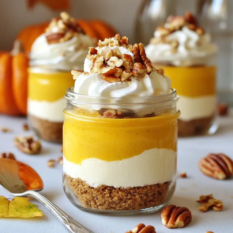 Let's gather all the ingredients for your Thanksgiving Pumpkin Cheesecake Jars. Here’s what you need: - 1 ½ cups graham cracker crumbs - ½ cup unsalted butter, melted - 2 (8 oz) packages cream cheese, softened - 1 cup canned pumpkin puree - ¾ cup granulated sugar - 1 tsp vanilla extract - ½ tsp ground cinnamon - ¼ tsp ground nutmeg - ¼ tsp ground ginger - 3 large eggs - 1 cup whipped topping (for garnish) - 1/4 cup crushed pecans (for garnish) For the best flavor and texture, I suggest using Nabisco Graham Crackers for the crust. Their crunch holds up well. Use Philadelphia Cream Cheese for a rich and creamy filling. Libby's Canned Pumpkin is my go-to for a smooth puree, but feel free to use fresh if you prefer. Stick with McCormick Spices for your cinnamon, nutmeg, and ginger. They offer great flavors that enhance your dessert. Gather these ingredients and let’s dive into making this tasty treat! {{ingredient_image_1}} To start, you need to mix the graham cracker crumbs and melted butter. In a bowl, combine 1 ½ cups of crumbs with ½ cup of melted butter. Stir until the crumbs soak up the butter. Next, divide this mixture into four dessert jars. Press the crumb mix tightly into the bottom of each jar to create a solid base. Now, let’s make the filling. In a large mixing bowl, beat two packages of softened cream cheese until it’s smooth. Add 1 cup of canned pumpkin puree, ¾ cup of granulated sugar, 1 tsp of vanilla extract, ½ tsp of ground cinnamon, ¼ tsp of ground nutmeg, and ¼ tsp of ground ginger. Keep mixing until everything is well blended and smooth. Next, it’s time to add the eggs. You will want to add 3 large eggs one at a time. After each egg, mix the mixture well. This helps to keep the filling smooth and creamy. Make sure the eggs are fully mixed in before you add the next one. Preheat your oven to 325°F (160°C). Place the jars in a baking dish. Add hot water to the dish until it reaches halfway up the sides of the jars. This water bath helps the cheesecakes bake evenly. Bake for 25 to 30 minutes. The centers should be set but still slightly jiggly. After baking, carefully take the jars out of the oven. Let them cool at room temperature for about 30 minutes. Once cooled, put the jars in the fridge. Let them chill for at least 4 hours or overnight. Chilling helps the flavors meld together. Before serving, garnish each cheesecake jar with 1 cup of whipped topping. Then, sprinkle ¼ cup of crushed pecans on top for a nice crunch. This adds flavor and makes your dessert look beautiful. Enjoy serving these sweet treats! Pair your pumpkin cheesecake jars with a warm drink like spiced cider or coffee. They also pair well with vanilla ice cream for extra creaminess. To present the jars nicely for guests, place them on a wooden board. Add small spoons next to each jar for easy serving. You can also tie a little ribbon around the jar for a festive touch. To make this dessert ahead of time, you can prepare the jars up to a week in advance. After baking and cooling, cover them with lids or wrap them with plastic wrap. For leftovers, store the jars in the fridge. They can last for up to four days when sealed well. If you want to keep them longer, consider freezing them. To avoid cracks in your cheesecakes, do not overbeat the batter. Mix until just combined and do not open the oven door while baking. If your cheesecakes come out too soft, bake them a bit longer. If they are too hard, check your oven temperature and reduce the baking time next time. Pro Tips Chill Time: Allowing the cheesecake jars to chill overnight enhances the flavor and texture, making them creamier and more delicious. Crust Consistency: Ensure the graham cracker crumbs are well mixed with melted butter to avoid a dry crust. It should hold together when pressed. Water Bath Importance: Using a water bath prevents the cheesecakes from cracking and helps them cook evenly, resulting in a smoother texture. Garnish Creativity: Feel free to experiment with different toppings such as caramel sauce, whipped cream, or chocolate shavings for added flavor. {{image_2}} You can switch things up with different flavors. Try adding chocolate to the cheesecake mix. This adds a rich taste that pairs well with pumpkin. You can also use spices like cardamom or clove for a unique twist. Seasonal fruits like cranberries or apples make nice toppings too. They add color and flavor to your jars. For a gluten-free option, use gluten-free graham crackers. They work just as well in the crust. If you want a vegan dessert, swap cream cheese for a plant-based version. You can use coconut cream or tofu blended until smooth. Also, adjust the sugar. Use a natural sweetener like maple syrup for a healthier touch. If you have more guests, you can easily double or triple the recipe. Just keep the same baking time, but check for doneness more often. For smaller gatherings, you can make just two jars. Adjust the ingredient amounts, and you’re set. These desserts are easy to scale up or down as needed. To freeze your pumpkin cheesecakes, follow these steps: - Let the jars cool completely. - Cover each jar tightly with plastic wrap. - Place the wrapped jars in a freezer bag or container. - Label with the date so you remember when you made them. Using glass jars helps keep the taste fresh. If you use plastic, make sure they are freezer-safe. In the fridge, these cheesecakes last about five days. Keep them covered to avoid drying out. Watch for signs of spoilage: - Unpleasant smell - Change in color - Mold growth If you see any of these, it’s best to toss them. If you need to thaw and reheat, here’s how: - Take the jars out of the freezer and put them in the fridge overnight to thaw. - To reheat, place the jar in a warm water bath for about 10 minutes. - Avoid using a microwave, as it can change the texture. These steps help keep the taste and texture of your cheesecakes intact. Enjoy your delicious desserts! Yes, you can use fresh pumpkin. Start by selecting a sugar pumpkin. Cut it in half, remove the seeds, and roast it until soft. After roasting, scoop out the flesh and blend it until smooth. This fresh puree offers a rich flavor. You can use alternatives like mascarpone or ricotta cheese. These options will change the texture slightly. Mascarpone gives a creamy taste, while ricotta adds a grainy feel. Experiment to see what you like best! Look for a slight jiggle in the center. The edges should be set while the middle remains a bit soft. A toothpick inserted into the center should come out mostly clean. This means they are ready! Yes, you can double the recipe! Just make sure you have enough jars. Adjust the baking time as needed. Keep an eye on them, as larger batches may require a few extra minutes. You can use ramekins or muffin tins. Just make sure to adjust the baking time. You can also use a pie dish for a larger cheesecake. Just remember to cut it into pieces to serve! To wrap up, this blog post guided you through crafting delicious cheesecakes in jars. We covered the essential ingredients, step-by-step techniques for mixing and baking, and tips for perfecting your dessert. I shared ideas for variations, storage best practices, and how to troubleshoot common issues. Now, gather your ingredients and get baking! Enjoy sharing these delightful cheesecakes with friends and family. Your effort will surely impress and satisfy everyone. Happy baking!