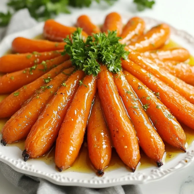 - 1 pound baby carrots - 3 tablespoons pure maple syrup - 2 tablespoons Dijon mustard - 2 tablespoons olive oil - 1 teaspoon garlic powder - 1 teaspoon thyme - Salt and pepper - Fresh parsley for garnish - Baking sheet - Parchment paper - Mixing bowl - Small bowl for whisking Gathering the right ingredients and tools is key to making Maple Dijon Roasted Carrots. You need fresh, baby carrots for this dish. They add a sweet crunch that pairs well with the glaze. The glaze consists of maple syrup and Dijon mustard. The syrup provides sweetness, while the mustard adds a nice kick. Olive oil helps the glaze stick to the carrots, while garlic powder and thyme add depth. Make sure to have a baking sheet lined with parchment paper. This keeps the carrots from sticking and makes cleanup easy. A mixing bowl is essential for tossing the carrots in the glaze. Lastly, a small bowl is needed to whisk the glaze together. Having these items ready will make your cooking process smooth and fun! {{ingredient_image_1}} - Preheat your oven to 400°F (200°C). - Prepare the carrots by peeling and trimming. Start by washing your baby carrots under cool water. You want them clean to get the best flavor. Peel off any rough spots and trim the ends for a neat look. This step makes a big difference in how the carrots cook and taste. - Whisk together the maple syrup, Dijon mustard, olive oil, garlic powder, thyme, salt, and pepper. In a small bowl, mix the maple syrup and Dijon mustard. This combo gives a sweet and tangy flavor. Add olive oil to help everything stick to the carrots. Then, sprinkle in garlic powder and thyme for a warm taste. Season with salt and pepper. Whisk until it’s smooth and well mixed. - Toss baby carrots in the glaze. - Spread carrots on the baking sheet and roast. - Stir halfway through cooking time. In a large mixing bowl, add the carrots and pour the glaze over them. Toss until every carrot is well coated. This is where the magic begins! Line a baking sheet with parchment paper for easy cleanup. Spread the carrots out so they cook evenly. Roast them in your preheated oven for 25-30 minutes. Halfway through, give them a good stir. This helps them caramelize and get a lovely color. To get the right tenderness, adjust your roasting time. If you like softer carrots, roast them longer. If you prefer a bit of crunch, check them at 20 minutes. Stir the carrots halfway through cooking for even roasting. This helps them cook well and brown nicely. For the best caramelization, use a baking sheet with space between the carrots. Too many carrots crowded together will steam instead of roast. This means less caramelization. You can also drizzle a little more maple syrup on top during the last few minutes for extra sweetness. Try adding fresh herbs like rosemary or dill for a twist. These herbs can change the dish's flavor in a fun way. You can also use spices like cumin for a warm touch. To balance the sweetness of the maple syrup, add a splash of lemon juice. This brings a nice tang that works well with the Dijon mustard. You can adjust to your taste, making sure it’s neither too sweet nor too tangy. Pro Tips Choose Fresh Carrots: Look for bright orange baby carrots that are firm and have a smooth surface for the best flavor and texture. Customize Your Glaze: Feel free to experiment with different herbs, such as rosemary or dill, to add a unique twist to the flavor profile. Perfect Roasting: Stir the carrots halfway through roasting to ensure even cooking and caramelization on all sides. Serve Warm: For the best taste and texture, serve the roasted carrots warm, right after they come out of the oven. {{image_2}} You can switch out baby carrots for regular carrots. Just cut them into sticks. Parsnips are another great choice. They add a sweet and earthy flavor. You might also try different mustards. Whole grain mustard gives a nice crunch. Spicy brown mustard can add some heat. Each choice brings a new taste. Want to spice things up? Try adding cumin or paprika. These spices add warmth and depth. For a fresh twist, add citrus juice. Lemon or orange juice brightens the dish. Zest from these fruits gives extra flavor too. Don’t be afraid to mix and match! To keep your roasted carrots fresh, store them in a tight container. Always let the carrots cool first. This helps keep them crisp. Place a paper towel inside the container to absorb extra moisture. The paper towel helps prevent sogginess. These roasted carrots taste best within four days in the fridge. You can easily reheat your carrots in two ways. For quick reheating, use the microwave. Place the carrots in a safe dish and cover them. Heat for 30 seconds at a time until warm. Be sure to stir them after each heating. For a crispier texture, use the oven. Preheat the oven to 350°F (175°C). Spread the carrots on a baking sheet. Heat them for about 10 to 15 minutes. This method keeps the carrots nice and tasty. Enjoy your Maple Dijon Roasted Carrots just as they were when fresh! Maple Dijon roasted carrots will last about 3 to 5 days in the fridge. To keep them fresh, store them in an airtight container. Make sure they cool down before you seal them up. This helps retain their flavor and texture. Yes, you can prepare the carrots ahead of time. Peel and trim the baby carrots a day before. Mix the glaze and store it in the fridge. On the day you want to serve, just toss the carrots in the glaze and roast them. This saves time and makes cooking easier. These carrots pair well with many dishes. Here are some ideas: - Grilled chicken for a tasty protein. - Baked salmon for a healthy option. - Quinoa or rice for a hearty base. - A fresh green salad to lighten the meal. These combinations will enhance your dining experience and look great on the plate! This blog post covered how to make delicious Maple Dijon Roasted Carrots. You learned about the key ingredients, equipment, and step-by-step instructions. I shared tips for perfect texture and ways to enhance flavors. We also explored different variations and storage methods for leftovers. For tasty and healthy meals, this recipe shines. Simple steps lead to great results. You can impress your family with a fresh twist on veggies. Enjoy your cooking adventure and the delightful flavors of these roasted carrots!