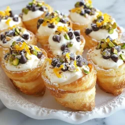 - 1 package of mini phyllo cups (15-18 cups) - 1 cup ricotta cheese (drained) - 1 cup mascarpone cheese - 1/2 cup powdered sugar - 1 teaspoon vanilla extract - 1/2 teaspoon ground cinnamon - 1/4 cup mini chocolate chips - Zest of 1 orange - 1/4 cup chopped pistachios (for garnish) - Additional powdered sugar (for dusting) You can switch out the ricotta with cream cheese for a richer taste. If you want a lighter option, use Greek yogurt instead of mascarpone. For a sweet touch, use honey instead of powdered sugar. If you don’t like cinnamon, try nutmeg or cardamom for a different flavor. - Cheese: Use fresh ricotta and mascarpone. They should be creamy and smooth. - Phyllo Cups: Check for crispy, golden cups. They should not be stale or broken. - Powdered Sugar: Choose a fine powder to ensure a smooth texture. - Chocolate Chips: Go for high-quality mini chocolate chips for more flavor. - Zest: Use fresh oranges for zest. This adds a bright, natural flavor. By picking quality ingredients, you make your mini cannoli cups taste even better. Enjoy making these fun treats! {{ingredient_image_1}} Start by mixing your cheeses. In a bowl, add one cup of ricotta cheese and one cup of mascarpone cheese. Make sure you drain the ricotta first. Next, add half a cup of powdered sugar, one teaspoon of vanilla extract, and half a teaspoon of ground cinnamon. Mix it well until it’s smooth and creamy. This step is key for a rich filling. Then, gently fold in a quarter cup of mini chocolate chips and the zest of one orange. The zest adds a bright flavor you will love. Now it’s time to fill the phyllo cups. Grab a piping bag or a plastic bag with a small hole cut in one corner. Fill each mini phyllo cup generously with the creamy filling. Don’t be shy—make them look nice and full! Once all the cups are filled, sprinkle chopped pistachios on top for crunch. Then, dust them lightly with more powdered sugar for a beautiful finish. Place your filled cups in the fridge for at least thirty minutes. This chilling time helps the flavors mix well and makes them taste even better. When you’re ready to serve, arrange the cups on a nice platter. For added flair, scatter some extra chocolate chips and orange zest around the cups. Your guests will be impressed! To make the best cannoli cream, start with quality cheeses. Use fresh ricotta and mascarpone. Make sure to drain the ricotta well to avoid excess water. Mix both cheeses with powdered sugar, vanilla, and cinnamon. Blend until smooth, but do not overmix. Gently fold in mini chocolate chips and orange zest last. This keeps the chips whole and adds a fresh burst. One common mistake is using wet ricotta cheese. It can make the cream too runny. Always drain it well. Another mistake is overfilling the cups. Leave a little space at the top to prevent spilling. Do not skip chilling the cups. This helps the flavors blend and firms up the cream. I suggest serving one mini cannoli cup per person. They are rich and filling. For a nice touch, use a decorative platter. Arrange the cups in a circle or line. Scatter extra chocolate chips and orange zest around for color. A light dusting of powdered sugar adds a sweet look too. Enjoy your beautiful dessert! Pro Tips Use Fresh Ingredients: Ensure your ricotta and mascarpone are fresh for the creamiest texture and best flavor. Chill Before Serving: Chilling the filled cups for at least 30 minutes enhances the flavors and helps the filling set better. Experiment with Flavors: Feel free to add other flavorings like almond extract or lemon zest for a unique twist on the classic cannoli. Presentation Matters: Arrange your cups on a beautiful platter and consider garnishing with fresh berries or mint leaves for added color. {{image_2}} You can change the filling for mini cannoli cups to match your taste. Try adding different flavors to the ricotta and mascarpone mix. Here are some ideas: - Coffee: Mix in 1 tablespoon of espresso powder for a rich coffee flavor. - Chocolate: Use chocolate ricotta or add cocoa powder to the cream. - Fruit: Add pureed strawberries or peaches for a fruity twist. - Nutty: Stir in almond or hazelnut extract for a nutty flavor. These options let you get creative and make the dessert your own! Garnishes can make your mini cannoli cups look even better. Here are some fun ideas: - Berries: Top with fresh raspberries or blueberries for a burst of color. - Coconut: Sprinkle toasted coconut flakes for added texture. - Caramel: Drizzle caramel sauce for a sweet finish. - Mint: Add fresh mint leaves for a pop of green and fresh flavor. These toppings offer variety and make each bite special! You can easily adapt mini cannoli cups for different diets. Here’s how: - Gluten-Free: Use gluten-free phyllo cups. Make sure the filling ingredients are also gluten-free. - Vegan: Replace ricotta and mascarpone with vegan cream cheese or cashew cream. Use maple syrup instead of powdered sugar. These adjustments allow everyone to enjoy this tasty treat! To keep mini cannoli cups fresh, store them in an airtight container. Use a container that fits the cups snugly. This helps prevent them from getting soggy. Place a layer of parchment paper between the layers if you stack them. Keep the container in the fridge. Avoid leaving them out at room temperature for long. Mini cannoli cups last about 2 to 3 days in the fridge. After that, the filling may start to lose its creaminess. The phyllo cups will also get softer. For the best taste and texture, enjoy them within this time frame. You can freeze the filling separately from the phyllo cups. Store the filling in a freezer-safe bag or container. This way, you can enjoy fresh cannoli cups later. Thaw the filling in the fridge overnight before using it. Fill the phyllo cups just before serving for the best crunch. Yes, you can use store-bought ingredients. For example, you can buy pre-made mini phyllo cups. You can also find ricotta and mascarpone cheese in many stores. Using store-bought items saves time. Just check for quality to ensure great taste. You can prepare the filling a day ahead. Store it in the fridge in an airtight container. Fill the phyllo cups just before serving. This keeps the cups crisp and fresh. It's a great way to save time for parties. The best way to fill phyllo cups is by using a piping bag. If you don’t have one, a plastic sandwich bag works too. Just cut a small corner off. Fill each cup generously for a tasty bite. Absolutely! You can add different flavors to the filling. Try mixing in fruit, nuts, or spices. You can also swap the chocolate chips for dried fruit. Customizing makes each cup unique and fun! You learned about mini cannoli cups, from ingredients to storage. Quality ingredients make a big difference in flavor. Follow the tips for perfect filling and avoid common mistakes for great results. Don’t hesitate to customize your mini cups for fun flavors. Remember, these treats can be stored or frozen for later enjoyment. Now, get ready to impress with your new cannoli skills! Enjoy creating and sharing these delicious desserts.