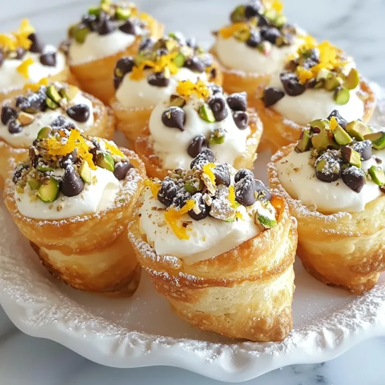 - 1 package of mini phyllo cups (15-18 cups) - 1 cup ricotta cheese (drained) - 1 cup mascarpone cheese - 1/2 cup powdered sugar - 1 teaspoon vanilla extract - 1/2 teaspoon ground cinnamon - 1/4 cup mini chocolate chips - Zest of 1 orange - 1/4 cup chopped pistachios (for garnish) - Additional powdered sugar (for dusting) You can switch out the ricotta with cream cheese for a richer taste. If you want a lighter option, use Greek yogurt instead of mascarpone. For a sweet touch, use honey instead of powdered sugar. If you don’t like cinnamon, try nutmeg or cardamom for a different flavor. - Cheese: Use fresh ricotta and mascarpone. They should be creamy and smooth. - Phyllo Cups: Check for crispy, golden cups. They should not be stale or broken. - Powdered Sugar: Choose a fine powder to ensure a smooth texture. - Chocolate Chips: Go for high-quality mini chocolate chips for more flavor. - Zest: Use fresh oranges for zest. This adds a bright, natural flavor. By picking quality ingredients, you make your mini cannoli cups taste even better. Enjoy making these fun treats! {{ingredient_image_1}} Start by mixing your cheeses. In a bowl, add one cup of ricotta cheese and one cup of mascarpone cheese. Make sure you drain the ricotta first. Next, add half a cup of powdered sugar, one teaspoon of vanilla extract, and half a teaspoon of ground cinnamon. Mix it well until it’s smooth and creamy. This step is key for a rich filling. Then, gently fold in a quarter cup of mini chocolate chips and the zest of one orange. The zest adds a bright flavor you will love. Now it’s time to fill the phyllo cups. Grab a piping bag or a plastic bag with a small hole cut in one corner. Fill each mini phyllo cup generously with the creamy filling. Don’t be shy—make them look nice and full! Once all the cups are filled, sprinkle chopped pistachios on top for crunch. Then, dust them lightly with more powdered sugar for a beautiful finish. Place your filled cups in the fridge for at least thirty minutes. This chilling time helps the flavors mix well and makes them taste even better. When you’re ready to serve, arrange the cups on a nice platter. For added flair, scatter some extra chocolate chips and orange zest around the cups. Your guests will be impressed! To make the best cannoli cream, start with quality cheeses. Use fresh ricotta and mascarpone. Make sure to drain the ricotta well to avoid excess water. Mix both cheeses with powdered sugar, vanilla, and cinnamon. Blend until smooth, but do not overmix. Gently fold in mini chocolate chips and orange zest last. This keeps the chips whole and adds a fresh burst. One common mistake is using wet ricotta cheese. It can make the cream too runny. Always drain it well. Another mistake is overfilling the cups. Leave a little space at the top to prevent spilling. Do not skip chilling the cups. This helps the flavors blend and firms up the cream. I suggest serving one mini cannoli cup per person. They are rich and filling. For a nice touch, use a decorative platter. Arrange the cups in a circle or line. Scatter extra chocolate chips and orange zest around for color. A light dusting of powdered sugar adds a sweet look too. Enjoy your beautiful dessert! Pro Tips Use Fresh Ingredients: Ensure your ricotta and mascarpone are fresh for the creamiest texture and best flavor. Chill Before Serving: Chilling the filled cups for at least 30 minutes enhances the flavors and helps the filling set better. Experiment with Flavors: Feel free to add other flavorings like almond extract or lemon zest for a unique twist on the classic cannoli. Presentation Matters: Arrange your cups on a beautiful platter and consider garnishing with fresh berries or mint leaves for added color. {{image_2}} You can change the filling for mini cannoli cups to match your taste. Try adding different flavors to the ricotta and mascarpone mix. Here are some ideas: - Coffee: Mix in 1 tablespoon of espresso powder for a rich coffee flavor. - Chocolate: Use chocolate ricotta or add cocoa powder to the cream. - Fruit: Add pureed strawberries or peaches for a fruity twist. - Nutty: Stir in almond or hazelnut extract for a nutty flavor. These options let you get creative and make the dessert your own! Garnishes can make your mini cannoli cups look even better. Here are some fun ideas: - Berries: Top with fresh raspberries or blueberries for a burst of color. - Coconut: Sprinkle toasted coconut flakes for added texture. - Caramel: Drizzle caramel sauce for a sweet finish. - Mint: Add fresh mint leaves for a pop of green and fresh flavor. These toppings offer variety and make each bite special! You can easily adapt mini cannoli cups for different diets. Here’s how: - Gluten-Free: Use gluten-free phyllo cups. Make sure the filling ingredients are also gluten-free. - Vegan: Replace ricotta and mascarpone with vegan cream cheese or cashew cream. Use maple syrup instead of powdered sugar. These adjustments allow everyone to enjoy this tasty treat! To keep mini cannoli cups fresh, store them in an airtight container. Use a container that fits the cups snugly. This helps prevent them from getting soggy. Place a layer of parchment paper between the layers if you stack them. Keep the container in the fridge. Avoid leaving them out at room temperature for long. Mini cannoli cups last about 2 to 3 days in the fridge. After that, the filling may start to lose its creaminess. The phyllo cups will also get softer. For the best taste and texture, enjoy them within this time frame. You can freeze the filling separately from the phyllo cups. Store the filling in a freezer-safe bag or container. This way, you can enjoy fresh cannoli cups later. Thaw the filling in the fridge overnight before using it. Fill the phyllo cups just before serving for the best crunch. Yes, you can use store-bought ingredients. For example, you can buy pre-made mini phyllo cups. You can also find ricotta and mascarpone cheese in many stores. Using store-bought items saves time. Just check for quality to ensure great taste. You can prepare the filling a day ahead. Store it in the fridge in an airtight container. Fill the phyllo cups just before serving. This keeps the cups crisp and fresh. It's a great way to save time for parties. The best way to fill phyllo cups is by using a piping bag. If you don’t have one, a plastic sandwich bag works too. Just cut a small corner off. Fill each cup generously for a tasty bite. Absolutely! You can add different flavors to the filling. Try mixing in fruit, nuts, or spices. You can also swap the chocolate chips for dried fruit. Customizing makes each cup unique and fun! You learned about mini cannoli cups, from ingredients to storage. Quality ingredients make a big difference in flavor. Follow the tips for perfect filling and avoid common mistakes for great results. Don’t hesitate to customize your mini cups for fun flavors. Remember, these treats can be stored or frozen for later enjoyment. Now, get ready to impress with your new cannoli skills! Enjoy creating and sharing these delicious desserts.