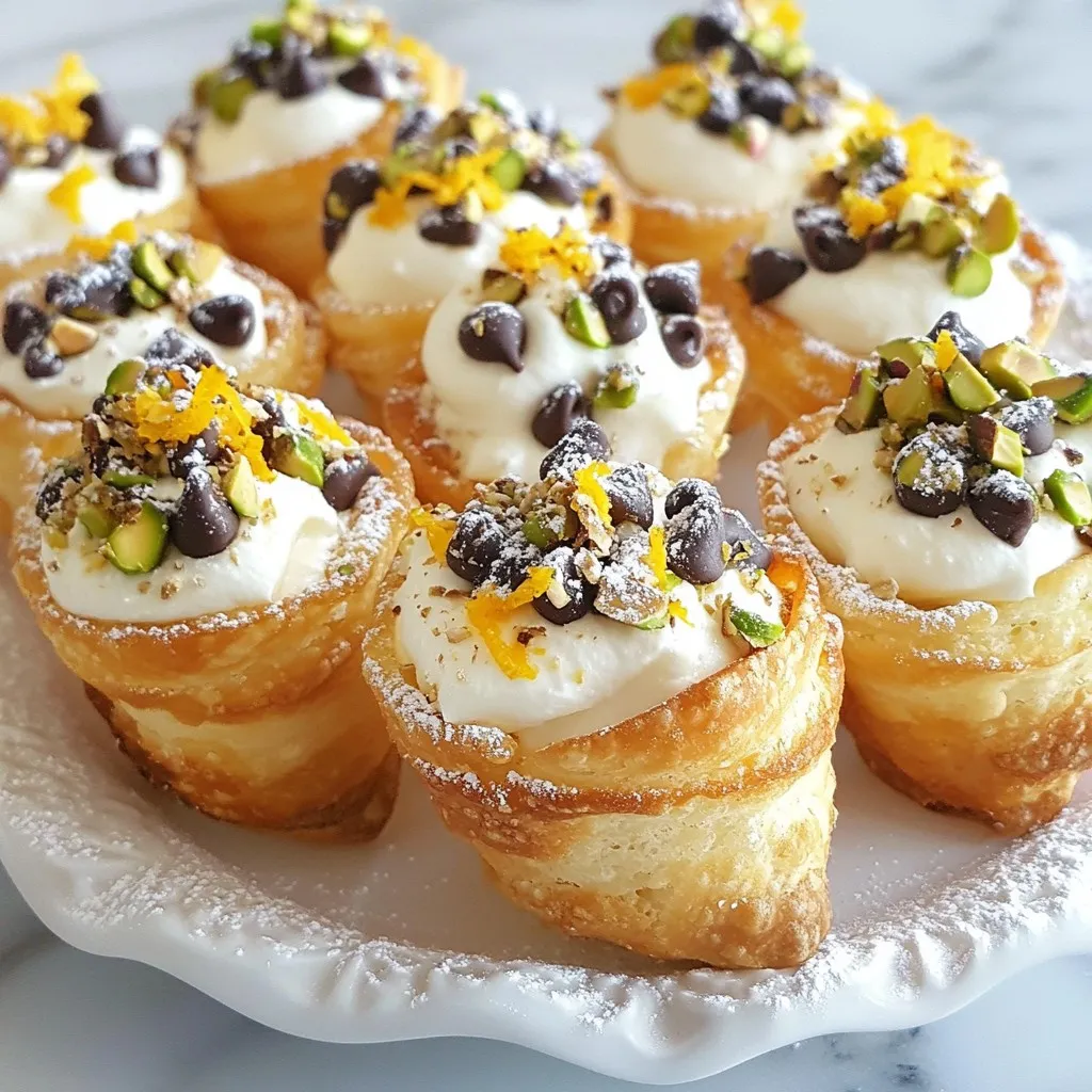 - 1 package of mini phyllo cups (15-18 cups) - 1 cup ricotta cheese (drained) - 1 cup mascarpone cheese - 1/2 cup powdered sugar - 1 teaspoon vanilla extract - 1/2 teaspoon ground cinnamon - 1/4 cup mini chocolate chips - Zest of 1 orange - 1/4 cup chopped pistachios (for garnish) - Additional powdered sugar (for dusting) You can switch out the ricotta with cream cheese for a richer taste. If you want a lighter option, use Greek yogurt instead of mascarpone. For a sweet touch, use honey instead of powdered sugar. If you don’t like cinnamon, try nutmeg or cardamom for a different flavor. - Cheese: Use fresh ricotta and mascarpone. They should be creamy and smooth. - Phyllo Cups: Check for crispy, golden cups. They should not be stale or broken. - Powdered Sugar: Choose a fine powder to ensure a smooth texture. - Chocolate Chips: Go for high-quality mini chocolate chips for more flavor. - Zest: Use fresh oranges for zest. This adds a bright, natural flavor. By picking quality ingredients, you make your mini cannoli cups taste even better. Enjoy making these fun treats! {{ingredient_image_1}} Start by mixing your cheeses. In a bowl, add one cup of ricotta cheese and one cup of mascarpone cheese. Make sure you drain the ricotta first. Next, add half a cup of powdered sugar, one teaspoon of vanilla extract, and half a teaspoon of ground cinnamon. Mix it well until it’s smooth and creamy. This step is key for a rich filling. Then, gently fold in a quarter cup of mini chocolate chips and the zest of one orange. The zest adds a bright flavor you will love. Now it’s time to fill the phyllo cups. Grab a piping bag or a plastic bag with a small hole cut in one corner. Fill each mini phyllo cup generously with the creamy filling. Don’t be shy—make them look nice and full! Once all the cups are filled, sprinkle chopped pistachios on top for crunch. Then, dust them lightly with more powdered sugar for a beautiful finish. Place your filled cups in the fridge for at least thirty minutes. This chilling time helps the flavors mix well and makes them taste even better. When you’re ready to serve, arrange the cups on a nice platter. For added flair, scatter some extra chocolate chips and orange zest around the cups. Your guests will be impressed! To make the best cannoli cream, start with quality cheeses. Use fresh ricotta and mascarpone. Make sure to drain the ricotta well to avoid excess water. Mix both cheeses with powdered sugar, vanilla, and cinnamon. Blend until smooth, but do not overmix. Gently fold in mini chocolate chips and orange zest last. This keeps the chips whole and adds a fresh burst. One common mistake is using wet ricotta cheese. It can make the cream too runny. Always drain it well. Another mistake is overfilling the cups. Leave a little space at the top to prevent spilling. Do not skip chilling the cups. This helps the flavors blend and firms up the cream. I suggest serving one mini cannoli cup per person. They are rich and filling. For a nice touch, use a decorative platter. Arrange the cups in a circle or line. Scatter extra chocolate chips and orange zest around for color. A light dusting of powdered sugar adds a sweet look too. Enjoy your beautiful dessert! Pro Tips Use Fresh Ingredients: Ensure your ricotta and mascarpone are fresh for the creamiest texture and best flavor. Chill Before Serving: Chilling the filled cups for at least 30 minutes enhances the flavors and helps the filling set better. Experiment with Flavors: Feel free to add other flavorings like almond extract or lemon zest for a unique twist on the classic cannoli. Presentation Matters: Arrange your cups on a beautiful platter and consider garnishing with fresh berries or mint leaves for added color. {{image_2}} You can change the filling for mini cannoli cups to match your taste. Try adding different flavors to the ricotta and mascarpone mix. Here are some ideas: - Coffee: Mix in 1 tablespoon of espresso powder for a rich coffee flavor. - Chocolate: Use chocolate ricotta or add cocoa powder to the cream. - Fruit: Add pureed strawberries or peaches for a fruity twist. - Nutty: Stir in almond or hazelnut extract for a nutty flavor. These options let you get creative and make the dessert your own! Garnishes can make your mini cannoli cups look even better. Here are some fun ideas: - Berries: Top with fresh raspberries or blueberries for a burst of color. - Coconut: Sprinkle toasted coconut flakes for added texture. - Caramel: Drizzle caramel sauce for a sweet finish. - Mint: Add fresh mint leaves for a pop of green and fresh flavor. These toppings offer variety and make each bite special! You can easily adapt mini cannoli cups for different diets. Here’s how: - Gluten-Free: Use gluten-free phyllo cups. Make sure the filling ingredients are also gluten-free. - Vegan: Replace ricotta and mascarpone with vegan cream cheese or cashew cream. Use maple syrup instead of powdered sugar. These adjustments allow everyone to enjoy this tasty treat! To keep mini cannoli cups fresh, store them in an airtight container. Use a container that fits the cups snugly. This helps prevent them from getting soggy. Place a layer of parchment paper between the layers if you stack them. Keep the container in the fridge. Avoid leaving them out at room temperature for long. Mini cannoli cups last about 2 to 3 days in the fridge. After that, the filling may start to lose its creaminess. The phyllo cups will also get softer. For the best taste and texture, enjoy them within this time frame. You can freeze the filling separately from the phyllo cups. Store the filling in a freezer-safe bag or container. This way, you can enjoy fresh cannoli cups later. Thaw the filling in the fridge overnight before using it. Fill the phyllo cups just before serving for the best crunch. Yes, you can use store-bought ingredients. For example, you can buy pre-made mini phyllo cups. You can also find ricotta and mascarpone cheese in many stores. Using store-bought items saves time. Just check for quality to ensure great taste. You can prepare the filling a day ahead. Store it in the fridge in an airtight container. Fill the phyllo cups just before serving. This keeps the cups crisp and fresh. It's a great way to save time for parties. The best way to fill phyllo cups is by using a piping bag. If you don’t have one, a plastic sandwich bag works too. Just cut a small corner off. Fill each cup generously for a tasty bite. Absolutely! You can add different flavors to the filling. Try mixing in fruit, nuts, or spices. You can also swap the chocolate chips for dried fruit. Customizing makes each cup unique and fun! You learned about mini cannoli cups, from ingredients to storage. Quality ingredients make a big difference in flavor. Follow the tips for perfect filling and avoid common mistakes for great results. Don’t hesitate to customize your mini cups for fun flavors. Remember, these treats can be stored or frozen for later enjoyment. Now, get ready to impress with your new cannoli skills! Enjoy creating and sharing these delicious desserts.