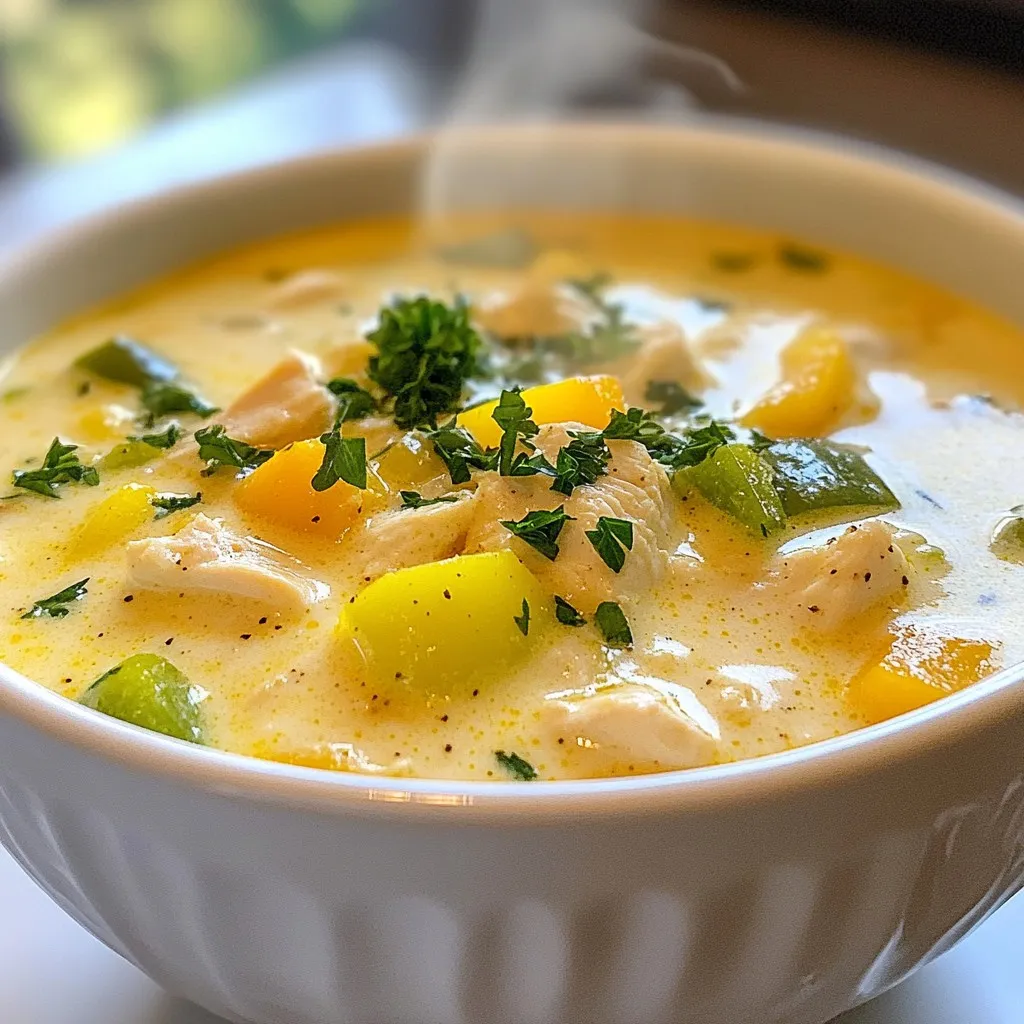 To make this creamy Cajun chicken soup, gather these ingredients: - 1 lb (450g) boneless, skinless chicken breast, diced - 1 tablespoon olive oil - 1 medium onion, diced - 2 cloves garlic, minced - 1 green bell pepper, diced - 1 yellow bell pepper, diced - 1 cup celery, diced - 1 can (14 oz) diced tomatoes, with juice - 4 cups chicken broth - 1 cup heavy cream - 2 tablespoons Cajun seasoning - 1 teaspoon smoked paprika - Salt and pepper to taste - 2 tablespoons fresh parsley, chopped (for garnish) You can add these garnishes to make your soup shine: - Fresh parsley for color and flavor - Crusty bread for dipping - A sprinkle of additional Cajun seasoning for extra spice This creamy Cajun chicken soup is hearty and satisfying. Here’s a quick look at its nutrition per serving: - Calories: About 400 - Protein: 30g - Fat: 25g - Carbohydrates: 15g - Fiber: 2g - Sugars: 3g This soup gives a great balance of protein and flavor. It's rich and filling without being too heavy. {{ingredient_image_1}} Start by heating a large pot over medium heat. Add one tablespoon of olive oil. When the oil is hot, add one pound of diced chicken. Season the chicken with salt and pepper. Cook it for about 5 to 7 minutes. You want the chicken to brown nicely on all sides. Once browned, remove the chicken from the pot and set it aside. This step builds flavor in your soup. In the same pot, toss in the diced onion, minced garlic, and the green and yellow bell peppers. You also need to add one cup of diced celery. Sauté these veggies for about 5 to 6 minutes. Cook until they are soft and fragrant. This mix brings a sweet and savory base to your soup. The smells will make your kitchen feel warm and inviting. Now it’s time to add some bold flavors. Stir in two tablespoons of Cajun seasoning and one teaspoon of smoked paprika. Cook these spices for one minute to wake up their flavors. Next, add one can of diced tomatoes with their juice and four cups of chicken broth. Bring this mixture to a boil. Once it boils, lower the heat and let it simmer for 15 minutes. After simmering, return the browned chicken to the pot. Now, stir in one cup of heavy cream. Let the soup simmer on low for another 10 minutes. This helps the soup thicken and become creamy. Taste it and adjust the seasoning if needed. When you serve it, sprinkle fresh parsley on top. This adds a nice touch and a burst of color. To make your soup nice and creamy, use heavy cream. It adds rich flavor. Pour it in after the chicken simmers. This helps the soup blend well. Stir gently to mix it in. If you want it thicker, simmer longer. You can also add a cornstarch slurry. Just mix cornstarch with cold water and stir it in. Cajun seasoning is key to flavor. Start with two tablespoons, but taste as you go. Smoked paprika adds a nice touch, too. Don’t forget salt and pepper. Always season the chicken before cooking. It helps lock in the flavor. When adding veggies, sprinkle a bit of salt. This brings out their natural taste. One mistake is overcooking the chicken. It can become dry and tough. Cook it until browned, then set it aside. Another mistake is not letting the soup simmer. Simmering helps the flavors mix well. Finally, don't skip the garnishing step. Fresh parsley gives it a pop of color and taste. Pro Tips Use Bone-in Chicken: For a richer flavor, consider using bone-in chicken thighs instead of breast. This will enhance the depth of the soup. Homemade Cajun Seasoning: If you have the time, make your own Cajun seasoning. It’s simple and allows you to customize the spice level to your liking. Vegetable Variations: Feel free to add other vegetables like corn or zucchini for added texture and flavor. The more, the merrier! Thicker Soup: If you prefer a thicker soup, mix a tablespoon of cornstarch with a little water and stir it in during the last 10 minutes of cooking. {{image_2}} To make this soup vegetarian, swap the chicken for hearty vegetables. You can use diced potatoes, carrots, or mushrooms for texture. Also, replace chicken broth with vegetable broth. Adding canned chickpeas boosts protein. For creaminess, use coconut milk or cashew cream. These swaps maintain the rich flavors while keeping it plant-based. You control the heat in this recipe. If you like mild spice, reduce the Cajun seasoning to one tablespoon. For a kick, add more seasoning or a dash of hot sauce. Jalapeños or crushed red pepper also work well. Taste as you go to find your perfect level of spice. This soup is flexible with proteins. If you're not a chicken fan, try shrimp or sausage. Cook shrimp until pink, then add them near the end. For sausage, slice it and brown it before adding to the pot. Each protein brings its unique flavor, making the soup your own. To store leftover soup, let it cool first. Transfer it to an airtight container. This keeps the soup fresh. Place it in the fridge if you plan to eat it soon. It will stay good for about 3 to 4 days. If you want to keep it longer, freezing is a great option. When you're ready to enjoy the soup again, pour it into a pot. Heat it over medium heat. Stir it often to avoid sticking. If the soup is too thick, add a little chicken broth or water. Heat until it’s hot throughout. You can also use a microwave if you prefer. Just cover it and heat in short bursts, stirring in between. To freeze the soup, pour it into freezer-safe containers. Leave some space at the top for expansion. The soup can last in the freezer for up to 3 months. When you want to eat it, move it to the fridge to thaw overnight. Reheat as instructed above. Enjoy that creamy Cajun flavor anytime! Yes, you can use frozen chicken breast. Just make sure to thaw it first. You can do this in the fridge overnight or in cold water for a quicker method. Diced, the chicken cooks evenly and blends with the flavors in the soup. If you need a substitute for heavy cream, try using half-and-half or whole milk. You can also use coconut milk for a dairy-free option. Just remember, these alternatives will make the soup less creamy but still tasty. Yes, this recipe is gluten-free. All the ingredients, like chicken broth and spices, are safe for those with gluten allergies. Just double-check the brand of chicken broth to be sure. To spice up the soup, add more Cajun seasoning or some cayenne pepper. You can also toss in chopped jalapeños for extra heat. Just add a little at a time, so you find your perfect spice level. In this post, we explored the ingredients, step-by-step instructions, and tips for making a creamy chicken soup. We discussed variations and how to store leftovers. The key to a great soup is using fresh ingredients and proper seasoning. By following these steps, you can enjoy a delicious meal that's easy to prepare. Don’t hesitate to experiment with flavors and make it your own. Happy cooking!