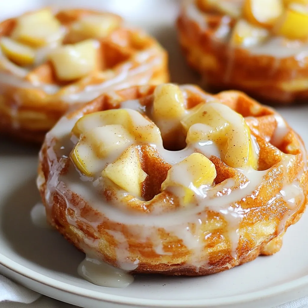 - 2 cups all-purpose flour - 1 tablespoon baking powder - 1 teaspoon cinnamon - 1/2 teaspoon nutmeg - 1/4 teaspoon salt - 1/3 cup granulated sugar - 1 cup buttermilk - 2 large eggs - 1 teaspoon vanilla extract - 1/3 cup unsalted butter, melted - 2 large apples, peeled and diced (preferably Granny Smith) - Vegetable oil for frying - Glaze: 1 cup powdered sugar, 2 tablespoons milk, 1/2 teaspoon vanilla extract When making Apple Fritter Waffle Donuts, you need good ingredients. The dry ones form the base. Start with the all-purpose flour. It gives the donuts structure. Baking powder makes them rise and fluff up. Cinnamon and nutmeg add warmth and spice, while salt enhances flavor. The sugar gives a nice sweetness. For the wet ingredients, buttermilk is key. It keeps the batter moist. Eggs add richness and help bind everything together. Vanilla extract gives a lovely aroma. Don’t forget the melted butter for a nice, rich taste. Now, let’s talk about the apples. Diced Granny Smith apples work best. They have a tart flavor that balances the sweetness. You’ll also need some vegetable oil for frying. This ensures a crispy outside. To finish, prepare a simple glaze. Mix powdered sugar, milk, and vanilla for a smooth coating. This mix of ingredients creates a delicious treat. Each one plays a role in making the donuts soft, sweet, and full of apple flavor. {{ingredient_image_1}} 1. First, take a large bowl. Add 2 cups of all-purpose flour, 1 tablespoon of baking powder, 1 teaspoon of cinnamon, 1/2 teaspoon of nutmeg, 1/4 teaspoon of salt, and 1/3 cup of granulated sugar. Whisk these dry ingredients together until they are mixed well. 2. In another bowl, mix 1 cup of buttermilk, 2 large eggs, 1 teaspoon of vanilla extract, and 1/3 cup of melted unsalted butter. Stir this wet mixture until smooth. 3. Slowly add the wet mixture to the dry ingredients. Mix gently until just combined. This means some lumps are okay. 4. Next, take 2 diced apples, preferably Granny Smith, and fold them into the batter. Make sure the apple pieces are evenly spread. 1. Preheat your waffle maker according to the manufacturer's guide. 2. Once it’s hot, lightly grease the plates with cooking spray or a small amount of oil. 3. Pour about 1/4 cup of batter into the center of the waffle maker. Don’t overfill it! Close the lid and cook for 3-4 minutes. Check for a golden brown color. 4. Carefully take the waffle out and let it cool slightly on a wire rack. This helps it stay crisp. 1. Heat vegetable oil in a deep pot to 350°F (175°C) for frying. 2. Take each cooled waffle donut and fry it for about 30 seconds on each side. Look for a golden brown color. 3. While frying, mix 1 cup of powdered sugar, 2 tablespoons of milk, and 1/2 teaspoon of vanilla extract in a small bowl. Stir until smooth. This is your glaze. 4. Once fried, place the donuts on paper towels to drain. Dip each warm donut into the glaze, letting the extra drip off. 5. Set the glazed donuts back on the wire rack to let the glaze set. To get the best waffle texture, use fresh ingredients. Measure flour precisely. Too much flour makes them dense. Use a kitchen scale for accuracy. The right balance makes a light, fluffy waffle donut. For a smooth glaze, mix powdered sugar and milk well. Use a whisk for a lump-free mix. Dip each warm waffle donut into the glaze. Let the excess drip off before placing them on a rack. Add toppings like chopped nuts or sprinkles for extra flavor. Serve your Apple Fritter Waffle Donuts on a rustic platter. Drizzle extra glaze on top. A sprinkle of cinnamon adds a nice touch. Pair them with coffee or apple cider for a perfect snack. Enjoying them with vanilla ice cream is a great option too. Pro Tips Choose the Right Apples: Granny Smith apples are ideal due to their tartness, which balances the sweetness of the donuts, but feel free to mix in other varieties for added flavor. Don't Overmix the Batter: To ensure light and fluffy waffles, mix the wet and dry ingredients until just combined. A few lumps are perfectly fine! Control the Frying Temperature: Maintaining the oil temperature at 350°F (175°C) is crucial for achieving a crispy exterior without overcooking the inside. Let the Glaze Set: Allow the glazed donuts to rest on a wire rack for a few minutes to let the glaze harden slightly for a beautiful finish. {{image_2}} You can easily change the taste of your Apple Fritter Waffle Donuts. Adding nuts gives them a nice crunch. Chopped walnuts or pecans work great. You might also try adding other fruits. Berries can add a sweet twist. Dried fruit, like raisins, can add a fun flavor too. Spices can also change the game. You can use cardamom or ginger for a warm touch. Try adding a pinch of allspice for depth. Each spice brings a unique flavor. So, mix and match to find your favorite blend! If you need gluten-free options, it's easy to make them work. Substitute regular flour with gluten-free flour. This swap keeps the texture light and fluffy. Just make sure to use a blend that works well in baking. For vegan substitutions, replace eggs with flaxseed meal. Mix one tablespoon of flaxseed meal with three tablespoons of water. Let it sit for five minutes to thicken. Use plant-based milk instead of buttermilk. Almond or oat milk works well. Your waffle donuts will still taste great! You can also make these delights in smaller sizes. Miniature versions are fun for parties. Just use less batter in the waffle maker. They cook quickly and are perfect for snacking. For a unique twist, try making waffle donut cakes. Stack several waffles to create layers. Add frosting or glaze between the layers. This style is impressive and perfect for special occasions. Enjoy experimenting with these variations! To keep your Apple Fritter Waffle Donuts fresh, place them in an airtight container. This helps to lock in moisture and flavor. You can stack them, but place parchment paper between layers to prevent sticking. If you have a lot, use a bigger container or split them into smaller ones. To reheat, use an oven for the best taste. Preheat the oven to 350°F (175°C). Place the donuts on a baking sheet and heat for about 5-7 minutes. This keeps them crisp. Avoid microwaving, as it can make them soggy. Always check them to ensure they don’t overcook. You can freeze the donuts before or after frying. If you freeze them before frying, place the batter in a freezer-safe container. If you freeze them after frying, let them cool first. Wrap each donut in plastic wrap and then place them in a freezer bag. For thawing, leave them in the fridge overnight. Reheat them in the oven for the best taste. Apple fritter waffle donuts are a fun twist on classic apple fritters. They mix the flavors of apples and spices into a waffle shape. The result is a sweet, soft treat that you can fry and glaze. This dessert combines the best parts of donuts and waffles. They became popular because they are easy to make and fun to eat. Plus, who doesn’t love the taste of warm apples and cinnamon? Yes, you can prep apple fritter waffle donuts in advance. You can mix the batter a few hours before cooking. Just keep it covered in the fridge. If you want to fry them later, cook them fresh. For storage, keep any leftover donuts in an airtight container. They taste best when served warm, so reheat them in an oven. For this recipe, I recommend using Granny Smith apples. They add a nice tartness that balances the sweetness. Other good choices are Honeycrisp or Fuji apples. Each apple brings a different flavor and texture. Granny Smith gives a firm bite, while Honeycrisp is juicy and sweet. Experiment with different types to find your favorite! In this post, we explored how to make delicious apple fritter waffle donuts. We covered the right ingredients and shared step-by-step instructions. Cooking techniques and tips for perfect texture were also included. You can even make variations to suit your taste or dietary needs. Finally, we covered how to store and reheat your treats. With these tips, you can enjoy tasty waffle donuts anytime. Get cooking and enjoy this fun twist on a classic treat!