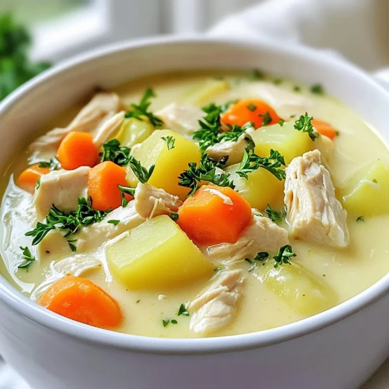 - 1 pound boneless, skinless chicken breasts, diced - 2 tablespoons olive oil - 1 medium onion, chopped - 2 cloves garlic, minced - 3 medium carrots, diced - 2 stalks celery, diced - 4 cups chicken broth - 1 cup frozen peas - 3 medium potatoes, peeled and diced - 1 teaspoon dried thyme - 1 teaspoon dried rosemary - Salt and pepper to taste - 1 cup heavy cream - 2 tablespoons all-purpose flour - Fresh parsley, chopped (for garnish) - Optional: Puff pastry or biscuit dough for topping When I make Chicken Pot Pie Soup, I love using fresh and simple ingredients. The chicken is the star of the show. I recommend using boneless, skinless chicken breasts. They cook quickly and stay tender. Next, I add a mix of vegetables. I start with onion and garlic for flavor. Carrots and celery bring a nice crunch. Potatoes add heartiness. I often choose medium-sized potatoes. They cook well and blend nicely with the soup. For the broth, I use chicken broth. It gives a rich taste. I always add frozen peas at the end. They bring a pop of color and sweetness. Herbs like thyme and rosemary make the soup smell great. I sprinkle salt and pepper to taste. For creaminess, I use heavy cream and flour. This combo thickens the soup just right. Finally, I like to top my soup. You can use puff pastry or biscuit dough for a crispy touch. Fresh parsley adds a nice green finish. It makes the soup look and taste fresh. {{ingredient_image_1}} Start by heating 2 tablespoons of olive oil in a large pot over medium heat. Once hot, add 1 pound of diced chicken. Cook the chicken until it turns golden brown, about 5 to 7 minutes. This step adds great flavor to your soup. After browning, remove the chicken from the pot and set it aside. Keeping the chicken juices in the pot will enhance the soup's taste. Next, in the same pot, add 1 medium chopped onion and 2 minced garlic cloves. Sauté these for about 2 to 3 minutes until the onion becomes soft and clear. This step builds a solid base for your soup. Afterward, toss in 3 diced carrots and 2 stalks of diced celery. Cook the mixture for another 5 minutes. You want the vegetables to start softening but still have a little crunch. Now it’s time to add depth to your soup. Stir in 3 peeled and diced medium potatoes along with 4 cups of chicken broth. Season the mixture with 1 teaspoon each of dried thyme and rosemary, and add salt and pepper to taste. Bring the soup to a boil, then reduce the heat to low. Let it simmer for about 15 minutes until the potatoes are tender. This allows all the flavors to blend beautifully. Return the cooked chicken to the pot. In a small bowl, whisk together 1 cup of heavy cream and 2 tablespoons of all-purpose flour until smooth. Gradually stir this mix into the soup. This will thicken the soup nicely in about 5 minutes. Finally, add 1 cup of frozen peas and cook for another 2 minutes until they are heated through. If you want, you can adjust the seasoning here. For a fun touch, serve with puff pastry or biscuit dough on top, following package instructions. Enjoy your hearty meal! You can easily change the protein in your soup. Try turkey or even shrimp. Both add a nice twist. You may also use plant-based chicken if you want a veggie option. For vegetables, swap in your favorites. Zucchini, green beans, or corn all work well. This soup is your canvas. Feel free to get creative! If you want a gluten-free soup, use cornstarch instead of flour. Mix it with cold water before adding it to the soup. This method works great for thickening. For a lighter version of the soup, look for cream alternatives. Coconut cream or cashew cream can give you a nice flavor without the heaviness. They also add a unique twist! Pair your soup with crusty bread. A warm baguette or sourdough makes a great match. You can also serve it with biscuits for a fun twist. For garnishing, fresh parsley adds color and flavor. You can also sprinkle some paprika for a pop of color. If you use puff pastry, place it on top for a beautiful finish. Pro Tips Use Leftover Rotisserie Chicken: For an even quicker version, substitute the diced chicken with shredded rotisserie chicken. This will save you time and add extra flavor. Add a Dash of Hot Sauce: If you enjoy a little heat, consider adding a dash of your favorite hot sauce while the soup simmers for a spicy kick. Make It a Freezer Meal: This soup freezes well! Prepare a double batch and freeze half for a convenient meal on a busy day. Experiment with Herbs: Feel free to mix in fresh herbs like dill or parsley at the end for a fresh flavor twist. {{image_2}} To make your soup even creamier, you can adjust the cream quantities. If you want a richer taste, add more heavy cream. For a lighter version, use less or switch to half-and-half. You can also try using different dairy alternatives. Coconut milk gives a sweet twist. Almond milk offers a nutty flavor, while oat milk is creamy and mild. For a vegan or vegetarian soup, you can swap out the chicken. Try using chickpeas or lentils as protein sources. They add texture and flavor. For the broth, use vegetable broth instead of chicken broth. This keeps the soup rich and savory without meat. Add extra vegetables like mushrooms, corn, or green beans to enhance the dish. If you like heat, make a spicy chicken pot pie soup. You can add heat with spices like cayenne pepper or crushed red pepper flakes. Start small and taste as you go. If you want more heat, add hot sauce or diced jalapeños. This gives your soup a nice kick and makes it exciting! To keep your chicken pot pie soup fresh, refrigerate it. Place the soup in an airtight container. Make sure to let it cool before sealing. This helps prevent condensation. A glass or plastic container works well for storing. Use a container that fits the amount of soup you have. This will save space in your fridge. You can freeze chicken pot pie soup for later. First, let it cool completely. Then, pour the soup into freezer-safe bags or containers. Remove as much air as possible before sealing. This helps prevent freezer burn. When you're ready to eat, thaw the soup overnight in the fridge. Reheat it on the stove or in the microwave until hot. Stir well to ensure even heating. In the fridge, your chicken pot pie soup lasts about 3 to 4 days. If you freeze it, it can last up to 3 months. After that, the flavor may fade. Always check for any off smells or changes in color before eating. Proper storage keeps your soup tasty and safe to eat. To make Chicken Pot Pie Soup gluten-free, you need to swap out regular flour. You can use cornstarch or gluten-free all-purpose flour as a thickener. Both work well to ensure your soup stays creamy without gluten. Just mix the cornstarch with a little cold water before adding it to your soup. This step will help avoid lumps. For the broth, always check the label to ensure it is gluten-free. Many brands offer gluten-free chicken broth. You can also make your own broth from scratch using chicken and vegetables. Yes, you can prepare Chicken Pot Pie Soup ahead of time. Cook the soup as directed, then let it cool. Store it in an airtight container in the fridge for up to three days. This soup actually tastes better the next day as the flavors meld. When you're ready to eat, simply reheat it on the stove over low heat. Stir it often to prevent sticking. If the soup seems too thick, add a bit of broth or water to reach your desired consistency. To make your Chicken Pot Pie Soup creamier, consider adding more heavy cream. You can start with an extra half cup. This will enhance the rich flavor. If you want a lighter option, use half-and-half or whole milk. Another option is to add cream cheese or sour cream. These ingredients create a smooth texture. Just stir them in at the end of cooking to combine well. You’ve learned how to make a delicious Chicken Pot Pie Soup. We covered the key ingredients, from chicken to veggies, and shared a step-by-step guide. You can customize your soup with easy tips, explore fun variations, and store leftovers correctly. Making this soup from scratch is rewarding. It warms you up and brings joy to your meal. Enjoy experimenting with flavors and find your favorite version! Keep sharing your creations and love for cooking.