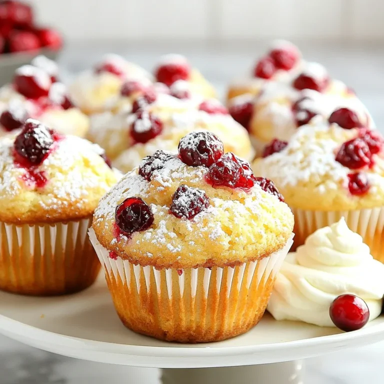 To make cranberry sauce muffins, you will need simple ingredients that blend well together. - 1 cup cranberry sauce (store-bought or homemade) - 1/2 cup granulated sugar - 1/2 cup brown sugar, packed - 1/2 cup unsalted butter, melted - 2 large eggs - 1 teaspoon vanilla extract - 1 1/2 cups all-purpose flour - 1 teaspoon baking soda - 1/2 teaspoon baking powder - 1/4 teaspoon salt - 1 teaspoon cinnamon - 1/2 cup chopped walnuts or pecans (optional) - Zest of 1 orange (optional) The cranberry sauce gives these muffins a delicious tartness. You can use store-bought sauce or make your own. If you want to add some crunch, include chopped walnuts or pecans. The orange zest adds a bright flavor that pairs well with cranberries. If you prefer a more traditional muffin, you can leave it out. Using both granulated and brown sugar gives the muffins a nice sweetness and depth. The butter adds moisture, while the eggs help bind everything together. Baking soda and baking powder ensure the muffins rise well. The cinnamon adds warmth and makes the muffins smell divine while baking. Gather your ingredients, and get ready to bake some tasty muffins! {{ingredient_image_1}} 1. Start by preheating your oven to 350°F (175°C). This makes sure your muffins bake evenly. 2. Line a muffin tin with paper liners or grease it with cooking spray. This helps with easy removal. 3. In a large bowl, mix melted butter, granulated sugar, and brown sugar. Stir until it is smooth. 4. Add the eggs one at a time. Beat well after each egg to blend everything. 5. Pour in the vanilla extract and cranberry sauce. Stir until the mixture is smooth and well combined. 6. In a separate bowl, whisk together all-purpose flour, baking soda, baking powder, salt, cinnamon, and orange zest if you’re using it. This helps to mix the dry ingredients well. 7. Gradually fold the dry ingredients into the wet mixture. Mix just until incorporated. Do not over-mix. 8. If you want, add chopped walnuts or pecans for a nice crunch. 1. Spoon the batter into the prepared muffin tins. Fill each cup about 2/3 full. This gives the muffins room to rise. 2. Bake in the preheated oven for 18-22 minutes. Keep an eye on them as they cook. 3. To check for doneness, insert a toothpick into the center of a muffin. If it comes out clean, your muffins are ready. 4. Let the muffins cool in the tin for 5 minutes. Then, transfer them to a wire rack to cool completely. To bake perfect cranberry sauce muffins, keep these tips in mind: - Use room temperature ingredients: This helps the batter mix well. - Don’t overmix the batter: Stir gently until just combined for fluffy muffins. - Fill muffin cups correctly: Fill them about 2/3 full to allow rising. Common mistakes can ruin your muffins: - Skipping the preheating step: Always preheat your oven to ensure even baking. - Using expired baking soda or powder: Check dates for freshness to help muffins rise. - Not letting muffins cool: Cooling them in the pan too long can make them soggy. Want to keep your muffins fresh? Here’s how: - Store leftovers in an airtight container: This keeps them moist and tasty. - Refrigerate if needed: For longer storage, place them in the fridge. To reheat muffins: - Use the oven for best results: Preheat to 350°F and heat for about 5-10 minutes. - Microwave for a quick fix: Heat one muffin at a time for 10-15 seconds. These tips will help you enjoy your cranberry sauce muffins longer! Pro Tips Use Fresh Cranberries: If you want to make your muffins extra tart and flavorful, consider using fresh cranberries instead of sauce. Just chop them coarsely and fold them into the batter. Don’t Overmix: When combining the wet and dry ingredients, mix just until incorporated. Overmixing can lead to dense muffins, so a few lumps are okay! Cool Before Serving: Allow the muffins to cool for at least 5 minutes in the tin before transferring them to a wire rack. This helps them set properly and makes them easier to remove. Add a Crunch: For added texture, sprinkle some extra chopped nuts on top of the muffin batter before baking. This will give your muffins a delightful crunch! {{image_2}} You can change the taste of cranberry sauce muffins in many fun ways. - Adding spices and extracts: Adding a pinch of nutmeg or ginger can give your muffins a warm kick. You can also try almond extract for a sweet twist. Just use half the amount of almond extract compared to vanilla. - Alternative fruits or nuts: Instead of cranberries, try chopped apples or blueberries. These fruits add sweetness and moisture. If you want even more crunch, use pecans or almonds instead of walnuts. You can easily adjust this recipe for different diets. - Gluten-free options: To make gluten-free muffins, swap all-purpose flour for a gluten-free blend. Look for a mix that includes xanthan gum for the best texture. - Vegan substitutions for ingredients: If you want to make these muffins vegan, replace eggs with flaxseed meal. Mix 1 tablespoon of flaxseed meal with 2.5 tablespoons of water, then let it sit for 5 minutes. Use coconut oil instead of butter for a plant-based fat. Each muffin has about 180 calories. This is a nice treat without too many calories. Cranberries are low in calories. They bring many health benefits. They are high in vitamins and antioxidants. Cranberry sauce offers many advantages. It helps keep your heart healthy. It also supports your immune system. The nuts in this recipe add healthy fats. Walnuts and pecans are great for your brain. Cinnamon can help lower blood sugar levels. Using these ingredients boosts your overall health. Can I use frozen cranberry sauce? Yes, you can use frozen cranberry sauce. Just thaw it before mixing. It works great and keeps the muffins moist. What can I substitute for eggs? You can use applesauce or mashed banana as an egg substitute. Use 1/4 cup for each egg. This will keep your muffins fluffy and moist. How can I make these muffins less sweet? To lower the sweetness, reduce the sugar by 1/4 cup. You can also add more cranberry sauce for a tart flavor. Pairing muffins with beverages These muffins pair well with tea or coffee. A warm cup of chai or a light herbal tea complements the flavors nicely. Creative ideas for muffin toppings Try adding a sprinkle of powdered sugar on top. For a richer taste, spread some cream cheese frosting. You can also add a drizzle of honey or maple syrup! This blog post covered everything you need for making delicious muffins. We looked at each ingredient and why it matters. I shared tips for preparing the batter and baking it just right. You learned how to store your muffins and enjoy them later. I also provided fun ways to switch up flavors and make health-friendly choices. Remember, the right techniques can help you bake perfect muffins every time. Enjoy baking and experimenting with your favorite flavors!