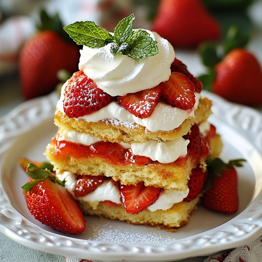To create the ultimate strawberry shortcake, you need fresh and simple ingredients. This recipe shines with quality items. Here’s what you will need: - 2 cups all-purpose flour - 1/4 cup granulated sugar - 1 tablespoon baking powder - 1/2 teaspoon salt - 1/4 cup unsalted butter, chilled and cubed - 1 cup heavy cream, plus extra for whipping - 1 teaspoon vanilla extract - 1 pound fresh strawberries, hulled and sliced - 1/4 cup powdered sugar (for strawberries) - Fresh mint leaves for garnish (optional) Each ingredient plays a role in the taste and texture. The flour gives structure, while the butter adds richness. The heavy cream brings creaminess, and the strawberries add sweetness and freshness. Using fresh, ripe strawberries is key. They make your dessert burst with flavor. The powdered sugar for the strawberries helps them release their juices, making a delicious syrup. Whipping cream adds a light, airy touch. Feel free to add a mint leaf for color. It not only looks great but also adds a fresh note. Use these ingredients to create a delightful dessert that will impress! {{ingredient_image_1}} To start, grab a medium bowl. Combine the sliced strawberries with powdered sugar. Gently toss them together. Now, let the strawberries sit for 30 minutes. This step helps release their sweet juices. You will see the strawberries soak up the sugar and get juicy. Next, preheat your oven to 425°F (220°C). In a large bowl, mix the dry ingredients: flour, granulated sugar, baking powder, and salt. Use a whisk to combine them well. Now, cut in the chilled butter. You want the mixture to look like coarse crumbs. I like using my fingers or a pastry cutter for this. After that, pour in the heavy cream and vanilla extract. Stir the mixture until just combined. Be careful not to overmix! Turn the dough onto a floured surface. Knead it gently a few times until it comes together. Pat the dough into a 1-inch thick rectangle. Use a round cutter or a glass to cut out your shortcakes. Place them on a baking sheet lined with parchment paper. Now, bake in the oven for 12-15 minutes. Look for a golden-brown top. Once done, remove them and let them cool slightly on a wire rack. To make your strawberry shortcake shine, choose ripe strawberries. Ripe berries are sweet and juicy. They bring out the best flavors in your dessert. Sweeten your whipped cream to taste. A touch of powdered sugar can make it just right. For the perfect texture, avoid overmixing the dough. Mix just until combined. This keeps your shortcakes light and fluffy. Also, ensure that your butter is cold. Cold butter helps create flaky layers in the shortcake. Garnish your finished dessert with fresh mint leaves. This adds a nice pop of color. Layer your ingredients carefully for visual appeal. Place strawberries, cream, and shortcake in a way that looks inviting. A beautiful presentation enhances the joy of eating. Pro Tips Use Fresh Strawberries: Always opt for ripe, fresh strawberries to enhance the flavor of your shortcake. Look for berries that are bright red and firm to the touch. Chill Your Ingredients: For a flakier texture in your shortcakes, ensure that your butter and heavy cream are chilled before mixing. Don’t Overmix the Dough: Mix the dough until just combined to keep the shortcakes tender. Overmixing can lead to tough biscuits. Experiment with Flavors: Add a splash of lemon juice or zest to your strawberries for a bright and refreshing twist on the classic recipe. {{image_2}} You can easily make this dessert gluten-free. Simply swap the all-purpose flour with a gluten-free blend. Look for a mix that includes xanthan gum. This ingredient helps mimic the texture of regular flour. You will get a light and fluffy shortcake just like the original. If you want a dairy-free option, use coconut cream instead of heavy cream. Chill a can of coconut cream in the fridge overnight. Then scoop out the solid part and whip it until fluffy. This gives you a rich and creamy topping without any dairy. To add more flavor, try these simple tricks. Add citrus zest, like lemon or orange, to the whipped cream. This gives it a bright, fresh taste. You can also mix in different berries. Blueberries and raspberries work well and add a colorful twist. This way, you can enjoy a new take on this classic dessert. To store leftover shortcakes, place them in an airtight container. Keep them at room temperature for up to two days. If you want them to last longer, you can refrigerate them for up to a week. Just remember, the shortcakes may become a bit soggy if stored too long with the strawberries and cream. For fresh strawberries, first, avoid washing them until you're ready to use them. Store unwashed strawberries in the fridge to keep them fresh. Place them in a shallow container lined with paper towels. This helps absorb moisture. They will stay fresh for about three to five days. If you notice any spoiled berries, remove them right away to prevent the rest from going bad. To store whipped cream, place it in a clean, airtight container. Keep it in the refrigerator. Whipped cream can last for about three days. If you want to stabilize it, consider adding a bit of cornstarch or gelatin when whipping. This helps it hold its shape longer. To make the shortcakes fluffy, use cold butter. Cold butter creates steam when baked, which helps the shortcakes rise. Also, avoid overmixing the dough. Mix just until combined. This keeps the shortcakes light and airy. Yes, you can make the strawberry mixture in advance. Combine the strawberries and powdered sugar a few hours before serving. Keep it in the fridge. This lets the strawberries release their juices and become sweeter. You can use coconut cream as a substitute for heavy cream. It adds a nice flavor and is dairy-free. Another option is using half-and-half, but it won’t whip as well. The assembled strawberry shortcake is best eaten fresh. If you need to store it, keep it in the fridge for up to 2 hours. After that, the shortcakes may get soggy from the strawberries. You can freeze the shortcakes, but it’s better to freeze them plain. Wrap them tightly and store in an airtight container. To serve, thaw and assemble with fresh strawberries and whipped cream. This blog post covered how to make delicious strawberry shortcakes. We discussed the key ingredients, step-by-step instructions, and helpful tips to perfect your dish. Remember to use ripe strawberries for the best taste. Also, don’t forget to chill your butter for a flaky texture. Whether you choose a gluten-free or dairy-free version, enjoy making this treat. With these tips, your shortcakes will impress everyone. Now, gather your ingredients and get started on this delightful dessert!