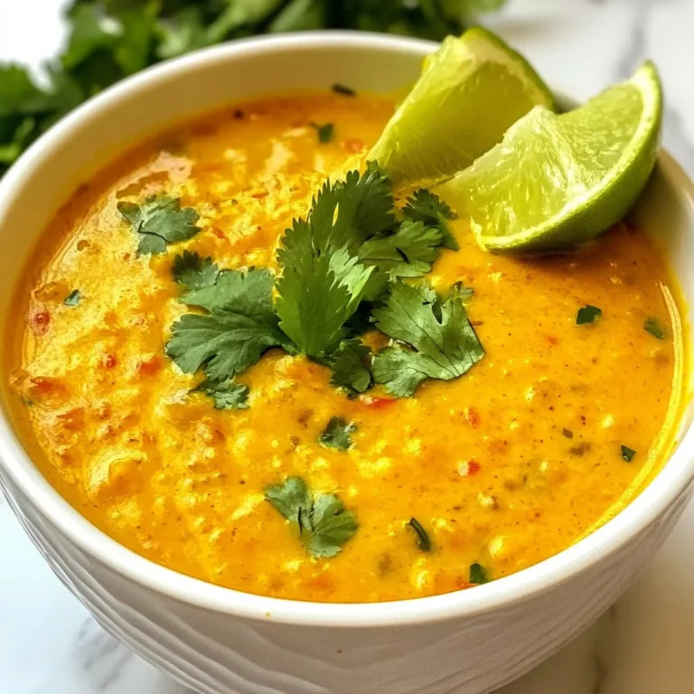 To make Coconut Curry Lentil Soup, you need a few simple ingredients. Each one adds to the flavor and feel of this dish. Here’s what you’ll need: - 1 cup red lentils, rinsed - 1 can (14 oz) coconut milk - 4 cups vegetable broth - 1 medium onion, diced - 3 cloves garlic, minced - 1 tablespoon fresh ginger, grated - 2 tablespoons curry powder - 1 teaspoon ground cumin - 1 teaspoon turmeric - 1 medium carrot, diced - 1 medium bell pepper, diced (any color) - 1 cup spinach or kale, chopped - 2 tablespoons olive oil - Salt and pepper to taste - Fresh cilantro for garnish - Lime wedges for serving These ingredients work together to create a rich and creamy soup. The red lentils become soft and blend well with the spices. Coconut milk adds creaminess, while vegetable broth gives depth. The onion and garlic provide a base flavor that makes the soup feel warm and inviting. Fresh ginger brightens the dish with a hint of spice. The curry powder, cumin, and turmeric create a lovely aroma and warmth. Carrots and bell peppers add sweetness and texture. Lastly, spinach or kale brings a pop of color and nutrients. Try to use fresh, high-quality ingredients to enhance the soup's taste. Each bite will be flavorful and satisfying, making it a great choice for any meal. {{ingredient_image_1}} 1. Heating olive oil and sautéing onion Start by heating 2 tablespoons of olive oil in a large pot over medium heat. Once hot, add 1 medium diced onion. Sauté for about 5 minutes. The onion should turn translucent and soft. 2. Incorporating garlic, ginger, and vegetables Next, stir in 3 cloves of minced garlic and 1 tablespoon of grated fresh ginger. Cook for 1 to 2 minutes until you smell that delicious aroma. Then, add 1 medium diced carrot and 1 medium diced bell pepper. Sauté these for another 5 minutes. The veggies should soften nicely. 3. Toasting spices Now, it’s time to add flavor. Sprinkle in 2 tablespoons of curry powder, 1 teaspoon of ground cumin, and 1 teaspoon of turmeric. Cook this mixture for 1 minute to toast the spices. This step boosts the flavors. 4. Adding lentils, coconut milk, and broth Add 1 cup of rinsed red lentils, 1 can of coconut milk, and 4 cups of vegetable broth to the pot. Stir well to combine all the ingredients. 5. Simmering the soup Bring the mixture to a boil. Then, reduce the heat to low. Cover the pot and let it simmer for 20 to 25 minutes. Stir occasionally. The lentils should become tender during this time. 6. Adding greens and seasoning In the last few minutes of cooking, add 1 cup of chopped spinach or kale. Stir until the greens wilt. Season with salt and pepper to taste. Now, your Coconut Curry Lentil Soup is ready to enjoy! Serve it hot and savor the rich flavors. When making Coconut Curry Lentil Soup, spices play a key role. I love using fresh spices. They bring out the best flavors. For this soup, I recommend curry powder, cumin, and turmeric. Each spice adds its unique taste. You can also try a pinch of cayenne for heat. Balancing flavors is essential. Salt enhances taste, while acid brightens it up. A squeeze of lime juice at the end makes a big difference. It adds freshness and lifts the flavors. Taste as you go. Adjust salt and acid until it feels just right. If you want a smooth texture, blending is a great option. Use an immersion blender for ease. Blend half of the soup to a creamy consistency. Then, mix it back in. This gives you a mix of textures. Sautéing is a basic but vital skill. Heat olive oil in your pot first. Add diced onion and cook until it turns soft. This builds a flavorful base for the soup. Then add garlic and ginger. Cooking these for just a minute brings out their aroma. Lentils should be cooked until tender but not mushy. Rinse them well before adding to the pot. They should cook in the broth for about 20-25 minutes. Stir occasionally to check their texture. Don’t forget about the greens! Add spinach or kale in the last few minutes. This keeps them bright and fresh. Overcooking can lead to a dull color and loss of nutrients. Stir just until they wilt, and you’re set! Pro Tips Fresh Ingredients Matter: Using fresh vegetables and herbs will enhance the flavor of your soup significantly. Opt for organic produce when possible. Adjust the Spice Level: If you prefer a spicier soup, add a pinch of red pepper flakes or diced chili peppers along with the other spices. Storage Tips: This soup can be stored in an airtight container in the refrigerator for up to 5 days, or frozen for up to 3 months. Reheat gently on the stove. Boost the Nutrients: Feel free to add other vegetables like zucchini or sweet potatoes to increase the nutritional value of your soup. {{image_2}} You can easily change up this soup. Adding vegetables makes it more colorful and tasty. Try adding sweet potatoes or peas for a new twist. They cook well with the lentils and add yummy flavor. For protein, consider chickpeas or tofu. Both options add heartiness. Chickpeas add a nutty taste, while tofu provides a soft texture. They also boost nutrition, making the dish more filling. Want a kick? Adjust the spice level. Add more curry powder for heat. You can also use chili flakes or fresh peppers. Start with a little and taste. This soup is great for many diets. It’s vegan and vegetarian-friendly, so everyone can enjoy it. The main ingredients are plants, so it fits well in these diets. If you need gluten-free options, this soup works perfectly. All the ingredients are naturally gluten-free. Just check the broth label to ensure it’s gluten-free. This way, everyone can savor this dish without worry. To store leftover soup, let it cool down. Pour it into an airtight container. This keeps the soup fresh. You can store it in the fridge for about 4 to 5 days. Be sure to label the container with the date. Before serving, check for any unusual smells or changes in texture. Freezing Coconut Curry Lentil Soup is easy. First, cool the soup completely. Then, pour it into freezer-safe containers or bags. Leave some space at the top for expansion. It can last in the freezer for about 3 months. To thaw, move it to the fridge overnight. You can also use the microwave for quick thawing. When ready to eat, reheat it in a pot on low heat. Stir often to keep it smooth and warm. If it seems thick, add a splash of vegetable broth or water. Enjoy your tasty soup again! Can I use other types of lentils? Yes, you can use other lentils. Green or brown lentils work well too. Just note they may take longer to cook. These lentils hold their shape better than red lentils. Is it possible to make this soup in a slow cooker? Absolutely! To make it in a slow cooker, add all the ingredients. Set it on low for 6-8 hours. This method lets the flavors blend nicely. Can I make Coconut Curry Lentil Soup ahead of time? Yes, this soup stores well. You can make it a day ahead. Just let it cool and store it in the fridge. Reheat it on the stove when you're ready to serve. How do I make it creamier? To make it creamier, add more coconut milk. You can also blend a portion of the soup. This creates a smooth texture while keeping some lentils whole for bite. This blog post covered how to make a tasty Coconut Curry Lentil Soup. We explored the ingredients you need, from red lentils and coconut milk to fresh spices. I shared step-by-step instructions, tips for adding flavor, and cooking tricks for great texture. You also learned about fun variations and proper storage. In the end, enjoy experimenting with your soup. Feel free to mix and match ingredients. Find what works for you and savor a bowl of warmth and comfort. Happy cooking!