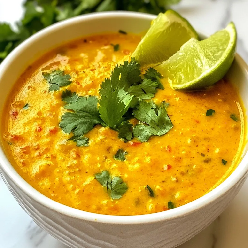 To make Coconut Curry Lentil Soup, you need a few simple ingredients. Each one adds to the flavor and feel of this dish. Here’s what you’ll need: - 1 cup red lentils, rinsed - 1 can (14 oz) coconut milk - 4 cups vegetable broth - 1 medium onion, diced - 3 cloves garlic, minced - 1 tablespoon fresh ginger, grated - 2 tablespoons curry powder - 1 teaspoon ground cumin - 1 teaspoon turmeric - 1 medium carrot, diced - 1 medium bell pepper, diced (any color) - 1 cup spinach or kale, chopped - 2 tablespoons olive oil - Salt and pepper to taste - Fresh cilantro for garnish - Lime wedges for serving These ingredients work together to create a rich and creamy soup. The red lentils become soft and blend well with the spices. Coconut milk adds creaminess, while vegetable broth gives depth. The onion and garlic provide a base flavor that makes the soup feel warm and inviting. Fresh ginger brightens the dish with a hint of spice. The curry powder, cumin, and turmeric create a lovely aroma and warmth. Carrots and bell peppers add sweetness and texture. Lastly, spinach or kale brings a pop of color and nutrients. Try to use fresh, high-quality ingredients to enhance the soup's taste. Each bite will be flavorful and satisfying, making it a great choice for any meal. {{ingredient_image_1}} 1. Heating olive oil and sautéing onion Start by heating 2 tablespoons of olive oil in a large pot over medium heat. Once hot, add 1 medium diced onion. Sauté for about 5 minutes. The onion should turn translucent and soft. 2. Incorporating garlic, ginger, and vegetables Next, stir in 3 cloves of minced garlic and 1 tablespoon of grated fresh ginger. Cook for 1 to 2 minutes until you smell that delicious aroma. Then, add 1 medium diced carrot and 1 medium diced bell pepper. Sauté these for another 5 minutes. The veggies should soften nicely. 3. Toasting spices Now, it’s time to add flavor. Sprinkle in 2 tablespoons of curry powder, 1 teaspoon of ground cumin, and 1 teaspoon of turmeric. Cook this mixture for 1 minute to toast the spices. This step boosts the flavors. 4. Adding lentils, coconut milk, and broth Add 1 cup of rinsed red lentils, 1 can of coconut milk, and 4 cups of vegetable broth to the pot. Stir well to combine all the ingredients. 5. Simmering the soup Bring the mixture to a boil. Then, reduce the heat to low. Cover the pot and let it simmer for 20 to 25 minutes. Stir occasionally. The lentils should become tender during this time. 6. Adding greens and seasoning In the last few minutes of cooking, add 1 cup of chopped spinach or kale. Stir until the greens wilt. Season with salt and pepper to taste. Now, your Coconut Curry Lentil Soup is ready to enjoy! Serve it hot and savor the rich flavors. When making Coconut Curry Lentil Soup, spices play a key role. I love using fresh spices. They bring out the best flavors. For this soup, I recommend curry powder, cumin, and turmeric. Each spice adds its unique taste. You can also try a pinch of cayenne for heat. Balancing flavors is essential. Salt enhances taste, while acid brightens it up. A squeeze of lime juice at the end makes a big difference. It adds freshness and lifts the flavors. Taste as you go. Adjust salt and acid until it feels just right. If you want a smooth texture, blending is a great option. Use an immersion blender for ease. Blend half of the soup to a creamy consistency. Then, mix it back in. This gives you a mix of textures. Sautéing is a basic but vital skill. Heat olive oil in your pot first. Add diced onion and cook until it turns soft. This builds a flavorful base for the soup. Then add garlic and ginger. Cooking these for just a minute brings out their aroma. Lentils should be cooked until tender but not mushy. Rinse them well before adding to the pot. They should cook in the broth for about 20-25 minutes. Stir occasionally to check their texture. Don’t forget about the greens! Add spinach or kale in the last few minutes. This keeps them bright and fresh. Overcooking can lead to a dull color and loss of nutrients. Stir just until they wilt, and you’re set! Pro Tips Fresh Ingredients Matter: Using fresh vegetables and herbs will enhance the flavor of your soup significantly. Opt for organic produce when possible. Adjust the Spice Level: If you prefer a spicier soup, add a pinch of red pepper flakes or diced chili peppers along with the other spices. Storage Tips: This soup can be stored in an airtight container in the refrigerator for up to 5 days, or frozen for up to 3 months. Reheat gently on the stove. Boost the Nutrients: Feel free to add other vegetables like zucchini or sweet potatoes to increase the nutritional value of your soup. {{image_2}} You can easily change up this soup. Adding vegetables makes it more colorful and tasty. Try adding sweet potatoes or peas for a new twist. They cook well with the lentils and add yummy flavor. For protein, consider chickpeas or tofu. Both options add heartiness. Chickpeas add a nutty taste, while tofu provides a soft texture. They also boost nutrition, making the dish more filling. Want a kick? Adjust the spice level. Add more curry powder for heat. You can also use chili flakes or fresh peppers. Start with a little and taste. This soup is great for many diets. It’s vegan and vegetarian-friendly, so everyone can enjoy it. The main ingredients are plants, so it fits well in these diets. If you need gluten-free options, this soup works perfectly. All the ingredients are naturally gluten-free. Just check the broth label to ensure it’s gluten-free. This way, everyone can savor this dish without worry. To store leftover soup, let it cool down. Pour it into an airtight container. This keeps the soup fresh. You can store it in the fridge for about 4 to 5 days. Be sure to label the container with the date. Before serving, check for any unusual smells or changes in texture. Freezing Coconut Curry Lentil Soup is easy. First, cool the soup completely. Then, pour it into freezer-safe containers or bags. Leave some space at the top for expansion. It can last in the freezer for about 3 months. To thaw, move it to the fridge overnight. You can also use the microwave for quick thawing. When ready to eat, reheat it in a pot on low heat. Stir often to keep it smooth and warm. If it seems thick, add a splash of vegetable broth or water. Enjoy your tasty soup again! Can I use other types of lentils? Yes, you can use other lentils. Green or brown lentils work well too. Just note they may take longer to cook. These lentils hold their shape better than red lentils. Is it possible to make this soup in a slow cooker? Absolutely! To make it in a slow cooker, add all the ingredients. Set it on low for 6-8 hours. This method lets the flavors blend nicely. Can I make Coconut Curry Lentil Soup ahead of time? Yes, this soup stores well. You can make it a day ahead. Just let it cool and store it in the fridge. Reheat it on the stove when you're ready to serve. How do I make it creamier? To make it creamier, add more coconut milk. You can also blend a portion of the soup. This creates a smooth texture while keeping some lentils whole for bite. This blog post covered how to make a tasty Coconut Curry Lentil Soup. We explored the ingredients you need, from red lentils and coconut milk to fresh spices. I shared step-by-step instructions, tips for adding flavor, and cooking tricks for great texture. You also learned about fun variations and proper storage. In the end, enjoy experimenting with your soup. Feel free to mix and match ingredients. Find what works for you and savor a bowl of warmth and comfort. Happy cooking!