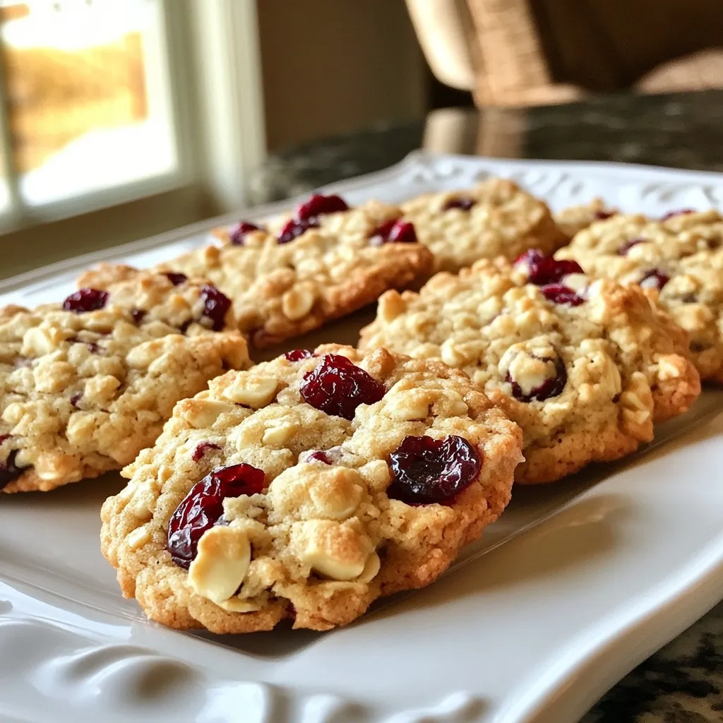 Here’s what you need to make the best cranberry oatmeal cookies: - 1 cup rolled oats - 1 cup all-purpose flour - 1/2 cup brown sugar, packed - 1/2 cup granulated sugar - 1/2 cup unsalted butter, softened - 1 large egg - 1 teaspoon vanilla extract - 1/2 teaspoon baking soda - 1/2 teaspoon baking powder - 1/4 teaspoon salt - 1 cup dried cranberries - 1/2 cup chopped walnuts or pecans (optional) - 1/4 teaspoon ground cinnamon These ingredients combine to create a soft and chewy cookie with a delightful crunch from the oats. The dried cranberries add sweetness and a burst of flavor. You can leave out the nuts if you prefer a nut-free treat. Each ingredient plays a key role in the cookie's texture and taste. For example, the butter gives it richness, while the oats add heartiness. Don't skimp on the vanilla; it enhances the overall flavor. Enjoy gathering these ingredients! {{ingredient_image_1}} 1. Preheating Oven and Preparing Baking Sheet: First, set your oven to 350°F (175°C). This helps cookies bake evenly. Then, line a baking sheet with parchment paper. This keeps cookies from sticking and makes clean-up easy. 2. Creaming Butter and Sugars: In a mixing bowl, add the softened butter, brown sugar, and granulated sugar. Mix them well until they are light and fluffy. This step adds air, making cookies soft. 3. Mixing Dry Ingredients: In a separate bowl, whisk together rolled oats, all-purpose flour, baking soda, baking powder, salt, and ground cinnamon. Mixing these dry ingredients ensures everything blends well later. 1. Adding Wet to Dry Ingredients: Gradually add the butter and sugar mixture to the dry ingredients. Stir until just combined. Don’t over-mix; this keeps cookies from getting tough. 2. Folding in Cranberries and Nuts: Now, gently fold in the dried cranberries and chopped walnuts or pecans, if you’re using them. This adds texture and flavor to your cookies. 1. Scooping and Spacing Cookies: Using a tablespoon, scoop out the cookie dough. Place each scoop on the prepared baking sheet. Make sure to leave space between them, as cookies will spread while baking. 2. Baking Time and Cooling Process: Bake the cookies in the preheated oven for about 10 to 12 minutes. Watch for the edges to turn golden brown. Once done, take them out and let them cool on the baking sheet for 5 minutes. Then, transfer them to a wire rack to cool completely. Achieving the Right Texture To get the best texture in your cookies, focus on your mixing method. Cream the butter and sugars until light and fluffy. This air mixes in will help create a nice lift. When adding the dry mix, don’t over-mix. Stop when the flour disappears. This keeps the cookies soft and chewy. Importance of Ingredient Temperature Using room temperature ingredients is key. It helps the butter blend well with the sugars. If your butter is too cold, the mix won’t fluff up. Let your butter sit out for about 30 minutes before you start. This makes all the difference in your cookie texture. Adjusting Bake Times for Different Ovens Not all ovens bake the same. If your oven runs hot, check your cookies a minute or two early. If it’s cooler, you might need to add a minute or two. Keep an eye on the edges. They should be golden brown, but the centers may look a bit soft. This is perfect for chewy cookies! Using Parchment vs. Silicone Mats Both parchment paper and silicone mats work well. Parchment helps cookies spread evenly. It also makes for easy cleanup. Silicone mats are great for a non-stick surface. They can help cookies hold their shape better. Try both to see which you prefer! Pro Tips Chill the Dough: For thicker cookies, chill the dough for at least 30 minutes before baking. This helps to prevent spreading and results in a chewier texture. Use Fresh Ingredients: Ensure your dried cranberries and nuts are fresh for the best flavor. Stale ingredients can compromise the taste of your cookies. Experiment with Spices: Feel free to add a pinch of nutmeg or ginger for a warm, spiced flavor that complements the cranberries. Storage Tips: Store cookies in an airtight container at room temperature for up to a week, or freeze for longer storage. Just make sure to separate layers with parchment paper. {{image_2}} You can make your cranberry oatmeal cookies even more fun with some flavor boosts. - Adding Chocolate (White or Dark): A touch of chocolate makes these cookies rich. Fold in half a cup of chocolate chips. Use white chocolate for a sweet twist or dark chocolate for a deep flavor. Both options mix well with the tart cranberries. - Including Nuts or Seeds: Nuts add crunch and flavor. Chopped walnuts or pecans work great. You can also try sunflower seeds or pumpkin seeds for a nut-free option. These add a nice texture and extra nutrition. You can adapt this recipe for different diets. - Gluten-Free Option: If you need gluten-free cookies, swap regular flour for gluten-free flour. Ensure it has a one-to-one ratio. This way, you keep the dough's texture. - Dairy-Free Substitutes: To make this dairy-free, use coconut oil or a dairy-free butter. Replace the butter with an equal amount of these options. Your cookies will still taste great and be safe for those avoiding dairy. - Room Temperature Storage Store your cranberry oatmeal cookies in an airtight container. This keeps them fresh. They stay good at room temperature for about five days. Make sure to place parchment paper between layers. This prevents sticking. - Refrigeration Tips If you want to keep cookies longer, store them in the fridge. Use a sealed container to avoid moisture. They will last up to two weeks. Just be aware that cold cookies can be a bit firmer. - Proper Freezing Techniques To freeze cookies, let them cool completely first. Place them in a single layer on a baking sheet. Freeze them for about two hours. Then, transfer them to a freezer bag. Remove as much air as possible before sealing. This helps prevent freezer burn. - Thawing Recommendations When you’re ready to eat frozen cookies, take them out of the freezer. Let them sit at room temperature for about 30 minutes. For a warm treat, pop them in the microwave for a few seconds. Enjoy the soft, chewy goodness! How do I make cookies chewier? To make your cookies chewier, try adding more brown sugar. Brown sugar has moisture that helps. You can also bake them for a shorter time. This keeps the center soft and chewy. Lastly, let the dough chill for an hour before baking. It can help the texture too. Can I substitute fresh cranberries? Yes, you can use fresh cranberries. However, they are tart, so add extra sugar to balance the taste. Chop them into smaller pieces for better mixing. You might need to adjust baking time, as fresh cranberries have more moisture. What’s the best way to package cookies for gifts? For gifts, use a clear cellophane bag or a cute box. Layer the cookies with parchment paper to keep them fresh. Add a ribbon or tag for a personal touch. This makes your gift look lovely and thoughtful! Why are my cookies spreading too much? If your cookies spread too much, it may be because the butter is too soft. Try using colder butter next time. Also, check your oven temperature; it should be hot enough to set the edges. Lastly, don’t skip chilling the dough; it helps keep the shape. How can I avoid over-baking? To avoid over-baking, set a timer and check the cookies a minute early. They should look slightly soft in the center. Remember, they will continue to bake after you take them out. Let them cool on the sheet for a few minutes before transferring them to a wire rack. You now have a solid recipe to make delicious cookies using simple ingredients. We covered the steps from mixing to baking and even added helpful tips and variations. Remember, small changes can enhance your cookies greatly. Want a chewy texture? Adjust the sugars. Need to store them? Follow the tips I shared for best results. Baking is fun and exploring flavors keeps it exciting. So, put on your apron and enjoy creating your perfect cookie treat!