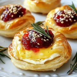 To make these tasty Cranberry Brie Bombs, you need the following ingredients: - 1 sheet of puff pastry, thawed - 8 ounces Brie cheese, cut into small cubes - 1/2 cup cranberry sauce (store-bought or homemade) - 1 egg, beaten (for egg wash) - 1 tablespoon fresh rosemary, finely chopped (optional) - Salt and pepper to taste - Optional: sesame seeds for topping Each item plays an important role in flavor and texture. The puff pastry gives that flaky crunch. The Brie melts beautifully and adds creaminess. The cranberry sauce brings a sweet and tart punch. You can easily adjust this recipe to fit your taste. Here are some ideas: - Cheese: Swap Brie with Camembert or cream cheese. Both melt well and add a different flavor. - Cranberry Sauce: Use a different fruit spread, like raspberry or cherry. You can even use a savory chutney for a unique twist. - Herbs: If you don’t have rosemary, try thyme or basil. They can add a lovely aroma and taste. These swaps keep the essence of the dish while letting you personalize it. Cranberry Brie Bombs taste great on their own, but pairing them makes your meal even better. Here are a few suggestions: - Wine: A light white wine, like Sauvignon Blanc, goes well. Its acidity balances the richness of the cheese. - Dips: Serve extra cranberry sauce or a balsamic glaze. These dips enhance the flavors and add a fun touch. - Salads: Pair with a fresh green salad. A simple mix of greens with a light vinaigrette complements the rich bombs. These pairings can elevate your dining experience and impress your guests! {{ingredient_image_1}} First, preheat your oven to 400°F (200°C). This step is key for a perfect bake. Next, line a baking sheet with parchment paper. This will help prevent sticking and make cleanup easy. On a lightly floured surface, roll out your puff pastry sheet. Aim to smooth it out well. Cut the pastry into 4x4 inch squares. You will need about 12 squares for this recipe. Now, it’s time to fill the pastry. Place a small cube of Brie cheese in the center of each square. Add a teaspoon of cranberry sauce on top of the cheese. If you like, you can sprinkle a pinch of fresh rosemary for extra flavor. Fold the corners of the pastry over the filling. Pinch the edges tightly to seal them. Make sure there are no openings. This keeps the filling inside while baking. Place the sealed pastries on the baking sheet with the seam side down. Brush the tops with the beaten egg. This will give them a nice golden finish. If you want, sprinkle sesame seeds on top for added texture and flavor. Season with a touch of salt and pepper. Bake your Cranberry Brie Bombs in the preheated oven for 15-20 minutes. Watch for them to puff up and turn golden brown. Once they are done, remove them from the oven. Let them cool slightly before serving. For a lovely presentation, serve them on a rustic wooden board. You can also add a small bowl of cranberry sauce for dipping. Enjoy the burst of flavors in every bite! To keep your filling inside, sealing is key. After placing the Brie and cranberry sauce, fold the pastry corners over the filling. Pinch the edges tightly to create a pouch. Make sure there are no gaps. If the gaps exist, the filling may leak during baking. A little water on your fingers can help seal the edges even better. Even baking is important for the best results. Make sure your oven is preheated to the right temperature. Use parchment paper on your baking sheet. This helps prevent sticking and allows for even heat distribution. Try to space the pastries apart on the sheet. This promotes airflow around each one, ensuring they bake evenly. You can easily boost flavor with a few extras. Fresh rosemary adds a nice touch. Just sprinkle a bit on the cranberry sauce before sealing. You can also try other herbs like thyme or sage for a twist. For extra crunch, top the bombs with sesame seeds. They’ll add a nice texture and look great too. These small steps can elevate your Cranberry Brie Bombs to a new level. Pro Tips Use Cold Puff Pastry: Keeping your puff pastry cold ensures it puffs up beautifully in the oven, resulting in a flaky texture. Experiment with Fillings: While cranberry and Brie are classic, try adding nuts, caramelized onions, or different cheeses for unique flavor combinations. Brush with Egg Wash: An egg wash not only gives your pastries a golden color but also helps to seal the edges tightly, preventing leaks during baking. Serve Warm: These bombs are best enjoyed warm. Consider reheating them briefly in the oven before serving for that fresh-out-of-the-oven experience. {{image_2}} You can change the taste of your Cranberry Brie Bombs in fun ways. Try adding fresh herbs like thyme or basil for a new twist. Different cheeses also work well. Swap Brie for goat cheese or sharp cheddar for a bolder flavor. You can mix and match until you find your favorite combination. Just remember to keep the balance between sweet and savory for a tasty bite. Serve your Cranberry Brie Bombs with tasty dips. A simple honey or balsamic glaze can add a sweet touch. You can also pair them with a tangy mustard sauce for a zesty kick. Fresh fruit, like apple slices or grapes, adds a nice contrast. For extra flair, place everything on a rustic wooden board. It makes your treats look even more appealing. Make mini Cranberry Brie Bombs for easy snacking. Cut the puff pastry into smaller squares, about 2x2 inches. Use smaller cheese cubes and less cranberry sauce for the filling. These bite-sized treats are great for parties or gatherings. They allow guests to grab a few and enjoy without feeling too full. Plus, they look adorable on any platter! Store leftover Cranberry Brie Bombs in an airtight container. Keep them in the fridge for up to three days. This helps keep the pastry fresh and the cheese safe to eat. If you want to keep them longer, consider freezing them. To reheat, preheat your oven to 350°F (175°C). Place the bombs on a baking sheet. Bake for about 10-15 minutes, or until they are warm and crispy again. This method keeps the pastry flaky. You can freeze uncooked Cranberry Brie Bombs. After assembling, place them on a baking sheet. Freeze them for about an hour until firm. Then, transfer them to a freezer bag. They will stay good for up to three months. When you're ready to bake, no need to thaw! Just add a few extra minutes to the baking time. Brie cheese is the star of this dish. Its creamy texture melts beautifully. You want a soft cheese that melts. You can also try Camembert for a different flavor. Both cheeses pair well with cranberry sauce. Yes, homemade cranberry sauce works great! It adds a personal touch to your dish. Just make sure it's thick enough to stay inside the pastry. You can sweeten it to your taste. Fresh herbs can also enhance the sauce's flavor. Look for a golden-brown color on the pastry. It should puff up nicely. If it feels firm to the touch, it is likely done. You can also tap the bottom; it should sound hollow. Enjoy the delightful aroma as they bake! This article covered how to make delicious Cranberry Brie Bombs. We explored the key ingredients, including substitutions. You learned step-by-step instructions for preparation, assembly, and baking. We shared tips for sealing the pastry and ensuring even baking. We discussed flavor variations and serving suggestions, plus how to store leftovers. In summary, these tasty treats are perfect for any occasion. Try them out, make your own changes, and enjoy!