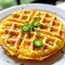 To make Cheddar Jalapeño Cornbread Waffles, you'll need the following: - 1 cup cornmeal - 1 cup all-purpose flour - 1 tablespoon baking powder - 1 teaspoon baking soda - 1/2 teaspoon salt - 1/4 teaspoon black pepper - 2 large eggs - 1 cup buttermilk (or regular milk with 1 tablespoon vinegar) - 1/4 cup vegetable oil - 1 cup shredded sharp cheddar cheese - 1/2 cup jalapeños, diced (fresh or pickled) - 1 tablespoon honey (optional) - 2 tablespoons chopped fresh chives (for garnish) These ingredients blend together to create a waffle that is both savory and a bit spicy. The cornmeal gives a lovely texture, while the cheddar cheese adds rich flavor. If you don’t have some ingredients, here are easy swaps: - Cornmeal: You can use polenta or fine semolina for a similar texture. - All-purpose flour: Substitute with whole wheat flour or gluten-free flour. - Buttermilk: Mix regular milk with 1 tablespoon vinegar or lemon juice. - Vegetable oil: Use melted butter or olive oil instead. These substitutes work well without changing the taste too much! You can customize your waffles further: - Add-ins: Try adding cooked bacon bits or sweet corn for extra flavor. - Toppings: Serve with butter, syrup, or a dollop of sour cream. Fresh herbs, like cilantro, also brighten the dish. Feel free to get creative! These waffles are a great base for your favorite flavors. {{ingredient_image_1}} Start by gathering all your ingredients. You need: - 1 cup cornmeal - 1 cup all-purpose flour - 1 tablespoon baking powder - 1 teaspoon baking soda - 1/2 teaspoon salt - 1/4 teaspoon black pepper - 2 large eggs - 1 cup buttermilk (or regular milk with 1 tablespoon vinegar) - 1/4 cup vegetable oil - 1 cup shredded sharp cheddar cheese - 1/2 cup jalapeños, diced (fresh or pickled) - 1 tablespoon honey (optional) - 2 tablespoons chopped fresh chives (for garnish) Make sure to chop your jalapeños ahead of time. This helps the cooking process go smoothly. If you prefer a milder taste, use pickled jalapeños. In a large bowl, whisk together the dry ingredients. Combine the cornmeal, flour, baking powder, baking soda, salt, and black pepper. Mix them well to avoid clumps. In another bowl, beat the eggs with a whisk. Then, add the buttermilk and vegetable oil. If you like a hint of sweetness, mix in the honey. Stir until it is smooth. Now, pour the wet mix into the dry mix. Use a spatula to gently fold them together. Be careful not to overmix. A few lumps in the batter are just fine. Next, add the cheddar cheese and jalapeños. Fold gently to mix them in. Preheat your waffle iron as per the manufacturer's instructions. Lightly grease the iron with cooking spray to prevent sticking. Pour about 1/2 cup of batter onto the hot iron. Close the lid and cook until the waffles turn golden brown and crispy, which usually takes about 5 minutes. Carefully take out the waffles. Keep them warm in a low oven as you cook the rest of the batter. Serve the waffles hot. Garnish with chopped chives for a fresh touch. Enjoy them plain, or add butter, syrup, or sour cream for extra flavor. To get the best waffles, start with fresh ingredients. Use sharp cheddar cheese for strong flavor. Diced jalapeños add a nice kick. Make sure not to overmix the batter. A few lumps help keep the waffles light and fluffy. Let your waffle iron preheat fully before pouring in the batter. This step ensures a crispy outside. One common mistake is mixing the batter too much. This leads to dense waffles. Another error is not greasing the waffle iron properly. If the waffles stick, it can ruin your breakfast. Also, remember to check the cooking time. If you open the iron too soon, the waffles may not cook through. Serve your waffles hot for the best taste. I love to top them with chives for a fresh touch. For extra flavor, try adding butter or sour cream. If you want sweetness, drizzle some maple syrup on top. You can also serve them with chili or a spicy salsa for a fun twist. Pro Tips Use Fresh Jalapeños: Fresh jalapeños provide a vibrant flavor and texture, but if you prefer less heat, opt for pickled ones instead. Let the Batter Rest: Allowing the batter to rest for about 10 minutes can help improve the texture of the waffles, making them fluffier. Experiment with Cheese: While sharp cheddar is delicious, you can mix in other cheeses like pepper jack or mozzarella for different flavor profiles. Keep Waffles Warm: If making multiple batches, keep finished waffles in a low oven (around 200°F) to maintain their crispiness until ready to serve. {{image_2}} If you love heat, you can spice things up! Try adding more jalapeños. Use 1 cup of diced jalapeños instead of 1/2 cup. For even more kick, add chopped serrano peppers or red chili flakes to the batter. These options bring a fiery punch to your waffles. You can also serve them with hot sauce on top for extra flavor. While sharp cheddar is great, you can switch it up! Use Monterey Jack for a creamier taste. Pepper Jack adds both heat and flavor. For a richer experience, try Gruyère. Each cheese brings its own twist to the dish. Feel free to mix different cheeses for a unique blend. Want to try something different? Add a tablespoon of honey to the batter. This gives a nice sweetness that pairs well with the spicy jalapeños. You can also serve the waffles with maple syrup or a dollop of sour cream. These toppings create a sweet and savory balance. Consider garnishing with fresh fruit or a sprinkle of cinnamon for added flair. To keep leftover Cheddar Jalapeño Cornbread Waffles fresh, first let them cool. Place the cooled waffles in an airtight container. You can stack them with parchment paper in between. This step helps to prevent sticking. Store the container in the fridge for up to three days. When you are ready to enjoy your waffles again, you can easily reheat them. You have two quick options. The first is the toaster. Toast each waffle until it is warm and crispy. The second option is the oven. Preheat your oven to 350°F (175°C). Place the waffles on a baking sheet and heat for about 10 minutes. Both methods help keep the waffles tasty and fresh. If you want to save some waffles for later, freezing is a great option. Place the cooled waffles in a single layer on a baking sheet. Freeze them for about an hour until firm. Then, transfer them to a freezer-safe bag or container. Write the date on the bag for easy tracking. You can freeze them for up to three months. When you want to eat them, simply reheat from frozen using the toaster or oven. Enjoy your delicious waffles anytime! Yes, you can use gluten-free flour. Look for a 1-to-1 gluten-free blend. This will help maintain the texture. Just remember that different brands may change the taste or texture a bit. Test it out and see what you like best! To make these waffles vegan, swap the eggs for flax eggs. Use one tablespoon of flaxseed meal mixed with three tablespoons of water for each egg. For the buttermilk, use plant-based milk with one tablespoon of vinegar. The vegetable oil is already vegan, so you’re good to go! You can serve these waffles with many tasty sides. Here are some ideas: - Butter or vegan butter for spreading - Maple syrup for a sweet touch - Sour cream or a dairy-free alternative for creaminess - Salsa for a zesty kick - Chopped herbs like cilantro or parsley for freshness Feel free to mix and match your favorites! We covered everything you need for making great waffles. You learned about key ingredients, substitutes, and tasty add-ins. I also shared tips for perfect texture, common mistakes, and serving suggestions. You can create spicy, cheesy, or sweet variations for your taste. Lastly, we explored storage and reheating options to keep leftovers fresh. Enjoy these waffles your way, and don’t be afraid to experiment! The fun is in trying new flavors and combinations. Happy cooking!