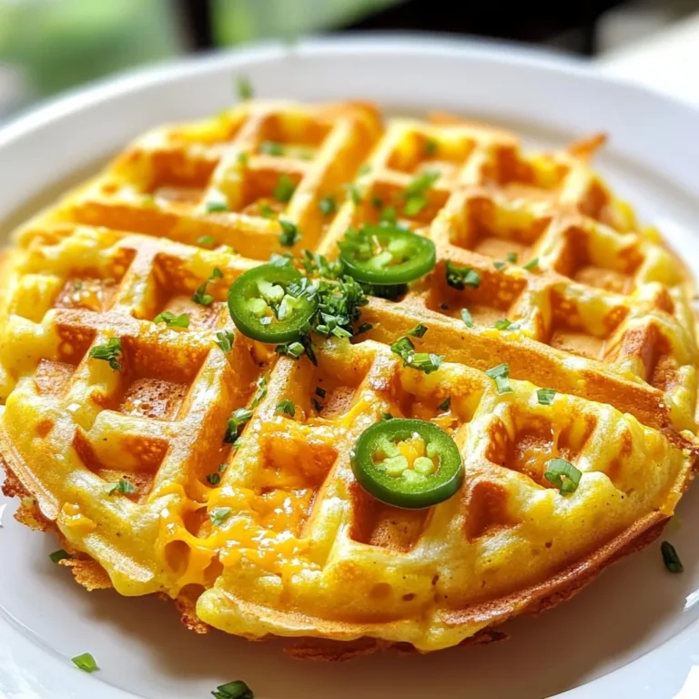 To make Cheddar Jalapeño Cornbread Waffles, you'll need the following: - 1 cup cornmeal - 1 cup all-purpose flour - 1 tablespoon baking powder - 1 teaspoon baking soda - 1/2 teaspoon salt - 1/4 teaspoon black pepper - 2 large eggs - 1 cup buttermilk (or regular milk with 1 tablespoon vinegar) - 1/4 cup vegetable oil - 1 cup shredded sharp cheddar cheese - 1/2 cup jalapeños, diced (fresh or pickled) - 1 tablespoon honey (optional) - 2 tablespoons chopped fresh chives (for garnish) These ingredients blend together to create a waffle that is both savory and a bit spicy. The cornmeal gives a lovely texture, while the cheddar cheese adds rich flavor. If you don’t have some ingredients, here are easy swaps: - Cornmeal: You can use polenta or fine semolina for a similar texture. - All-purpose flour: Substitute with whole wheat flour or gluten-free flour. - Buttermilk: Mix regular milk with 1 tablespoon vinegar or lemon juice. - Vegetable oil: Use melted butter or olive oil instead. These substitutes work well without changing the taste too much! You can customize your waffles further: - Add-ins: Try adding cooked bacon bits or sweet corn for extra flavor. - Toppings: Serve with butter, syrup, or a dollop of sour cream. Fresh herbs, like cilantro, also brighten the dish. Feel free to get creative! These waffles are a great base for your favorite flavors. {{ingredient_image_1}} Start by gathering all your ingredients. You need: - 1 cup cornmeal - 1 cup all-purpose flour - 1 tablespoon baking powder - 1 teaspoon baking soda - 1/2 teaspoon salt - 1/4 teaspoon black pepper - 2 large eggs - 1 cup buttermilk (or regular milk with 1 tablespoon vinegar) - 1/4 cup vegetable oil - 1 cup shredded sharp cheddar cheese - 1/2 cup jalapeños, diced (fresh or pickled) - 1 tablespoon honey (optional) - 2 tablespoons chopped fresh chives (for garnish) Make sure to chop your jalapeños ahead of time. This helps the cooking process go smoothly. If you prefer a milder taste, use pickled jalapeños. In a large bowl, whisk together the dry ingredients. Combine the cornmeal, flour, baking powder, baking soda, salt, and black pepper. Mix them well to avoid clumps. In another bowl, beat the eggs with a whisk. Then, add the buttermilk and vegetable oil. If you like a hint of sweetness, mix in the honey. Stir until it is smooth. Now, pour the wet mix into the dry mix. Use a spatula to gently fold them together. Be careful not to overmix. A few lumps in the batter are just fine. Next, add the cheddar cheese and jalapeños. Fold gently to mix them in. Preheat your waffle iron as per the manufacturer's instructions. Lightly grease the iron with cooking spray to prevent sticking. Pour about 1/2 cup of batter onto the hot iron. Close the lid and cook until the waffles turn golden brown and crispy, which usually takes about 5 minutes. Carefully take out the waffles. Keep them warm in a low oven as you cook the rest of the batter. Serve the waffles hot. Garnish with chopped chives for a fresh touch. Enjoy them plain, or add butter, syrup, or sour cream for extra flavor. To get the best waffles, start with fresh ingredients. Use sharp cheddar cheese for strong flavor. Diced jalapeños add a nice kick. Make sure not to overmix the batter. A few lumps help keep the waffles light and fluffy. Let your waffle iron preheat fully before pouring in the batter. This step ensures a crispy outside. One common mistake is mixing the batter too much. This leads to dense waffles. Another error is not greasing the waffle iron properly. If the waffles stick, it can ruin your breakfast. Also, remember to check the cooking time. If you open the iron too soon, the waffles may not cook through. Serve your waffles hot for the best taste. I love to top them with chives for a fresh touch. For extra flavor, try adding butter or sour cream. If you want sweetness, drizzle some maple syrup on top. You can also serve them with chili or a spicy salsa for a fun twist. Pro Tips Use Fresh Jalapeños: Fresh jalapeños provide a vibrant flavor and texture, but if you prefer less heat, opt for pickled ones instead. Let the Batter Rest: Allowing the batter to rest for about 10 minutes can help improve the texture of the waffles, making them fluffier. Experiment with Cheese: While sharp cheddar is delicious, you can mix in other cheeses like pepper jack or mozzarella for different flavor profiles. Keep Waffles Warm: If making multiple batches, keep finished waffles in a low oven (around 200°F) to maintain their crispiness until ready to serve. {{image_2}} If you love heat, you can spice things up! Try adding more jalapeños. Use 1 cup of diced jalapeños instead of 1/2 cup. For even more kick, add chopped serrano peppers or red chili flakes to the batter. These options bring a fiery punch to your waffles. You can also serve them with hot sauce on top for extra flavor. While sharp cheddar is great, you can switch it up! Use Monterey Jack for a creamier taste. Pepper Jack adds both heat and flavor. For a richer experience, try Gruyère. Each cheese brings its own twist to the dish. Feel free to mix different cheeses for a unique blend. Want to try something different? Add a tablespoon of honey to the batter. This gives a nice sweetness that pairs well with the spicy jalapeños. You can also serve the waffles with maple syrup or a dollop of sour cream. These toppings create a sweet and savory balance. Consider garnishing with fresh fruit or a sprinkle of cinnamon for added flair. To keep leftover Cheddar Jalapeño Cornbread Waffles fresh, first let them cool. Place the cooled waffles in an airtight container. You can stack them with parchment paper in between. This step helps to prevent sticking. Store the container in the fridge for up to three days. When you are ready to enjoy your waffles again, you can easily reheat them. You have two quick options. The first is the toaster. Toast each waffle until it is warm and crispy. The second option is the oven. Preheat your oven to 350°F (175°C). Place the waffles on a baking sheet and heat for about 10 minutes. Both methods help keep the waffles tasty and fresh. If you want to save some waffles for later, freezing is a great option. Place the cooled waffles in a single layer on a baking sheet. Freeze them for about an hour until firm. Then, transfer them to a freezer-safe bag or container. Write the date on the bag for easy tracking. You can freeze them for up to three months. When you want to eat them, simply reheat from frozen using the toaster or oven. Enjoy your delicious waffles anytime! Yes, you can use gluten-free flour. Look for a 1-to-1 gluten-free blend. This will help maintain the texture. Just remember that different brands may change the taste or texture a bit. Test it out and see what you like best! To make these waffles vegan, swap the eggs for flax eggs. Use one tablespoon of flaxseed meal mixed with three tablespoons of water for each egg. For the buttermilk, use plant-based milk with one tablespoon of vinegar. The vegetable oil is already vegan, so you’re good to go! You can serve these waffles with many tasty sides. Here are some ideas: - Butter or vegan butter for spreading - Maple syrup for a sweet touch - Sour cream or a dairy-free alternative for creaminess - Salsa for a zesty kick - Chopped herbs like cilantro or parsley for freshness Feel free to mix and match your favorites! We covered everything you need for making great waffles. You learned about key ingredients, substitutes, and tasty add-ins. I also shared tips for perfect texture, common mistakes, and serving suggestions. You can create spicy, cheesy, or sweet variations for your taste. Lastly, we explored storage and reheating options to keep leftovers fresh. Enjoy these waffles your way, and don’t be afraid to experiment! The fun is in trying new flavors and combinations. Happy cooking!