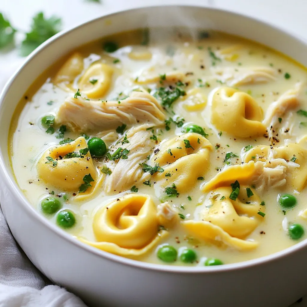 - 2 tablespoons olive oil - 1 medium onion, diced - 2 cloves garlic, minced - 2 medium carrots, sliced - 2 celery stalks, diced - 6 cups chicken broth - 2 cups cooked chicken, shredded - 1 package (9 oz) cheese tortellini - 1 cup heavy cream - 1 cup frozen peas - 1 teaspoon dried Italian herbs (oregano, basil, thyme blend) - Salt and pepper to taste - Fresh parsley, chopped (for garnish) In this Chicken Tortellini Soup, the ingredients work together to create a warm, cozy dish. The olive oil adds a nice richness. The onion and garlic provide a strong, aromatic base. Carrots and celery bring sweetness and crunch. Chicken broth forms the heart of the soup, giving it a savory depth. I like to use cooked chicken for ease. You can shred it or chop it up. Cheese tortellini adds flavor and texture; it cooks quickly and absorbs the broth. Heavy cream makes the soup creamy and smooth. Frozen peas add a pop of color and freshness. Dried Italian herbs bring a classic touch. Salt and pepper balance the flavors perfectly. Finally, fresh parsley finishes the dish with lovely brightness. Each ingredient plays its part, creating a hearty meal everyone loves. {{ingredient_image_1}} 1. Sautéing the vegetables Start by heating the olive oil in a large pot over medium heat. Add the diced onion. Sauté for about 3-4 minutes until it turns soft and clear. Next, stir in the minced garlic, sliced carrots, and diced celery. Continue to cook for another 5 minutes. This softens the veggies and builds the soup's flavor. 2. Simmering the broth Pour in the chicken broth after sautéing. Bring the mixture to a gentle simmer. This step is key as it allows the flavors to blend well. 3. Cooking the tortellini Once the broth simmers, add the shredded chicken and the cheese tortellini. Cook according to the package instructions, usually about 3-5 minutes. The tortellini should be tender but not mushy. 4. Adding cream and peas Stir in the heavy cream and frozen peas next. Cook for another 2-3 minutes. This adds richness and a nice pop of color to your soup. 5. Seasoning and finishing touches Finally, season the soup with dried Italian herbs, salt, and pepper. Taste and adjust as needed. Remove the pot from heat and let it rest for a few minutes. This helps the flavors deepen. Serve hot, garnished with fresh parsley on top for a burst of color and freshness. - Choosing the right herbs: I love using dried Italian herbs like oregano, basil, and thyme. They boost flavor without much work. Fresh herbs are nice too, but dried ones are easy and quick. You can add them right when you start cooking. - Tips for a creamy texture: Start with heavy cream for a rich taste. Stir it in slowly to mix well. If you want a lighter soup, use half-and-half or milk. Just remember, add it at the end to keep it creamy. - Add-ons for extra nutrition: Frozen peas are already in the recipe and add vitamins. You can also toss in some spinach or kale for more greens. They cook quickly and make the soup even better. - Avoiding overcooked tortellini: Follow the package directions. Cook the tortellini just until they float. This way, they stay firm and tasty. If you overcook them, they can turn mushy. - Best methods for shredding chicken: Use your hands or two forks to shred cooked chicken. It's easy and gives nice, bite-sized pieces. If you have leftover rotisserie chicken, that's even better! Pro Tips Use Fresh Herbs: Fresh herbs can elevate the flavor of your soup. Consider adding fresh basil or parsley just before serving for a burst of freshness. Perfect Tortellini Cooking: To prevent the tortellini from becoming mushy, add them to the soup only in the last few minutes of cooking. Adjusting Consistency: If you prefer a thicker soup, you can blend a portion of it and then stir it back in for a creamy texture without using more cream. Make it Ahead: This soup can be made ahead of time and stored in the fridge. Just reheat gently and add a splash of cream before serving for freshness. {{image_2}} You can easily change some ingredients in Chicken Tortellini Soup to fit your needs. - Gluten-free options for tortellini: If you need gluten-free options, look for gluten-free tortellini. Many stores offer these in various flavors. The taste and texture may vary, but they still work well in this soup. - Alternative proteins: If you want to switch the chicken, rotisserie chicken is a great choice. It saves time and adds flavor. Turkey also works nicely. Just shred it and add it to the soup like you would with chicken. - Vegetable variations: Feel free to add more vegetables. Spinach, kale, or zucchini add nutrients and color. Just chop them finely and throw them in with the other veggies. To make the soup even tastier, use these simple tips. - Adding spices: If you like heat, sprinkle in some red pepper flakes. They give a nice kick without overpowering the dish. You can adjust the amount based on your taste. - Cream alternatives: If you want to lower the fat, swap heavy cream for half-and-half or coconut milk. This will change the taste slightly but still keep the soup rich and creamy. These variations make Chicken Tortellini Soup fun and personal. You can tailor it to your taste and dietary needs! To keep your Chicken Tortellini Soup fresh, follow these easy steps. First, let the soup cool down. Then, pour it into an airtight container. This helps prevent any spills or odors in your fridge. The soup will last up to three days in the refrigerator. If you want to store it longer, freezing is a great option. For freezing, use freezer-safe bags or containers. Make sure to leave some space for the soup to expand. It can stay good for about three months in the freezer. When you are ready to enjoy leftovers, reheat the soup carefully. I recommend using the stove for the best flavor. Pour the soup into a pot and heat it over medium-low heat. Stir often to ensure even heating. If you use a microwave, heat it in short bursts. Stir between each burst to avoid hot spots. To keep the cream from separating, add a splash of broth or water while reheating. This helps keep the soup smooth and creamy. Can I use fresh tortellini instead of frozen? Yes, you can use fresh tortellini. Fresh tortellini cooks faster than frozen. Check the package for cooking times. They may take just 2-3 minutes in boiling broth. How long can I store Chicken Tortellini Soup? You can store Chicken Tortellini Soup in the fridge for 3-4 days. Use an airtight container to keep it fresh. If you want to keep it longer, freeze it. What can I serve with Chicken Tortellini Soup? This soup pairs well with a simple salad or crusty bread. A light green salad adds freshness. Garlic bread is great for dipping in the soup. Is it possible to make this soup ahead of time? Yes, you can make this soup ahead. It tastes even better after a day in the fridge. Just add the tortellini when you are ready to serve. This keeps them from getting too soft. This blog post covered the key ingredients and steps for making Chicken Tortellini Soup. You learned how to sauté veggies, simmer broth, and enhance flavors. I shared useful tips for creamy texture and best cooking methods. You can make variations by using different proteins and adjusting spices. Lastly, I provided smart ways to store and reheat your soup. Follow these guidelines for a delicious meal that warms hearts. Enjoy every spoonful of your culinary creation!