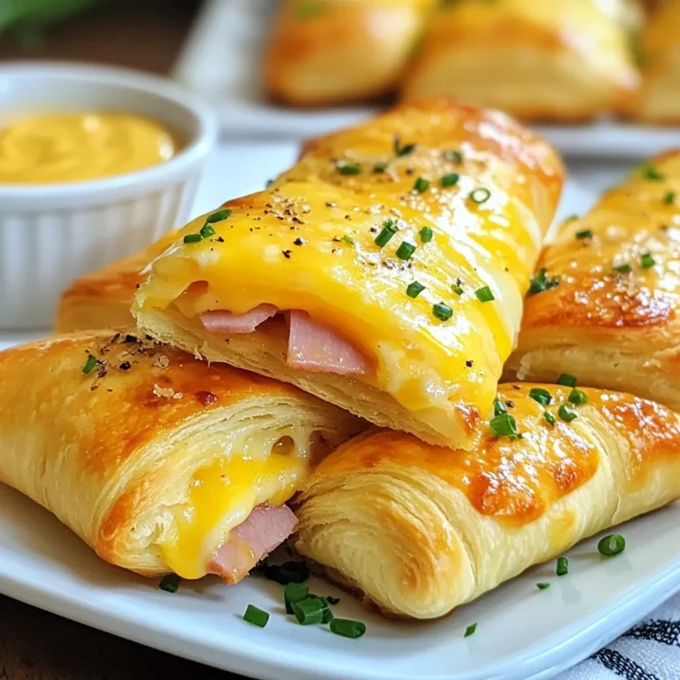 - 1 package of refrigerated crescent roll dough - 6 slices of deli ham (any variety) - 6 slices of cheese (Swiss or cheddar work well) - 1 tablespoon Dijon mustard - 1 tablespoon fresh chives, finely chopped (optional) - 1 egg, beaten (for egg wash) - Salt and pepper to taste - Garlic powder (optional) You can make your ham and cheese sticks unique. Try adding: - Different cheese types like pepper jack or gouda. - Other meats like turkey or pepperoni. - Finely chopped veggies like bell peppers or spinach. - Spices like paprika or Italian seasoning for an extra kick. When choosing ham, go for quality deli meat. Look for: - Freshness: Buy from a trusted deli. - Flavor: Choose your favorite type. Smoked or honey ham adds nice taste. For cheese, consider: - Texture: Creamy cheeses melt well. - Flavor: Pick mild or sharp cheese based on your taste. Remember, the better your ingredients, the tastier your sticks will be! {{ingredient_image_1}} Start by preheating your oven to 375°F (190°C). This step is key for a perfect bake. Next, take the package of refrigerated crescent roll dough and unroll it. You will see perforated lines. Carefully separate the dough into triangles along these lines. Keep them on a clean surface to make layering easy. Now, it's time to add the good stuff! Take a slice of deli ham and lay it on each triangle. Then, add a slice of cheese right on top of the ham. If you like, spread a thin layer of Dijon mustard on the ham for extra flavor. For a fresh bite, sprinkle some finely chopped chives and a dash of garlic powder over the cheese. These small touches will enhance your sticks! Starting from the wide end of the triangle, roll the dough carefully up to the point. Make sure the ham and cheese stay inside. Place the rolled sticks on a baking sheet lined with parchment paper. Brush the tops with the beaten egg for a nice golden-brown finish. Sprinkle a bit of salt and pepper on top. Bake them in the oven for 12-15 minutes. They should puff up and turn golden. Once done, remove them and let them cool slightly before serving. To get that perfect golden brown finish, brush each stick with the beaten egg. This egg wash helps the dough achieve a nice color as it bakes. Make sure to cover every part of the dough. Sprinkle a pinch of salt and pepper on top for added flavor and color. To avoid filling leakage, roll the crescent dough tightly around the ham and cheese. Start from the wide end and roll towards the point. Press the edges firmly to seal them. If you worry, you can add a little extra dough at the ends. This keeps everything inside. Bake your ham and cheese sticks at 375°F (190°C) for 12-15 minutes. Keep an eye on them as they bake. Look for the dough to puff up and turn golden brown. If they are not golden yet, give them a few more minutes. Always trust your oven, as cooking times can vary. Pro Tips Preheat for Perfection: Always preheat your oven to ensure even baking and a perfectly golden crust. Experiment with Fillings: Feel free to mix and match different types of cheeses and meats to create your own unique flavor combinations. Make it Extra Crunchy: For a crunchier texture, sprinkle some breadcrumbs on top before baking. Serving Suggestions: Pair these sticks with various dips like ranch, marinara, or a spicy aioli for an extra flavor kick. {{image_2}} You can mix it up with various cheeses and meats. Use mozzarella for a gooey melt. Pepper jack brings heat and flavor. For meats, try turkey or salami. Each choice adds a new taste. Feel free to experiment with a mix of your favorites. If you want a veggie option, replace ham with roasted veggies. Spinach and artichoke make a great filling. You can also use sliced mushrooms for a meaty bite. Tofu adds protein and pairs well with cheese. These swaps keep the flavors fresh and fun. To kick up the heat, use spicy mustard instead of Dijon. A sprinkle of cayenne or crushed red pepper adds a fiery touch. You can also add jalapeños for a kick. These changes transform your snack into a bold delight. Enjoy the extra zing in every bite! To keep your ham and cheese sticks fresh, let them cool down. Place them in an airtight container. Keep them in the fridge for up to three days. Make sure to layer them with parchment paper, so they don’t stick together. When you're ready to enjoy leftovers, preheat your oven to 350°F (175°C). Place the sticks on a baking sheet. Cover them with foil to prevent drying out. Heat for about 10-15 minutes until warm. You can also use a microwave, but the oven keeps them crispy. If you want to freeze the sticks, do so before baking. Wrap each stick in plastic wrap and then in foil. Store them in a freezer-safe bag. They can last up to two months in the freezer. When ready to eat, bake them straight from the freezer at 375°F (190°C) for about 15-20 minutes. Ham and cheese sticks bake for about 12 to 15 minutes. You want them puffed and golden. I recommend keeping an eye on them after the 10-minute mark. Ovens can vary, so check for that beautiful color. When they look perfect, take them out and let them cool a bit before serving. Yes, you can use different doughs! Puff pastry or biscuit dough also works well. Each option gives a unique texture. Puff pastry will be flakier, while biscuit dough adds a bit of heartiness. Just roll the dough out and follow the same steps for filling and baking. Dipping sauces can elevate your ham and cheese sticks! Honey mustard is a classic choice. It adds a sweet and tangy flavor. You might also enjoy ranch or barbecue sauce. For a kick, try spicy mustard or sriracha. Feel free to get creative with your favorites! Ham and cheese sticks are easy to make with simple ingredients. We covered how to prepare the dough, layer the filling, and bake them perfectly. Remember, you can customize these sticks with different meats and cheeses or even make them vegetarian. Storing leftovers and reheating them properly ensures you enjoy them later. Overall, these tasty snacks can fit many tastes. Try them out, and you’ll see how fun and rewarding they are to make!