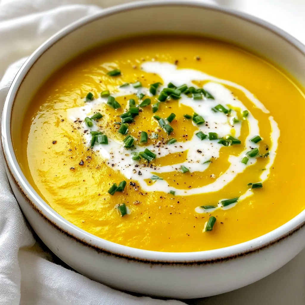 - 1 medium butternut squash, peeled, seeded, and cubed - 1 large onion, chopped - 2 cloves garlic, minced - 2 medium carrots, diced - 1 apple, peeled and diced (Granny Smith works great) - 4 cups vegetable broth - 1 can (400 ml) coconut milk - 1 teaspoon ground ginger - 1/2 teaspoon ground nutmeg - 1 teaspoon cinnamon - 2 tablespoons olive oil - Salt and pepper to taste These ingredients come together to create a warm, comforting soup. Each component adds flavor and nutrition. The butternut squash brings sweetness, while the apple adds a nice tartness. - Fresh chives or cilantro Adding fresh herbs as a garnish brightens the soup. It also adds a pop of color. You can also use toasted pumpkin seeds for extra crunch. This soup is rich in vitamins. Here’s a quick look at its benefits: - Calories: About 200 per serving - Protein: 3 grams - Carbohydrates: 30 grams - Fiber: 5 grams Butternut squash is high in fiber and vitamin A. Coconut milk adds healthy fats. This soup is filling and nutritious, making it a perfect meal choice. {{ingredient_image_1}} Start by gathering all your ingredients. You need: - 1 medium butternut squash, peeled, seeded, and cubed - 1 large onion, chopped - 2 cloves garlic, minced - 2 medium carrots, diced - 1 apple, peeled and diced - 4 cups vegetable broth - 1 can (400 ml) coconut milk - 1 teaspoon ground ginger - 1/2 teaspoon ground nutmeg - 1 teaspoon cinnamon - 2 tablespoons olive oil - Salt and pepper to taste - Fresh chives or cilantro for garnish Now, heat 2 tablespoons of olive oil in a large pot over medium heat. Add the chopped onion. Cook it for about 5 minutes until it turns soft and clear. Next, add 2 minced garlic cloves and diced carrots. Cook these for another 2-3 minutes. This will fill your kitchen with great smells! After the vegetables are ready, stir in the cubed butternut squash and diced apple. Cook for about 5 minutes. This helps the squash start to get soft. Then, pour in 4 cups of vegetable broth. Bring it to a boil, then lower the heat to a simmer. Cover the pot with a lid and let it cook for 20-25 minutes. Check the squash and carrots. They should be nice and tender. Once your veggies are cooked, take the pot off the heat. If you have an immersion blender, use it to make the soup smooth. If not, carefully transfer the soup to a regular blender in small batches. After blending, return the soup to the pot. Stir in 1 can of coconut milk, 1 teaspoon of ginger, 1/2 teaspoon of nutmeg, and 1 teaspoon of cinnamon. Warm the soup over low heat for 5-10 minutes. Don’t forget to add salt and pepper to taste. When ready, ladle the soup into bowls. Top with fresh chives or cilantro for a bright finish. Enjoy your warm and tasty butternut squash soup! When picking a butternut squash, look for one that feels heavy for its size. The skin should be smooth and a deep tan color. Avoid any squash with soft spots or blemishes. A good squash should feel solid and have a firm stem. This means it is fresh and will taste great in your soup. Store butternut squash in a cool, dry place. It can last for weeks if kept away from light. Once cut, wrap it tightly in plastic wrap and refrigerate. Use it within a few days for best flavor. For leftover soup, store it in an airtight container in the fridge. It will stay fresh for up to five days. When reheating, warm it slowly on the stove. This keeps the flavor rich and smooth. One common mistake is not peeling the squash. The skin can make the soup tough. Always peel and cube it before cooking. Another mistake is not blending long enough. Blend until it's completely smooth for the best texture. Lastly, be careful with seasoning. Always taste the soup before adding more salt and pepper. Every squash can be different, and you want to get it just right. Pro Tips Choose the Right Squash: Opt for a medium-sized butternut squash that feels heavy for its size. A fresh squash will yield a sweeter and creamier soup. Enhance the Flavor: For an extra depth of flavor, roast the butternut squash cubes in the oven with a drizzle of olive oil and a pinch of salt before adding them to the soup. Adjust the Consistency: If you prefer a thicker soup, reduce the amount of vegetable broth. For a thinner soup, add more broth or water until the desired consistency is achieved. Garnish Creatively: Experiment with different garnishes like toasted pumpkin seeds, a swirl of coconut milk, or a sprinkle of paprika for added texture and flavor. {{image_2}} To make a vegan version, skip the coconut milk and use nut milk instead. Almond milk works well. This keeps the soup creamy and rich without dairy. You can also add more spices like cumin or coriander for extra flavor. This version stays light yet satisfying. For a quick cook, use your Instant Pot. Start by sautéing the onion and garlic. Then, add all the other ingredients at once. Seal the lid and cook on high pressure for 10 minutes. After it cools, blend until smooth. This gives you a warm bowl of soup in no time! To spice things up, add red pepper flakes or diced jalapeños. You can mix these in while cooking the onion and garlic. This will give your soup a nice kick. Top with a dollop of vegan sour cream for balance. Enjoy the warmth and depth of flavor! Butternut squash soup pairs well with many sides. Here are some great options: - Crusty bread: A warm, crusty loaf adds a nice crunch. - Salad: A fresh green salad with lemon vinaigrette brightens the meal. - Grilled cheese: The gooey cheese complements the soup’s smooth texture. These sides add flavor and texture, making your meal more satisfying. Serve your butternut squash soup in fun ways. Here are some ideas: - Bread bowls: Hollow out small loaves and fill them with soup. - Shot glasses: Serve small portions in shot glasses for a fun appetizer. - Swirl some yogurt: Drizzle plain yogurt on top for a creamy touch. These ideas make your soup stand out at any gathering. Presentation matters when serving soup. Follow these tips: - Garnish well: Use fresh chives or cilantro for color and flavor. - Use deep bowls: They help showcase the vibrant orange color. - Add a drizzle: A splash of olive oil adds a shiny finish. Taking time to present your soup makes it look as good as it tastes. Enjoy serving your butternut squash soup! Yes, you can freeze butternut squash soup. I often make a big batch and freeze extra. Let the soup cool completely before freezing. Use airtight containers or freezer bags. It can last up to three months. When you want to eat it, thaw it overnight in the fridge. Then, reheat on the stove until hot. To thicken your soup, you have a few options. You can add more vegetables. Cooked potatoes or extra squash work well. Another option is to blend in some cooked rice or oats. If you prefer a creamier texture, stir in more coconut milk. Just remember to taste as you go. Store your leftovers in airtight containers. Let the soup cool to room temperature first. Place the containers in the fridge if you plan to eat it within three days. For longer storage, freeze the soup in small portions. This way, you can enjoy it later without waste. This blog post covered how to make butternut squash soup. I shared the key ingredients and optional garnishes that add flavor. We discussed easy steps for preparation, cooking, and blending. I also shared tips for choosing squash and avoiding common mistakes. Variations, like vegan and spicy versions, offer fun twists. Finally, I suggested great pairings and storage tips. Enjoy making your soup your way! Remember, cooking is fun and full of creativity.
