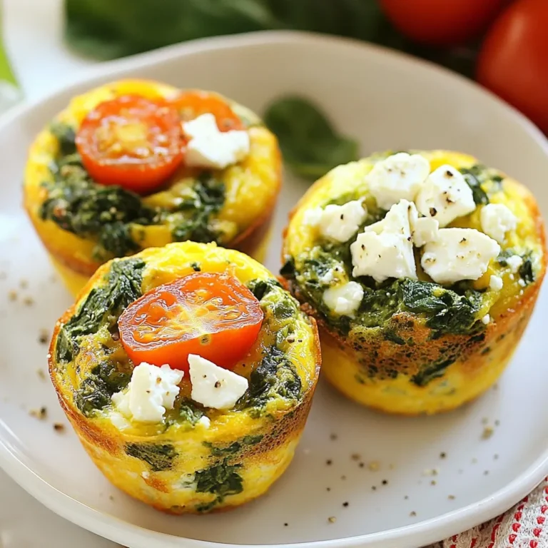 To make Spinach Feta Egg Muffins, gather these simple ingredients: - 6 large eggs - 1 cup fresh spinach, chopped - 1/2 cup feta cheese, crumbled - 1/4 cup milk (or a non-dairy alternative) - 1/4 cup cherry tomatoes, halved - 1/4 teaspoon garlic powder - 1/4 teaspoon onion powder - Salt and pepper to taste - Olive oil or cooking spray for greasing These ingredients come together to create a tasty and healthy breakfast option. Fresh spinach works best in this recipe. It has a bright taste and a nice texture. When chopped, it mixes well with eggs and other ingredients. Frozen spinach can be used, but it may change the texture. If you choose frozen, be sure to thaw and drain it well before using. This helps keep the muffins from getting soggy. Feta cheese adds a creamy and salty flavor to the muffins. Look for feta made from sheep's milk for a rich taste. Goat's milk feta is another great choice. It has a tangy flavor that pairs well with spinach. Avoid feta that feels too crumbly. You want a feta that will melt slightly in the oven, adding to the muffin's texture. {{ingredient_image_1}} Start by preheating your oven to 350°F (175°C). This step ensures even cooking. While the oven heats, grab your muffin tin. Grease a standard 12-cup muffin tin using olive oil or cooking spray. This helps the muffins pop out easily. Make sure to coat each cup well. In a large mixing bowl, crack open 6 large eggs. Add 1/4 cup of milk to the eggs. Whisk them together until they blend. This makes a smooth base. Next, mix in 1 cup of chopped fresh spinach and 1/2 cup of crumbled feta cheese. Sprinkle in 1/4 teaspoon of garlic powder and 1/4 teaspoon of onion powder. Don’t forget to add salt and pepper to taste. Stir this mixture well until everything is mixed evenly. Finally, fold in 1/4 cup of halved cherry tomatoes for extra flavor. Carefully pour the egg mixture into the greased muffin tin. Fill each cup about 3/4 full. This allows room for the muffins to rise. Place the tin in your preheated oven. Bake for 18-20 minutes. You know they are done when the muffins are set and lightly golden on top. Once baked, remove the tin from the oven. Let the muffins cool for a few minutes. To release them, run a knife around the edges. This makes it easy to pop them out. Serve them warm, or store them in an airtight container in the fridge. To get the best texture, avoid overmixing your egg batter. Just mix until combined. Use fresh spinach for a light and fluffy muffin. The right amount of milk adds moisture. I like to add 1/4 cup of milk for creaminess. Baking at 350°F helps them rise without burning. Keep an eye on them during the last few minutes of baking. These muffins shine at breakfast or brunch. Serve them warm on a colorful platter. Add fresh herbs like parsley or basil for a pop of color. Pair them with a side of fresh fruit for a balanced meal. You can also serve them with a light salad or yogurt for a complete spread. They are great for a casual get-together or a quick morning meal. Store your egg muffins in an airtight container. They last up to five days in the fridge. If you want to keep them longer, freeze them! Wrap each muffin in plastic wrap, then place them in a freezer bag. When ready to eat, thaw overnight in the fridge. Reheat in the microwave for about 30 seconds. Enjoy them warm for a tasty snack or meal! Pro Tips Fresh Spinach: Always use fresh spinach for the best flavor and texture. Avoid pre-packaged spinach which can sometimes be wilted. Cheese Variations: Experiment with different cheeses such as goat cheese or cheddar for varied flavors. Just ensure they melt well. Storage Tips: These muffins can be stored in the fridge for up to a week. They also freeze well, making them a great meal prep option. Customize Add-Ins: Feel free to add other ingredients like bell peppers, mushrooms, or cooked bacon for additional flavor and nutrition. {{image_2}} You can easily make these muffins fit your diet. For a dairy-free option, swap feta cheese with a dairy-free cheese. Use almond or soy milk instead of regular milk. To make them gluten-free, ensure your ingredients are labeled gluten-free. This way, everyone can enjoy these tasty muffins without worry. Feel free to get creative with the veggies you use. Bell peppers, zucchini, or mushrooms work great. You can also add cooked bacon or diced ham for extra protein. Mix and match to find your favorite combo. This will keep breakfast exciting and fun! Adding herbs and spices can transform your muffins. Try thyme, basil, or oregano for a fresh taste. A pinch of red pepper flakes adds a nice kick. Experiment with flavors to make these muffins your own. Your taste buds will thank you! To keep your spinach feta egg muffins fresh, let them cool first. After cooling, place them in an airtight container. This method helps keep the muffins moist and tasty. You can store them in the fridge for up to five days. If you want to enjoy them longer, consider freezing. To freeze your muffins, wrap each one in plastic wrap. Then, place them in a freezer-safe bag. This method prevents freezer burn and keeps them fresh. You can freeze them for up to three months. When ready to eat, thaw them in the fridge overnight. For a quick option, you can microwave them for about 30 seconds. Choose airtight containers to store your muffins. Glass containers or heavy-duty plastic containers work well. These options help maintain flavor and texture. Avoid using paper bags, as they can dry out your muffins. If you plan to freeze them, use freezer bags or freezer-safe containers. This way, you’ll always have a tasty breakfast ready to go. Spinach Feta Egg Muffins can last up to five days in the fridge. Store them in an airtight container. Keeping them sealed helps maintain their flavor and texture. Always check for any signs of spoilage before eating. Yes, you can make these muffins in advance. They are perfect for meal prep. Just bake them, cool them, and store them in the fridge. You can easily reheat them for a quick breakfast. This makes your mornings easier. For a vegan option, use chickpea flour mixed with water. This mix works well to bind the ingredients. You can also use silken tofu blended until smooth as another egg substitute. Both options will give you a tasty muffin without eggs. Spinach Feta Egg Muffins are easy and fun to make. We covered ingredients, including fresh vs. frozen spinach and the best feta cheese. I shared step-by-step instructions, tips for perfect texture, and storing methods. You can even try variations for dietary needs. These muffins are great for breakfast or brunch and work well for meal prep. Enjoy experimenting with flavors and ingredients that fit your taste. You’ll create delicious muffins every time!