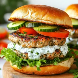 - 1 lb ground chicken - 1/2 cup feta cheese, crumbled - 1/4 cup plain Greek yogurt - 2 cloves garlic, minced - 1/4 cup fresh parsley, finely chopped - 1 teaspoon dried oregano - 1 teaspoon lemon zest - 1/2 teaspoon salt - 1/4 teaspoon black pepper - 4 whole wheat burger buns - Lettuce leaves - Sliced tomatoes - Sliced cucumbers - Olive oil for grilling Using these ingredients makes Greek chicken burgers tasty and healthy. Ground chicken keeps the burgers light. Feta cheese adds a creamy and salty flavor. Greek yogurt blends well for moisture, plus it boosts protein. The seasonings are key. Garlic gives a punch, while fresh herbs add brightness. Oregano and lemon zest create that classic Greek taste. Salt and pepper balance it all. Whole wheat buns offer a hearty base. Fresh veggies like lettuce, tomatoes, and cucumbers add crunch and freshness. Olive oil is perfect for grilling. It helps the patties brown nicely and prevents sticking. {{ingredient_image_1}} Mixing the ingredients Start by taking a large mixing bowl. Add 1 pound of ground chicken. Next, mix in 1/2 cup of crumbled feta cheese. Then, add 1/4 cup of plain Greek yogurt. Toss in 1/4 cup of finely chopped fresh parsley. Don't forget to add 2 minced cloves of garlic. Sprinkle in 1 teaspoon of dried oregano, 1 teaspoon of lemon zest, 1/2 teaspoon of salt, and 1/4 teaspoon of black pepper. Mix all the ingredients until they blend well. You want a nice, even mixture. Shaping the patties Now, divide the mixture into four equal parts. Shape each part into a patty. Make them about 1 inch thick. This size will help them cook evenly. Preheating the grill Before cooking, preheat your grill or grill pan. Set it to medium-high heat. Lightly brush the grill with olive oil to keep the patties from sticking. Grilling instructions and cooking time Place the shaped patties on the grill. Cook them for about 6 to 7 minutes on each side. Use a meat thermometer to check the internal temperature. It should reach 165°F (75°C). The patties should be golden brown and fully cooked. Ingredients for tzatziki For the tzatziki sauce, gather these ingredients: - 1/4 cup plain Greek yogurt - 2 cloves of minced garlic - A pinch of salt - 1/2 cup grated cucumber (make sure to squeeze out the excess water) Preparation steps In a bowl, mix the Greek yogurt, minced garlic, and salt. Next, add the grated cucumber. Stir everything well until it combines nicely. This sauce will add a refreshing taste to your burgers. To make juicy Greek chicken burgers, use fresh ground chicken. When mixing, don’t overwork the meat. This helps keep the burgers tender. Add crumbled feta cheese for flavor and moisture. The feta melts and keeps the burger juicy. Shape the patties gently. Make them about one inch thick. Use your thumb to create a small indent in the center. This helps them cook evenly and hold their shape. Preheat your grill to medium-high heat. Brush it lightly with olive oil. This helps prevent sticking. Cook the patties for about 6-7 minutes on each side. They are done when they reach 165°F (75°C). Look for a golden brown color. If you notice sticking, use a spatula to gently lift the patty. Move it side to side before flipping. This helps release it from the grill. You can customize your tzatziki sauce for extra flavor. Try adding fresh dill or mint for a twist. A pinch of paprika adds a nice kick too. If you want to change the yogurt, Greek yogurt works best. You can use regular plain yogurt. For a dairy-free option, try coconut yogurt. Just make sure it’s plain to keep the flavor balanced. Pro Tips Use Fresh Herbs: Fresh parsley will enhance the flavor of your burgers significantly compared to dried herbs. Always opt for fresh when possible. Patty Thickness: Keep your patties about 1-inch thick for even cooking. Thicker patties may require additional grilling time to cook through without drying out. Let the Patties Rest: After grilling, allow the patties to rest for a few minutes. This helps retain their juices, making for a moist and flavorful burger. Customize Your Toppings: Feel free to add other toppings like olives, red onion, or avocado to give your burgers a personal twist. {{image_2}} You can switch ground chicken for other meats. Try ground turkey for a leaner choice. Ground beef brings a rich flavor. Both options work well with the same seasonings. For a vegetarian twist, use chickpeas or lentils. You can mash them and add feta for that Greek flair. Not in the mood for a bun? Use lettuce wraps for a fresh, low-carb option. They add crunch and a nice touch. You can also serve the burger in pita bread. This gives a fun, Mediterranean feel. Just fill the pita with your cooked patty and toppings. Want to boost the flavor? Add spices like paprika or cumin for a kick. Fresh herbs, like dill or mint, can bring a cooling effect. You can also top your burger with roasted red peppers or olives. These extras add a burst of flavor and color. Incorporating different toppings can make your burger unique each time. To store leftovers, place the chicken burgers in an airtight container. Make sure they cool down first. Keep them in the fridge for up to three days. To maintain freshness, wrap the burgers in plastic wrap or foil. This helps prevent them from drying out. To freeze the chicken burger patties, shape them as directed. Place the uncooked patties on a baking sheet. Freeze them for about one hour until firm. Then, transfer the patties to a freezer bag. Make sure to label the bag with the date. You can store them for up to three months. To thaw, move the patties to the fridge overnight. Reheat them on a grill or stovetop. Cook until they reach 165°F (75°C). For tzatziki sauce, store it in a sealed container in the fridge. It can last for up to five days. If you want it to stay fresh, make it in small batches. This way, you can enjoy it at its best. To check if your chicken burgers are cooked, use a meat thermometer. Insert it into the thickest part of the patty. The internal temperature should reach 165°F (75°C). This tells you the chicken is safe to eat. You can also look for visual cues. The outside should be golden brown. When you cut into the patty, the meat should look white and no longer pink. Juices should run clear. These signs mean your burgers are ready. Yes, you can make these burgers ahead of time. Prepare the chicken mixture and shape the patties. Store them in the fridge for up to one day. This makes dinner quick and easy. If you want to freeze them, place the patties in a single layer on a baking sheet. Freeze until solid. Then, transfer them to a freezer bag. They can stay frozen for up to three months. Thaw them in the fridge before cooking. Many side dishes pair well with Greek chicken burgers. A simple green salad with lemon vinaigrette works great. You can also serve roasted vegetables for a healthy touch. For a tasty dip, try tzatziki sauce. The coolness of the yogurt complements the burgers. You can also add pita chips or whole wheat pita bread for a fun twist. Sliced cucumbers or tomatoes make great toppings too! This article covered how to make tasty Greek chicken burgers. We explored key ingredients like ground chicken, feta, and Greek yogurt. I shared steps for mixing and grilling the patties, plus a simple tzatziki sauce. I also included tips for perfecting your burgers and fun variations. Enjoying these burgers can be a fresh twist on dinner. They are easy to prep and very versatile. Try different meats, wraps, and toppings to make this meal your own. Happy grilling!
