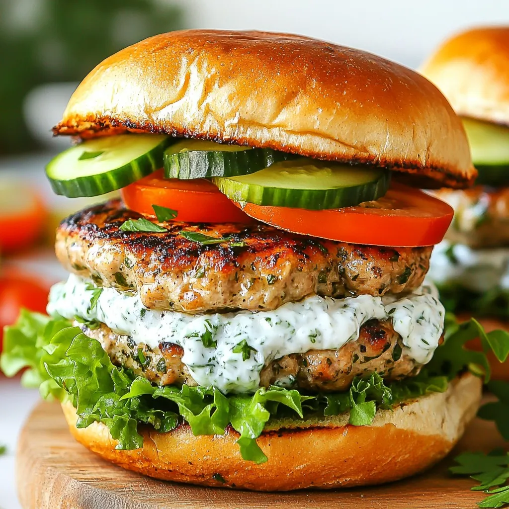 - 1 lb ground chicken - 1/2 cup feta cheese, crumbled - 1/4 cup plain Greek yogurt - 2 cloves garlic, minced - 1/4 cup fresh parsley, finely chopped - 1 teaspoon dried oregano - 1 teaspoon lemon zest - 1/2 teaspoon salt - 1/4 teaspoon black pepper - 4 whole wheat burger buns - Lettuce leaves - Sliced tomatoes - Sliced cucumbers - Olive oil for grilling Using these ingredients makes Greek chicken burgers tasty and healthy. Ground chicken keeps the burgers light. Feta cheese adds a creamy and salty flavor. Greek yogurt blends well for moisture, plus it boosts protein. The seasonings are key. Garlic gives a punch, while fresh herbs add brightness. Oregano and lemon zest create that classic Greek taste. Salt and pepper balance it all. Whole wheat buns offer a hearty base. Fresh veggies like lettuce, tomatoes, and cucumbers add crunch and freshness. Olive oil is perfect for grilling. It helps the patties brown nicely and prevents sticking. {{ingredient_image_1}} Mixing the ingredients Start by taking a large mixing bowl. Add 1 pound of ground chicken. Next, mix in 1/2 cup of crumbled feta cheese. Then, add 1/4 cup of plain Greek yogurt. Toss in 1/4 cup of finely chopped fresh parsley. Don't forget to add 2 minced cloves of garlic. Sprinkle in 1 teaspoon of dried oregano, 1 teaspoon of lemon zest, 1/2 teaspoon of salt, and 1/4 teaspoon of black pepper. Mix all the ingredients until they blend well. You want a nice, even mixture. Shaping the patties Now, divide the mixture into four equal parts. Shape each part into a patty. Make them about 1 inch thick. This size will help them cook evenly. Preheating the grill Before cooking, preheat your grill or grill pan. Set it to medium-high heat. Lightly brush the grill with olive oil to keep the patties from sticking. Grilling instructions and cooking time Place the shaped patties on the grill. Cook them for about 6 to 7 minutes on each side. Use a meat thermometer to check the internal temperature. It should reach 165°F (75°C). The patties should be golden brown and fully cooked. Ingredients for tzatziki For the tzatziki sauce, gather these ingredients: - 1/4 cup plain Greek yogurt - 2 cloves of minced garlic - A pinch of salt - 1/2 cup grated cucumber (make sure to squeeze out the excess water) Preparation steps In a bowl, mix the Greek yogurt, minced garlic, and salt. Next, add the grated cucumber. Stir everything well until it combines nicely. This sauce will add a refreshing taste to your burgers. To make juicy Greek chicken burgers, use fresh ground chicken. When mixing, don’t overwork the meat. This helps keep the burgers tender. Add crumbled feta cheese for flavor and moisture. The feta melts and keeps the burger juicy. Shape the patties gently. Make them about one inch thick. Use your thumb to create a small indent in the center. This helps them cook evenly and hold their shape. Preheat your grill to medium-high heat. Brush it lightly with olive oil. This helps prevent sticking. Cook the patties for about 6-7 minutes on each side. They are done when they reach 165°F (75°C). Look for a golden brown color. If you notice sticking, use a spatula to gently lift the patty. Move it side to side before flipping. This helps release it from the grill. You can customize your tzatziki sauce for extra flavor. Try adding fresh dill or mint for a twist. A pinch of paprika adds a nice kick too. If you want to change the yogurt, Greek yogurt works best. You can use regular plain yogurt. For a dairy-free option, try coconut yogurt. Just make sure it’s plain to keep the flavor balanced. Pro Tips Use Fresh Herbs: Fresh parsley will enhance the flavor of your burgers significantly compared to dried herbs. Always opt for fresh when possible. Patty Thickness: Keep your patties about 1-inch thick for even cooking. Thicker patties may require additional grilling time to cook through without drying out. Let the Patties Rest: After grilling, allow the patties to rest for a few minutes. This helps retain their juices, making for a moist and flavorful burger. Customize Your Toppings: Feel free to add other toppings like olives, red onion, or avocado to give your burgers a personal twist. {{image_2}} You can switch ground chicken for other meats. Try ground turkey for a leaner choice. Ground beef brings a rich flavor. Both options work well with the same seasonings. For a vegetarian twist, use chickpeas or lentils. You can mash them and add feta for that Greek flair. Not in the mood for a bun? Use lettuce wraps for a fresh, low-carb option. They add crunch and a nice touch. You can also serve the burger in pita bread. This gives a fun, Mediterranean feel. Just fill the pita with your cooked patty and toppings. Want to boost the flavor? Add spices like paprika or cumin for a kick. Fresh herbs, like dill or mint, can bring a cooling effect. You can also top your burger with roasted red peppers or olives. These extras add a burst of flavor and color. Incorporating different toppings can make your burger unique each time. To store leftovers, place the chicken burgers in an airtight container. Make sure they cool down first. Keep them in the fridge for up to three days. To maintain freshness, wrap the burgers in plastic wrap or foil. This helps prevent them from drying out. To freeze the chicken burger patties, shape them as directed. Place the uncooked patties on a baking sheet. Freeze them for about one hour until firm. Then, transfer the patties to a freezer bag. Make sure to label the bag with the date. You can store them for up to three months. To thaw, move the patties to the fridge overnight. Reheat them on a grill or stovetop. Cook until they reach 165°F (75°C). For tzatziki sauce, store it in a sealed container in the fridge. It can last for up to five days. If you want it to stay fresh, make it in small batches. This way, you can enjoy it at its best. To check if your chicken burgers are cooked, use a meat thermometer. Insert it into the thickest part of the patty. The internal temperature should reach 165°F (75°C). This tells you the chicken is safe to eat. You can also look for visual cues. The outside should be golden brown. When you cut into the patty, the meat should look white and no longer pink. Juices should run clear. These signs mean your burgers are ready. Yes, you can make these burgers ahead of time. Prepare the chicken mixture and shape the patties. Store them in the fridge for up to one day. This makes dinner quick and easy. If you want to freeze them, place the patties in a single layer on a baking sheet. Freeze until solid. Then, transfer them to a freezer bag. They can stay frozen for up to three months. Thaw them in the fridge before cooking. Many side dishes pair well with Greek chicken burgers. A simple green salad with lemon vinaigrette works great. You can also serve roasted vegetables for a healthy touch. For a tasty dip, try tzatziki sauce. The coolness of the yogurt complements the burgers. You can also add pita chips or whole wheat pita bread for a fun twist. Sliced cucumbers or tomatoes make great toppings too! This article covered how to make tasty Greek chicken burgers. We explored key ingredients like ground chicken, feta, and Greek yogurt. I shared steps for mixing and grilling the patties, plus a simple tzatziki sauce. I also included tips for perfecting your burgers and fun variations. Enjoying these burgers can be a fresh twist on dinner. They are easy to prep and very versatile. Try different meats, wraps, and toppings to make this meal your own. Happy grilling!
