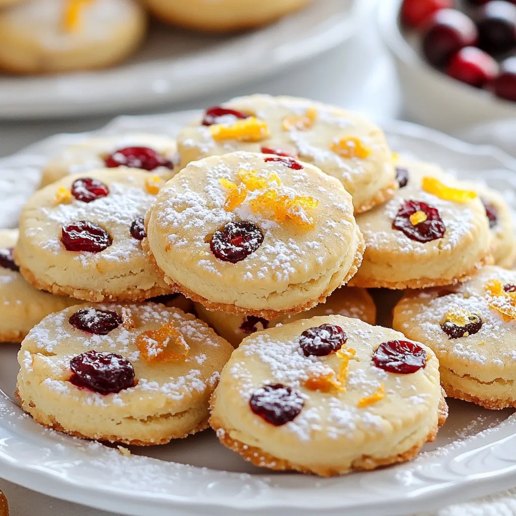 - 1 cup unsalted butter, softened - 1/2 cup powdered sugar - 1 teaspoon vanilla extract - Zest of 1 orange - 2 cups all-purpose flour - 1/4 teaspoon salt - 1/2 cup dried cranberries, chopped - 1/4 cup orange juice - Extra powdered sugar for dusting (optional) These ingredients make the cookies rich and flavorful. The butter gives a nice, creamy taste. Using powdered sugar adds sweetness without graininess. The orange zest and juice bring a fresh twist. Dried cranberries add chewiness and a pop of tartness. - Chopped nuts (like walnuts or pecans) - White chocolate chips - A pinch of cinnamon Adding nuts gives crunch and depth. White chocolate chips add creaminess. A sprinkle of cinnamon can enhance the warm flavors. Feel free to mix and match to find what you love! - Use dairy-free butter for a dairy-free option. - Substitute all-purpose flour with almond flour for a gluten-free choice. - Replace powdered sugar with a sugar alternative for lower sugar content. These substitutions can help if you have allergies. They keep the cookies delicious while catering to your needs. Just remember that texture may change slightly with different ingredients. {{ingredient_image_1}} Start by preheating your oven to 350°F (175°C). Line a baking sheet with parchment paper. In a large bowl, cream 1 cup of softened unsalted butter with 1/2 cup of powdered sugar. Mix until light and fluffy, which takes about 3 to 4 minutes. Next, add in 1 teaspoon of vanilla extract and the zest of 1 orange. Stir until well mixed. Gradually add 2 cups of all-purpose flour and 1/4 teaspoon of salt. Mix until the dough starts to come together. Finally, fold in 1/2 cup of chopped dried cranberries and 1/4 cup of orange juice. Make sure these are evenly spread throughout. Lightly flour your work surface. Turn the dough out onto this surface and shape it into a log about 2 inches thick. Wrap the log in plastic wrap and place it in the fridge. Chill the dough for about 30 minutes until it is firm. Once chilled, take the log out and slice it into 1/4-inch thick rounds. Place these slices on the prepared baking sheet, leaving some space between each cookie. Put the baking sheet in the preheated oven. Bake for 12 to 15 minutes. Keep an eye on them; the edges should start to turn golden. After baking, remove the cookies from the oven. Let them cool on the baking sheet for a few minutes. Then, transfer them to a wire rack to cool completely. If desired, dust the cookies with more powdered sugar before serving. Enjoy your delicious cranberry orange shortbread cookies! To get the best texture, use unsalted butter that is soft but not melted. This helps the cookies rise just right. Cream the butter and powdered sugar well. It should look light and fluffy. Don't rush this step; it takes about 3 to 4 minutes. When you add flour, mix it slowly. Overmixing can make your cookies tough. Aim for a smooth dough that holds together well. To keep your cookies fresh, store them in an airtight container. This helps maintain their crisp edges. If you want them to last longer, you can freeze them. Wrap each cookie in plastic wrap. Place the wrapped cookies in a freezer bag. They can stay fresh for up to three months. When you are ready to eat them, just thaw at room temperature. You can make these cookies even better by adding more flavors. Try adding chopped nuts like walnuts or pecans for crunch. A bit of ground cinnamon can add warmth. If you love chocolate, mix in some mini chocolate chips. You can also swap the dried cranberries for other dried fruits, like cherries or apricots, to change the taste. Pro Tips Chill the Dough: For easier slicing and to achieve a firmer texture, make sure the dough is well-chilled before cutting into rounds. Uniform Thickness: Slicing the cookies to an even thickness ensures they bake evenly, preventing some from burning while others remain doughy. Experiment with Spices: Add a pinch of cinnamon or nutmeg to the dough for an extra layer of flavor that complements the orange and cranberry. Storage Tips: Store the cookies in an airtight container at room temperature for up to a week, or freeze for longer storage. {{image_2}} You can play with flavors in these cookies. Try adding mini chocolate chips for a sweet twist. If you love nuts, almond extract pairs well with orange zest. You might even try adding lemon zest for a fresh taste. Each variation brings a new vibe to the same dough. Just keep the base recipe the same, but add your favorite flavors. You can make these cookies gluten-free. Just swap the all-purpose flour for a gluten-free blend. I like to use a 1-to-1 gluten-free flour mix. Make sure it contains xanthan gum for better texture. The taste stays great, and you won’t miss the gluten at all. Enjoy these cookies without worry! To make these cookies vegan, replace the butter with coconut oil or vegan butter. Use a flax egg instead of regular eggs. Just mix one tablespoon of ground flaxseed with three tablespoons of water. Let it sit until it thickens. This will help bind the dough. The result is a tasty cookie that fits vegan diets. You can still enjoy the same delicious flavor! Store your cranberry orange shortbread cookies in an airtight container. This keeps them fresh. Place parchment paper between layers to avoid sticking. Keep them at room temperature for up to one week. If you want them to last longer, consider refrigerating them. To freeze cookies, first let them cool completely. Next, wrap each cookie in plastic wrap. You can also place them in a freezer-safe bag. They will stay fresh for up to three months. Just remember to label the bag with the date. To refresh your cookies, you can reheat them in the oven. Set your oven to 300°F (150°C). Place the cookies on a baking sheet for about five minutes. This softens them and brings back their fresh taste. Enjoy them warm with a cup of tea or coffee! Cranberry orange shortbread cookies last about one week. Keep them in an airtight container. This keeps them fresh and tasty. If you want them to last longer, you can freeze them. They will stay good in the freezer for up to three months. You can use fresh cranberries, but the cookies will change. Fresh cranberries are tart. This can make the cookies less sweet. If you use fresh, chop them small and add more sugar. This helps balance the tart flavor. If your dough feels too crumbly, add a little more liquid. Use orange juice or a bit of water. Mix it in slowly until the dough comes together. Be careful not to add too much. You want a smooth dough, not sticky. Yes, you can make the dough ahead of time. Wrap it well in plastic wrap and refrigerate. You can keep it in the fridge for up to two days. This makes it easy to bake fresh cookies anytime. Yes, you can change the shape of these cookies. Instead of a log, you can roll the dough out flat. Use cookie cutters to make fun shapes. Just be sure the dough is thick enough to hold its shape when baked. Cranberry orange shortbread cookies are tasty and easy to make. From key ingredients to baking tips, you now know how to create these treats. Remember, variations can fit every taste and diet. Store them well to keep them fresh for longer. This recipe offers fun ways to enjoy baking, so don’t hesitate to try new flavors! With these steps, you'll impress everyone with your skills and delicious cookies. Happy baking!