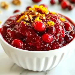 For this recipe, you need 12 ounces of fresh cranberries. Rinse them well before use. Fresh cranberries have a bright, tart flavor. They form the base of the sauce. You can find them in stores during the fall and winter. You will use 1 cup of granulated sugar to balance the tartness. Sugar helps the sauce become sweet and rich. For a twist, you can try honey or maple syrup. These alternatives can change the flavor profile slightly. Add 1/2 teaspoon of ground cinnamon and 1/4 teaspoon of ground nutmeg. These spices bring warmth and depth to the sauce. The cinnamon adds a cozy feel, while nutmeg offers a hint of earthiness. Don’t skip the zest of 1 orange. It brightens the dish and adds freshness. You can enhance your cranberry sauce with 1/4 cup of chopped walnuts or pecans. They add crunch and a nutty flavor. If you want a sweet twist, mix in 1/4 cup of dried cherries or cranberries. These add sweetness and a chewy texture. Feel free to experiment with these add-ins based on your taste! {{ingredient_image_1}} Start by rinsing 12 ounces of fresh cranberries. This step is key to removing any dirt. Inspect the berries and discard any that look bad. Next, take a medium saucepan and add the rinsed cranberries. Pour in 1 cup of orange juice. This juice adds a bright flavor to the sauce. Now, place the saucepan on the stove. Turn the heat to medium-high and bring it to a boil. Once it starts boiling, lower the heat to let it simmer. This simmering helps the cranberries burst. After about 10 minutes, add 1 cup of granulated sugar, 1/2 teaspoon of ground cinnamon, and 1/4 teaspoon of ground nutmeg. Stir well until the sugar dissolves. Keep cooking until most cranberries burst and the sauce thickens. Remove the saucepan from the heat. Now, stir in 1/4 cup of chopped walnuts or pecans for crunch. Add 1/4 cup of dried cherries or cranberries for a sweet twist. Finally, mix in the zest of 1 orange. This zest gives added flavor and aroma. Let the sauce cool at room temperature. After cooling, put it in a serving dish or airtight container. Refrigerate for at least 1 hour before serving. This helps all the flavors blend well. To make the best cranberry sauce, always use fresh cranberries. Rinse them well before cooking. For a smooth texture, cook until most cranberries burst. This should take about ten minutes. Add sugar slowly, tasting as you go. The sugar balances the tartness. Use a mix of spices like cinnamon and nutmeg to add warmth. Don't skip the orange zest! It brightens the flavor and adds freshness. For added crunch, mix in walnuts or pecans at the end. Cranberry sauce pairs well with many dishes. It complements turkey or chicken perfectly. Try it on a sandwich with leftover meat. It also goes great with cheese. Pair it with creamy brie or sharp cheddar. For a twist, serve it with roasted vegetables. The sweet-tart flavor adds depth to savory dishes. You can even use it in desserts, like topping for cheesecake. Serve your cranberry sauce in a beautiful bowl. A sprinkle of chopped walnuts on top adds texture. For extra color, garnish with orange slices or mint leaves. This makes your dish look festive and inviting. If you have guests, let them serve it themselves. Offer it alongside other sides for a buffet-style meal. This allows everyone to enjoy your tasty cranberry sauce their way! Pro Tips Freshness Matters: Always use fresh cranberries for the best flavor and texture in your sauce. Sweetness Adjustment: Taste the sauce as it cooks and adjust the sugar to your desired level of sweetness. Storage Tips: This sauce can be stored in an airtight container in the fridge for up to a week, making it great for meal prep. Flavor Boost: For an extra flavor kick, consider adding a splash of brandy or port wine during cooking. {{image_2}} You can change up the flavor of your cranberry sauce with different ingredients. Consider using apple juice instead of orange juice. This gives a sweet and tart twist. You might also try adding a splash of pomegranate juice for a richer taste. Instead of walnuts, add pecans or even almonds for crunch. Dried apricots can replace dried cherries for a fruity kick. Each change adds a new layer of flavor and fun. Making this sauce vegan is easy. All the current ingredients are already plant-based. Use coconut sugar instead of granulated sugar for a healthier option. You can also try maple syrup as a sweetener. It adds a unique flavor that pairs well with cranberries. Don't forget to check your dried fruits. Some may contain animal products, so choose wisely. If you like some heat, consider adding spices like cayenne pepper or fresh ginger. A pinch of cayenne can give your sauce a nice kick without overpowering it. Fresh ginger adds warmth and depth, making the sauce more complex. For a fun twist, try adding jalapeño or crushed red pepper flakes. These spicy ingredients can balance the tartness of the cranberries, creating a delightful blend. To keep your cranberry sauce fresh, place it in an airtight container. Make sure it cools to room temperature first. This helps keep the flavors intact. Store it in the fridge, and it will last for about a week. If you want to enjoy it later, freezing is a great option. To freeze cranberry sauce, use a freezer-safe container or a heavy-duty freezer bag. Leave some space at the top, as the sauce will expand when frozen. Label the container with the date. When you want to use it, move it to the fridge for a night to thaw. You can also warm it on the stove over low heat. Homemade cranberry sauce lasts about a week in the fridge. When frozen, it can last up to six months. Use it in various ways! Try it as a topping for yogurt, pancakes, or even on sandwiches. You can also mix it into oatmeal for a tasty breakfast twist. Enjoy your sauce in many fun ways! Yes, you can make cranberry sauce ahead of time. It tastes great after resting. I like to make mine a day or two before my big meal. This lets the flavors blend and deepen. Just store it in an airtight container in the fridge. It stays fresh and tasty, ready for your feast. Homemade cranberry sauce can last about one week in the fridge. I always check for any off smells or colors before using. If you want to keep it longer, try freezing it. In the freezer, it can last for up to six months. Just thaw it overnight in the fridge before serving. There are many fun ways to use leftover cranberry sauce. You can spread it on toast or mix it into yogurt. It also makes a great topping for pancakes or waffles. I love adding it to smoothies for a fruity kick. You can even use it in salad dressings or marinades. The options are endless! In this blog post, we explored how to make delicious cranberry sauce from scratch. We covered ingredients like fresh cranberries, sweeteners, and spices. You learned step-by-step instructions for preparation and cooking. We shared tips to perfect your sauce, great pairings, and fun serving ideas. Plus, we talked about variations, storage, and answered FAQs. With these insights, you can create a tasty cranberry sauce that enhances any meal. Enjoy making it your own!