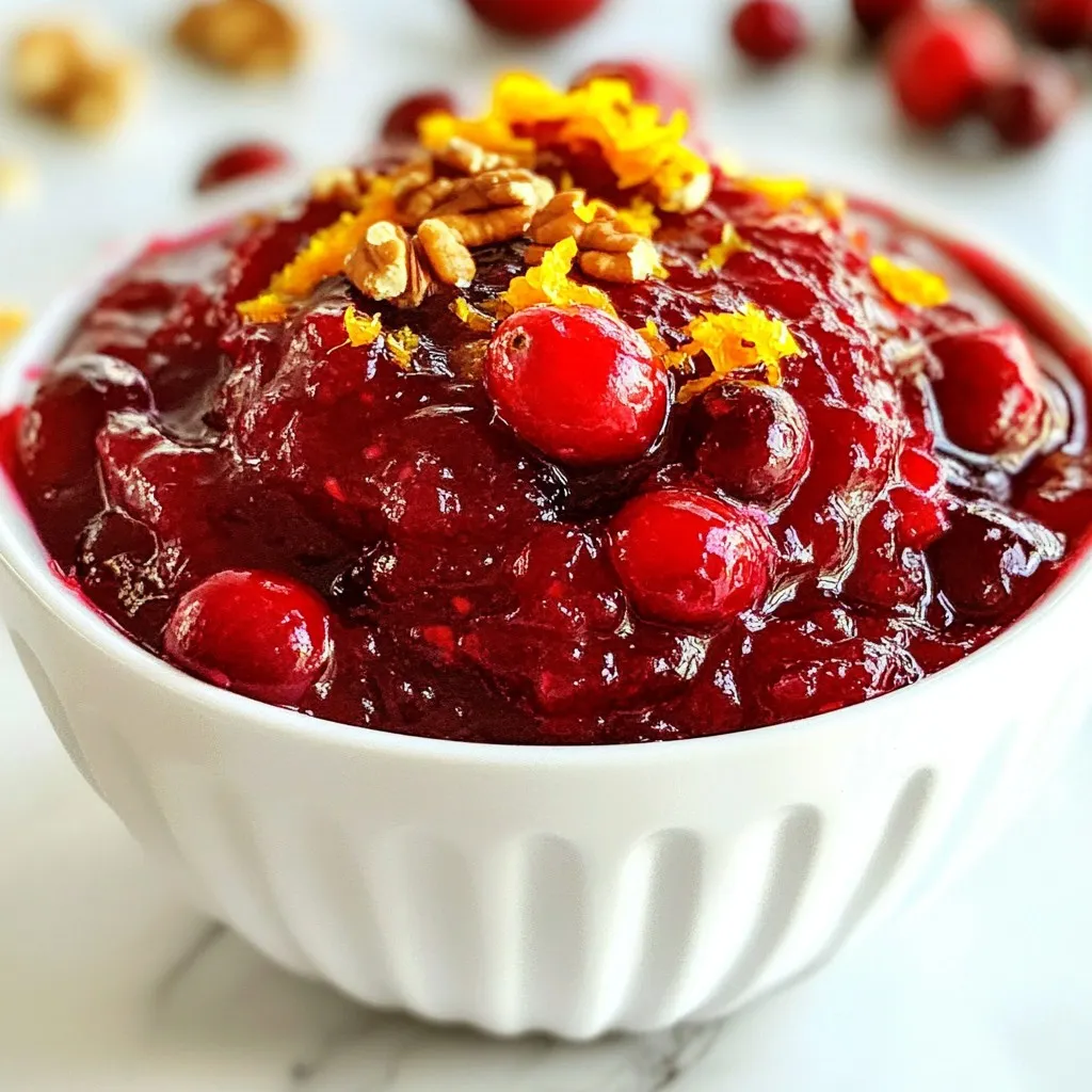 For this recipe, you need 12 ounces of fresh cranberries. Rinse them well before use. Fresh cranberries have a bright, tart flavor. They form the base of the sauce. You can find them in stores during the fall and winter. You will use 1 cup of granulated sugar to balance the tartness. Sugar helps the sauce become sweet and rich. For a twist, you can try honey or maple syrup. These alternatives can change the flavor profile slightly. Add 1/2 teaspoon of ground cinnamon and 1/4 teaspoon of ground nutmeg. These spices bring warmth and depth to the sauce. The cinnamon adds a cozy feel, while nutmeg offers a hint of earthiness. Don’t skip the zest of 1 orange. It brightens the dish and adds freshness. You can enhance your cranberry sauce with 1/4 cup of chopped walnuts or pecans. They add crunch and a nutty flavor. If you want a sweet twist, mix in 1/4 cup of dried cherries or cranberries. These add sweetness and a chewy texture. Feel free to experiment with these add-ins based on your taste! {{ingredient_image_1}} Start by rinsing 12 ounces of fresh cranberries. This step is key to removing any dirt. Inspect the berries and discard any that look bad. Next, take a medium saucepan and add the rinsed cranberries. Pour in 1 cup of orange juice. This juice adds a bright flavor to the sauce. Now, place the saucepan on the stove. Turn the heat to medium-high and bring it to a boil. Once it starts boiling, lower the heat to let it simmer. This simmering helps the cranberries burst. After about 10 minutes, add 1 cup of granulated sugar, 1/2 teaspoon of ground cinnamon, and 1/4 teaspoon of ground nutmeg. Stir well until the sugar dissolves. Keep cooking until most cranberries burst and the sauce thickens. Remove the saucepan from the heat. Now, stir in 1/4 cup of chopped walnuts or pecans for crunch. Add 1/4 cup of dried cherries or cranberries for a sweet twist. Finally, mix in the zest of 1 orange. This zest gives added flavor and aroma. Let the sauce cool at room temperature. After cooling, put it in a serving dish or airtight container. Refrigerate for at least 1 hour before serving. This helps all the flavors blend well. To make the best cranberry sauce, always use fresh cranberries. Rinse them well before cooking. For a smooth texture, cook until most cranberries burst. This should take about ten minutes. Add sugar slowly, tasting as you go. The sugar balances the tartness. Use a mix of spices like cinnamon and nutmeg to add warmth. Don't skip the orange zest! It brightens the flavor and adds freshness. For added crunch, mix in walnuts or pecans at the end. Cranberry sauce pairs well with many dishes. It complements turkey or chicken perfectly. Try it on a sandwich with leftover meat. It also goes great with cheese. Pair it with creamy brie or sharp cheddar. For a twist, serve it with roasted vegetables. The sweet-tart flavor adds depth to savory dishes. You can even use it in desserts, like topping for cheesecake. Serve your cranberry sauce in a beautiful bowl. A sprinkle of chopped walnuts on top adds texture. For extra color, garnish with orange slices or mint leaves. This makes your dish look festive and inviting. If you have guests, let them serve it themselves. Offer it alongside other sides for a buffet-style meal. This allows everyone to enjoy your tasty cranberry sauce their way! Pro Tips Freshness Matters: Always use fresh cranberries for the best flavor and texture in your sauce. Sweetness Adjustment: Taste the sauce as it cooks and adjust the sugar to your desired level of sweetness. Storage Tips: This sauce can be stored in an airtight container in the fridge for up to a week, making it great for meal prep. Flavor Boost: For an extra flavor kick, consider adding a splash of brandy or port wine during cooking. {{image_2}} You can change up the flavor of your cranberry sauce with different ingredients. Consider using apple juice instead of orange juice. This gives a sweet and tart twist. You might also try adding a splash of pomegranate juice for a richer taste. Instead of walnuts, add pecans or even almonds for crunch. Dried apricots can replace dried cherries for a fruity kick. Each change adds a new layer of flavor and fun. Making this sauce vegan is easy. All the current ingredients are already plant-based. Use coconut sugar instead of granulated sugar for a healthier option. You can also try maple syrup as a sweetener. It adds a unique flavor that pairs well with cranberries. Don't forget to check your dried fruits. Some may contain animal products, so choose wisely. If you like some heat, consider adding spices like cayenne pepper or fresh ginger. A pinch of cayenne can give your sauce a nice kick without overpowering it. Fresh ginger adds warmth and depth, making the sauce more complex. For a fun twist, try adding jalapeño or crushed red pepper flakes. These spicy ingredients can balance the tartness of the cranberries, creating a delightful blend. To keep your cranberry sauce fresh, place it in an airtight container. Make sure it cools to room temperature first. This helps keep the flavors intact. Store it in the fridge, and it will last for about a week. If you want to enjoy it later, freezing is a great option. To freeze cranberry sauce, use a freezer-safe container or a heavy-duty freezer bag. Leave some space at the top, as the sauce will expand when frozen. Label the container with the date. When you want to use it, move it to the fridge for a night to thaw. You can also warm it on the stove over low heat. Homemade cranberry sauce lasts about a week in the fridge. When frozen, it can last up to six months. Use it in various ways! Try it as a topping for yogurt, pancakes, or even on sandwiches. You can also mix it into oatmeal for a tasty breakfast twist. Enjoy your sauce in many fun ways! Yes, you can make cranberry sauce ahead of time. It tastes great after resting. I like to make mine a day or two before my big meal. This lets the flavors blend and deepen. Just store it in an airtight container in the fridge. It stays fresh and tasty, ready for your feast. Homemade cranberry sauce can last about one week in the fridge. I always check for any off smells or colors before using. If you want to keep it longer, try freezing it. In the freezer, it can last for up to six months. Just thaw it overnight in the fridge before serving. There are many fun ways to use leftover cranberry sauce. You can spread it on toast or mix it into yogurt. It also makes a great topping for pancakes or waffles. I love adding it to smoothies for a fruity kick. You can even use it in salad dressings or marinades. The options are endless! In this blog post, we explored how to make delicious cranberry sauce from scratch. We covered ingredients like fresh cranberries, sweeteners, and spices. You learned step-by-step instructions for preparation and cooking. We shared tips to perfect your sauce, great pairings, and fun serving ideas. Plus, we talked about variations, storage, and answered FAQs. With these insights, you can create a tasty cranberry sauce that enhances any meal. Enjoy making it your own!
