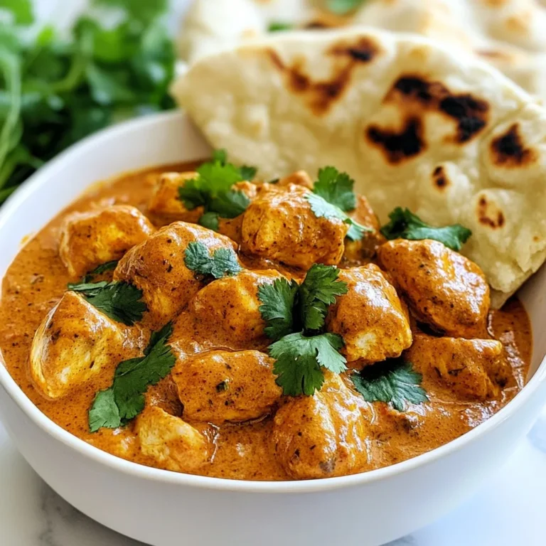 - 500g boneless chicken breast, cut into bite-sized pieces - 1 cup plain yogurt - 2 tablespoons lemon juice - 2 teaspoons garam masala - 2 teaspoons ground cumin - 1 teaspoon ground coriander - 1 teaspoon turmeric powder The main ingredients set the base for Chicken Tikka Masala. The boneless chicken breast ensures tender bites. Yogurt and lemon juice marinate the chicken, giving it flavor. Spices like garam masala and cumin add warmth and depth. Coriander and turmeric round out the taste with earthy notes. - 2 tablespoons cooking oil - 1 large onion, finely chopped - 2 tomatoes, pureed - 1 cup heavy cream or coconut milk - Fresh cilantro for garnish In this dish, cooking oil helps to sauté the onions until golden. Onions add sweetness to balance the spices. Pureed tomatoes create a rich sauce. Cream or coconut milk gives a creamy texture. Fresh cilantro adds a pop of color and fresh flavor. - Pair with naan bread or basmati rice - Serve in a large bowl with extra cilantro For a complete meal, serve Chicken Tikka Masala with warm naan bread or fluffy basmati rice. This adds a nice touch to the plate. You can also present it in a large bowl and sprinkle cilantro on top for a vibrant finish. {{ingredient_image_1}} To start, gather your marinade ingredients. You need yogurt, lemon juice, garam masala, cumin, coriander, turmeric, and ginger-garlic paste. Mix these in a large bowl. Add your chicken pieces, making sure they are coated well. Cover the bowl and place it in the fridge. Marinate for at least one hour. If you can, let it sit overnight. This makes the chicken juicy and full of flavor. You can cook the chicken in two ways: baking or grilling. For baking, preheat your oven to 200°C (400°F). Spread the marinated chicken on a baking sheet. Bake for 15-20 minutes. Look for a nice char on the edges. If you prefer grilling, thread the chicken onto skewers. Grill for about 10-12 minutes, turning until cooked through. Both methods work well. Next, heat cooking oil in a large skillet over medium heat. Add the finely chopped onion. Sauté until it turns golden brown, which takes about 5-7 minutes. This step adds a rich depth to your sauce. Now, stir in the pureed tomatoes. Cook for another 5-7 minutes. You want the oil to separate from the mixture. This shows it's well-cooked. Add the grilled chicken to the skillet with the tomato mixture. Pour in the heavy cream or coconut milk. Stir everything together until well combined. Cook on low heat for 5-10 minutes. This allows all the flavors to meld. Don’t forget to season with salt to taste. Remove from heat and garnish with fresh cilantro. For a great presentation, serve in a large bowl. Sprinkle some extra cilantro on top. Pair it with warm naan bread or basmati rice. This makes for a complete and satisfying meal. Enjoy your delicious Chicken Tikka Masala! To get the best flavor, marinate the chicken for at least one hour. For deeper taste, marinate overnight. This helps the spices soak into the chicken. Use a good balance of spices for authenticity. I recommend using fresh garam masala, cumin, and coriander. These spices bring warmth and depth to the dish. You can use either a grill or an oven for cooking. Grilling gives a nice smoky flavor. If you bake, set your oven to 200°C (400°F). Whichever method you choose, keep an eye on the chicken. To ensure it stays juicy, don't overcook it. Aim for a cook time of about 15-20 minutes in the oven or 10-12 minutes on the grill. To adjust the heat, add more chili powder for spice. If you prefer a milder dish, use less. You can also swap out heavy cream for coconut milk if you want a dairy-free option. This change keeps the dish creamy while fitting your dietary needs. Pro Tips Marination Time: Allow the chicken to marinate overnight for deeper flavor penetration and tenderness. Cooking Method: Grilling the chicken adds a smoky flavor; consider using charcoal for an authentic taste. Adjusting Spice Levels: If you prefer a spicier dish, add crushed red pepper flakes or a dash of cayenne pepper to the sauce. Serving Suggestions: Pair with a side of cucumber raita to balance the spices and cool the palate. {{image_2}} You can easily make a vegetarian version of Chicken Tikka Masala. Simply swap the chicken for tofu or paneer. Tofu is a great option, as it soaks up flavors well. Use firm tofu and press it to remove extra water. For paneer, cut it into cubes and use it just like chicken. When cooking, adjust the cooking times. If you use tofu, cook it for about 10-12 minutes. For paneer, it only needs about 5-7 minutes to heat through. Both versions stay creamy and tasty with the same sauce. The style of Chicken Tikka Masala can change based on the region. North Indian recipes often use a rich, creamy sauce. South Indian styles might add coconut milk and curry leaves for a different taste. You can also add regional spices. Try using mustard seeds or curry leaves for a South Indian twist. Each region adds its flair to the dish, making it more fun to explore. You can enjoy your Chicken Tikka Masala with alternative sauces. For a tangy twist, try a mango chutney or a spicy green chutney. These options bring new flavors to each bite. Exploring flavor profiles can enhance your meal. A rich sauce pairs well with basmati rice or naan. Each sauce adds depth and makes your dinner more exciting. To store leftover Chicken Tikka Masala, let it cool first. Place it in an airtight container. This keeps flavors fresh and prevents spills. It stays good in the fridge for about 3-4 days. When you reheat, use a pan or microwave. Stir often to heat evenly. If using a microwave, cover the dish to keep moisture in. You can freeze Chicken Tikka Masala for later. Just let it cool completely. Pour it into a freezer-safe container or bag. Squeeze out any extra air. It can last up to 3 months in the freezer. When you are ready to eat it, thaw it overnight in the fridge. Reheat it in a pan over low heat. Add a splash of water or cream to keep it creamy. Chicken Tikka Masala can last in the fridge for 3-4 days. If frozen, it can stay good for about 3 months. Signs of spoilage include an off smell, color changes, or mold. If you see any of these, it’s best to toss it out. Always trust your senses when checking food. Chicken Tikka Masala is a popular Indian dish. It features grilled chicken pieces in a spiced tomato sauce. The dish blends flavors from South Asian and British cuisines. Many people enjoy it for its rich taste and creamy texture. Variations exist, like using different meats or vegetables. Each region adds its twist, making it unique to local traditions. Yes, you can make Chicken Tikka Masala ahead of time. For best results, marinate the chicken a day in advance. This allows the flavors to deepen. Cook the chicken and sauce, then cool them down. Store in airtight containers in the fridge for up to three days. When you’re ready to eat, reheat slowly on the stove. Stir often to keep it smooth and creamy. You can serve Chicken Tikka Masala with several tasty sides. Naan bread and basmati rice are classic choices. They soak up the sauce well, enhancing your meal. For drinks, try mango lassi or a light beer. These options balance the spices in the dish. Yes, making Chicken Tikka Masala in a slow cooker is easy. Start by marinating the chicken as usual. Then, place the chicken and sauce ingredients in the slow cooker. Cook on low for 6-8 hours or high for 3-4 hours. This method helps the flavors blend nicely. To keep it rich, add cream or coconut milk at the end. In this article, we explored how to make Chicken Tikka Masala from start to finish. You learned about the key ingredients like chicken, yogurt, and spices. I shared step-by-step cooking instructions and offered tips to enhance flavor. Variations, storage tips, and meal-prep insights rounded out the discussion. Chicken Tikka Masala is versatile and full of flavor. With practice, you can create a dish that impresses everyone at your table. Enjoy cooking and experimenting with this classic recipe!