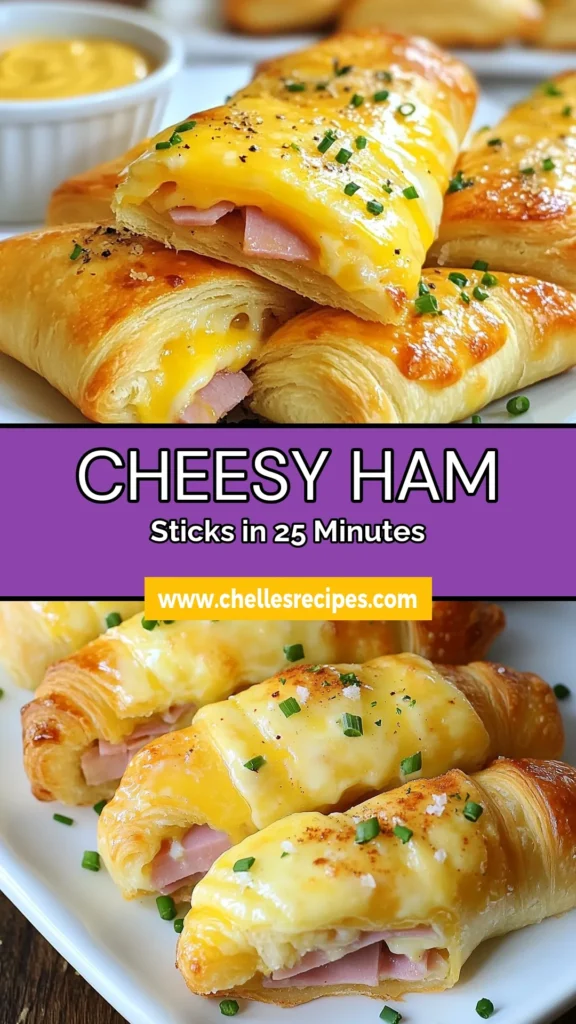 Indulge in these delicious Cheesy Ham Sticks, an ultimate must-try from your favorite crescent roll recipes. Perfect for any gathering, these Ham and Cheese Appetizers are easy to make and loved by all! Create your tasty Easy Ham Roll-Ups in just 25 minutes, baked to golden perfection. Serve them warm with your favorite dip! Click to discover the recipe now and save for later. #CheesyHamSticks #CrescentRollRecipes #HamAndCheeseAppetizers #BakedCheeseSticks