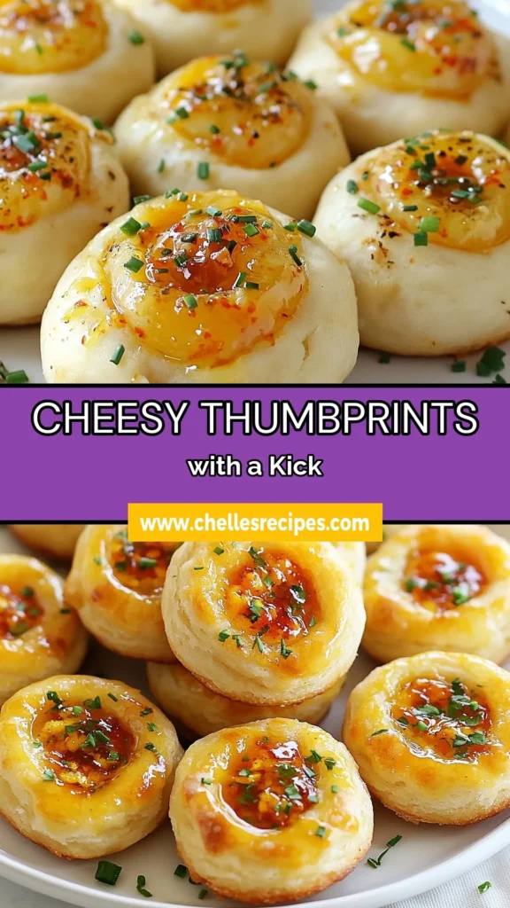 Indulge in these cheesy hot pepper jelly thumbprints, a mouthwatering spicy cheese appetizer recipe that's perfect for any gathering. These baked cheese thumbprint cookies are easy to make and feature a delightful surprise of pepper jelly in each bite. Ideal for entertaining or snacking, these easy savory thumbprint cookies will be a hit. Try this delicious recipe today and get ready to impress! #CheesyThumbprints #SpicyAppetizer #SavoryCookies #BakedCheese
