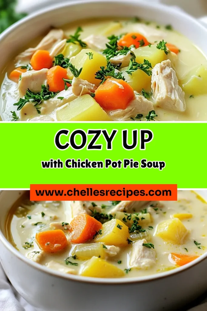 Warm up with this delicious Chicken Pot Pie Soup, a creamy chicken soup recipe that's perfect for chilly nights. This cozy chicken soup features tender chicken, hearty vegetables, and thickened cream for a comforting dish everyone will love. Make homemade chicken soup with vegetables that brings family together. Save this recipe and enjoy a bowl of happiness today! #ChickenPotPieSoup #CozyChickenSoup #CreamyChickenSoup #HomemadeChickenSoup