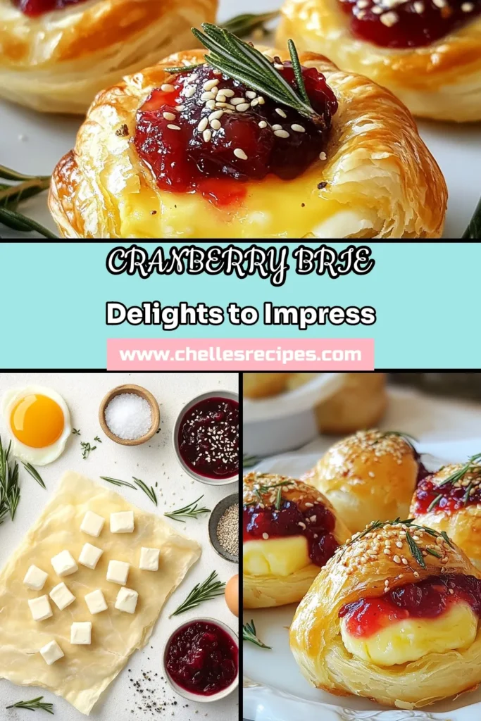 Delight your guests with these delicious Cranberry Brie Bombs! This easy holiday recipe features creamy Brie wrapped in flaky puff pastry and complemented by sweet cranberry sauce, making it the perfect baked Brie appetizer. Create these festive party snacks in just 35 minutes for an unforgettable treat. Don't miss out—save this recipe for your next gathering! #CranberryBrieBombs #PuffPastryAppetizer #EasyHolidayRecipes #FestivePartySnacks