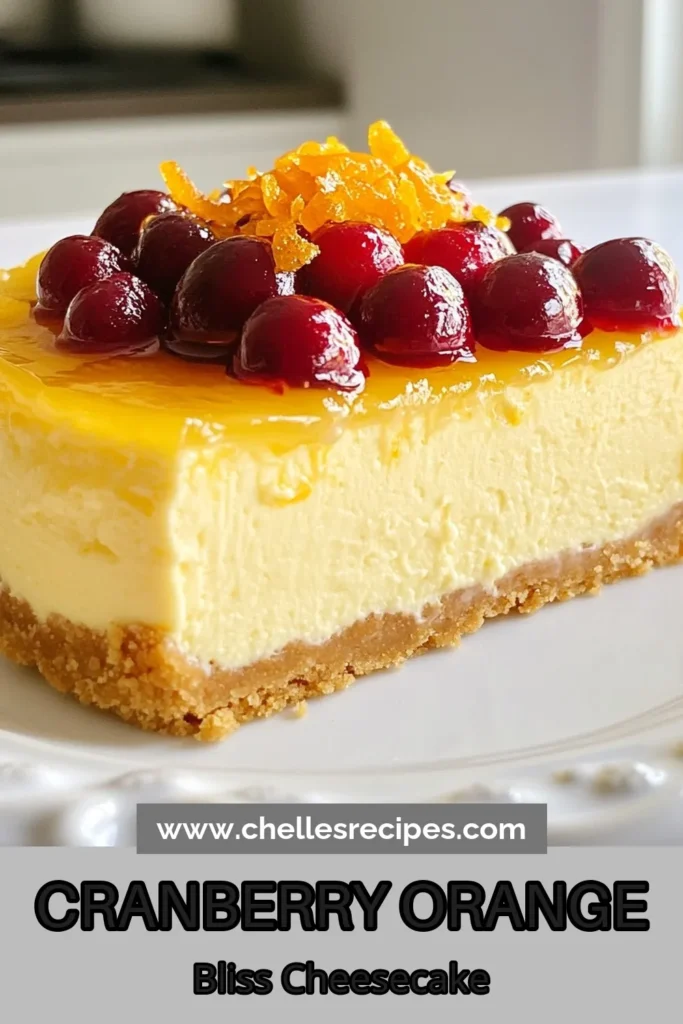 Indulge in the festive flavors of this easy Cranberry Orange Cheesecake recipe! Perfect for holiday dessert ideas, this cream cheese dessert features a buttery graham cracker crust and a luscious filling filled with fresh cranberries and zesty orange. With simple steps, you'll impress your guests in no time. Save this recipe and delight in a slice of happiness! #CheesecakeRecipes #HolidayDesserts #CreamCheeseDessert #BakingIdeas