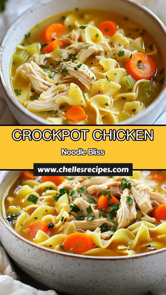 Warm up with this comforting crockpot chicken noodle soup that's perfect for any occasion! This easy chicken soup recipe combines tender chicken, fresh veggies, and hearty egg noodles for a slow cooker comfort food classic. Enjoy homemade chicken noodle soup that's simple to make and packed with flavor. Perfect for busy days, get your cozy bowl of hearty chicken soup recipe today! Save this for your next meal! #CrockpotChickenNoodleSoup #EasyChickenSoupRecipe #SlowCookerComfortFood #HomemadeChickenNoodleSoup