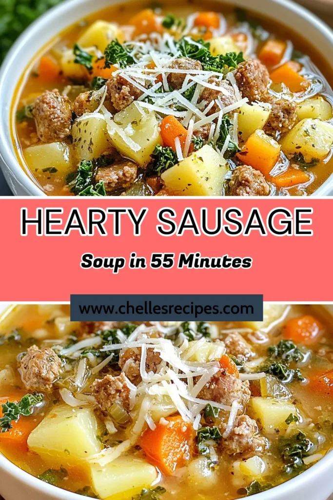 Warm up with this comforting sausage soup that’s packed with flavor and nutrition! This Italian sausage soup recipe combines savory Italian sausage, hearty vegetables like carrots and potatoes, and nutrient-rich kale for a healthy soup with kale perfect for winter. Enjoy this nutritious sausage and vegetable soup that’s easy to make in just under an hour! Save this recipe for your next cozy night in! #ComfortingSausageSoup #ItalianSausageSoup #WinterSoupRecipes #HealthySoupWithKale