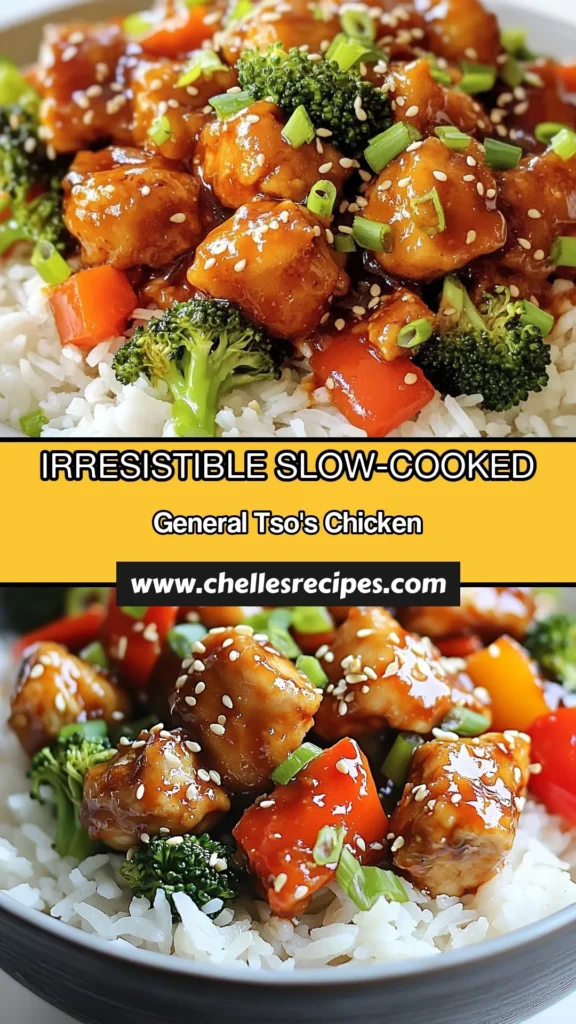 Discover the ultimate Slow-Cooked General Tso's Chicken recipe! This easy General Tso's Chicken is bursting with flavor, thanks to a delicious blend of sauces and spices. Perfect for busy nights, this crockpot chicken recipe is a go-to for Asian chicken dishes. Enjoy tender, savory chicken paired with vibrant veggies. Try it tonight and elevate your dinner game! Save this recipe for your next meal inspiration! #GeneralTsosChicken #CrockpotRecipes #AsianDishes #EasyDinnerIdeas