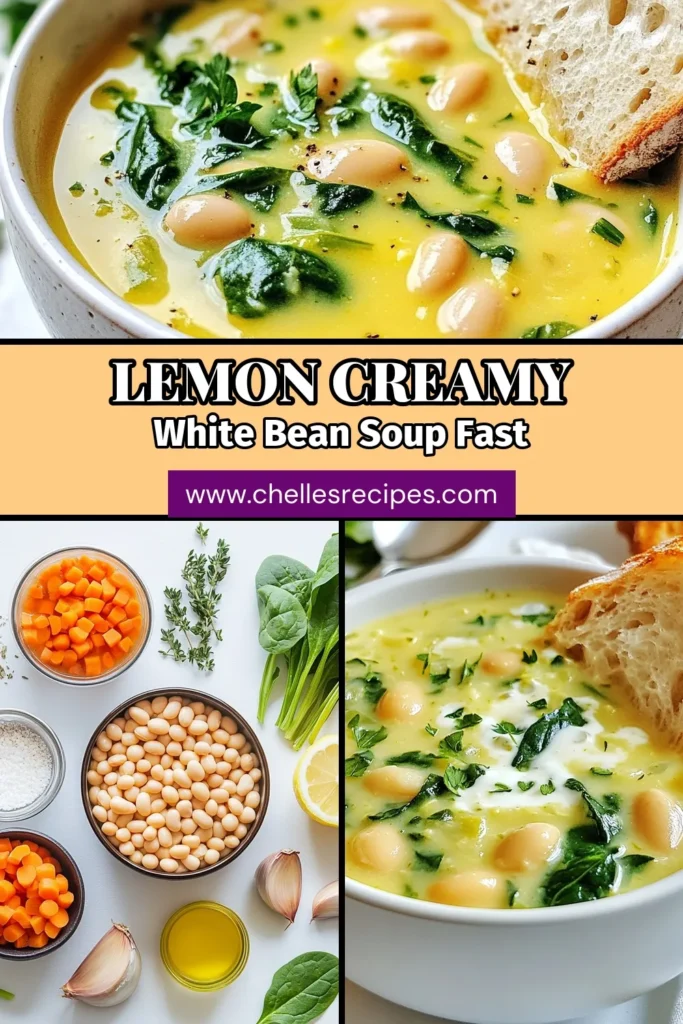 Discover the deliciousness of this Creamy Tuscan white bean soup, a quick and easy lemon white bean soup recipe that’s healthy and satisfying! Packed with fresh spinach and rich flavors, this vegan creamy soup recipe is perfect for any meal. With just 30 minutes to prepare, it's an ideal choice for busy weeknights. Try this easy vegetable broth soup today and enjoy a bowl of comfort! Save this recipe for later! #CreamySoup #VeganRecipes #HealthyEating #WhiteBeans