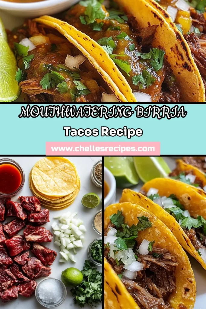 Discover the delicious world of Birria Tacos with this easy Birria Tacos recipe. Enjoy the authentic flavors of beef Birria tacos, made with tender beef chuck roast marinated in a rich chili blend. Perfect for taco night, this Mexican tacos recipe will impress your family and friends. Don't miss out on this savory dish—save this recipe for your next meal! #BirriaTacos #MexicanRecipe #TacoTuesday #Foodie