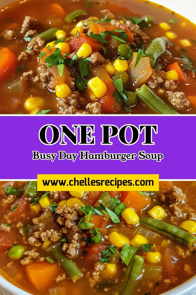 Looking for a hearty meal that comes together in no time? Try this Busy Day Hamburger Soup! Packed with nutritious veggies and tasty ground beef, it's the perfect easy ground beef soup for those hectic nights. With just one pot needed, this quick dinner recipe makes cleanup a breeze. Enjoy a warm bowl of deliciousness that the whole family will love. Save this recipe for your next busy day! #BusyDayHamburgerSoup #HeartySoupRecipes #EasyGroundBeefSoup #QuickDinnerRecipes