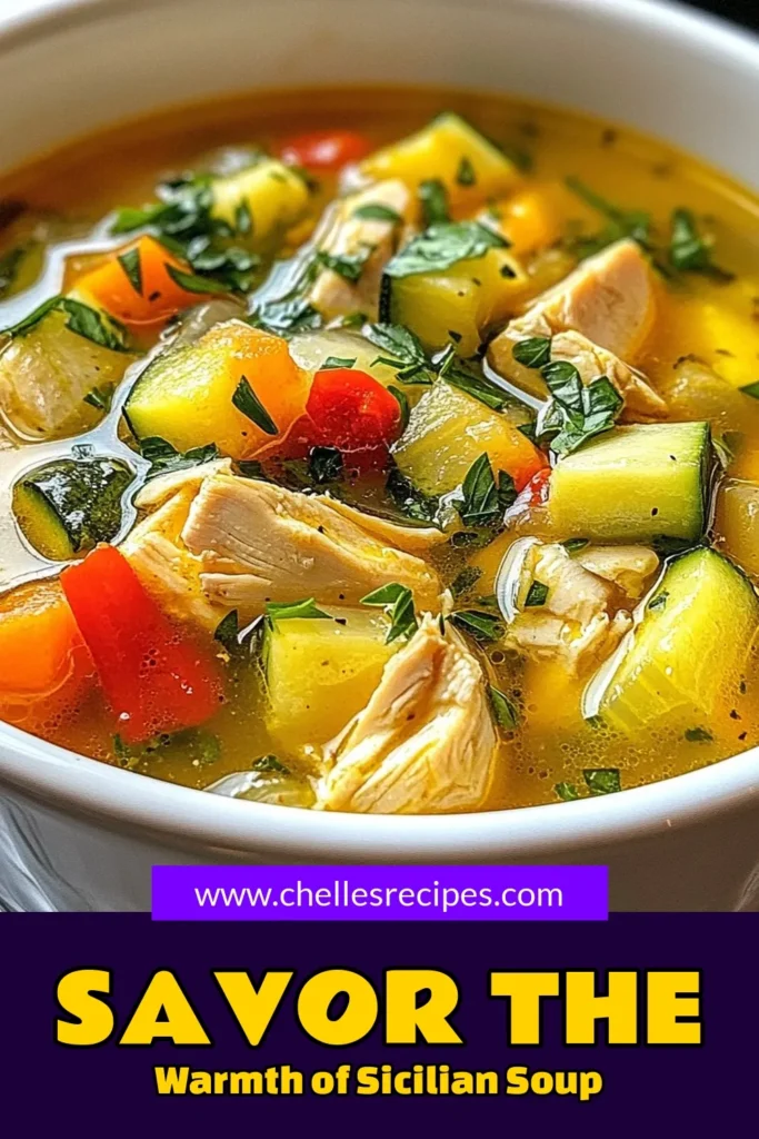 Discover the warmth of Italy with this delicious Sicilian chicken soup recipe! Packed with healthy ingredients, this Italian chicken soup combines tender chicken thighs, chickpeas, and vibrant vegetables for a comforting dish. Perfect for chilly days, this homemade chicken broth soup is not only flavorful but also nutritious. Try this easy chickpea soup recipe today and enjoy the authentic taste of Sicily in every bowl! Save this recipe for your next family meal! #SicilianChickenSoup #HealthyChickenSoup #ItalianChickenSoup #ChickpeaSoupRecipe