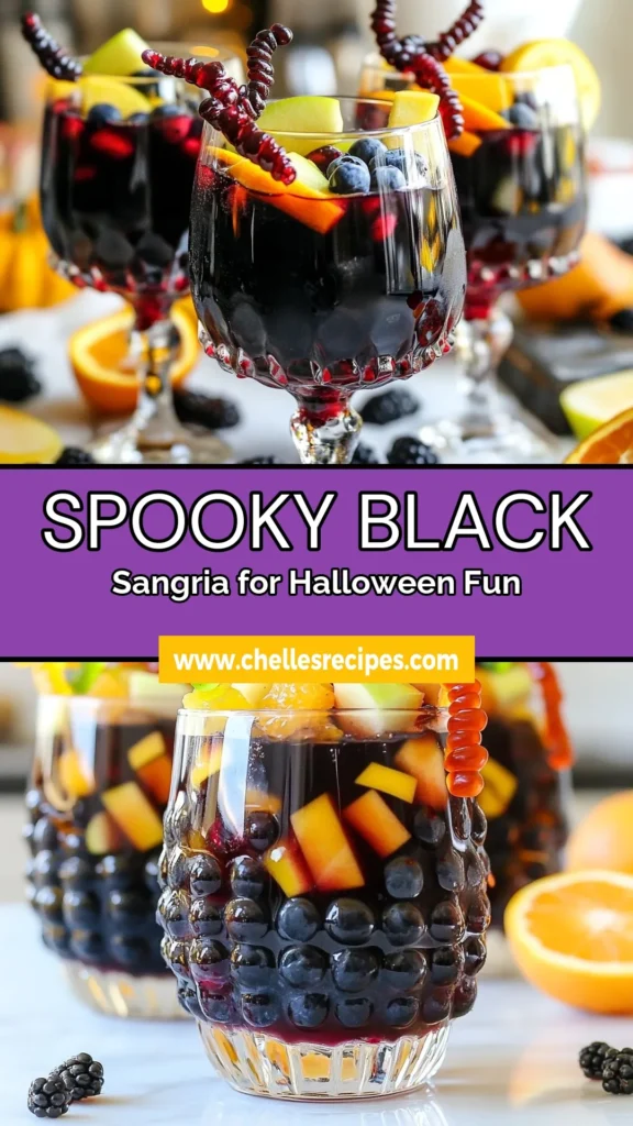 Get ready for a hauntingly good time with this Halloween sangria recipe! This Spooky Black Halloween Sangria combines black grape juice cocktail and pomegranate juice for a deliciously festive drink. Perfect for your Halloween party, this spooky drink includes fresh fruits and whimsical gummy worms, making it the ultimate Halloween party punch recipe. Refresh your festivities with this easy-to-make beverage that everyone will love! Try it and save for later! #halloweensangria #spookydrinks #halloweenparty #halloweenbeverages