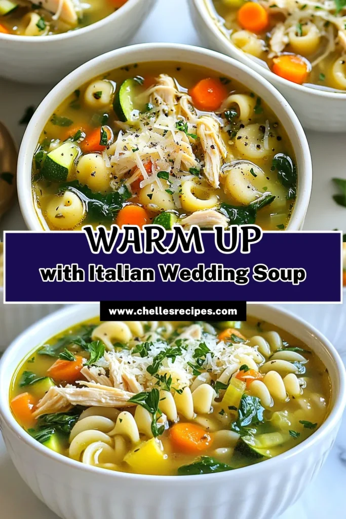 Savor the flavors of homemade Italian wedding soup with this easy chicken soup recipe! Packed with nutrients, this healthy wedding soup features tender chicken, fresh vegetables, and small pasta, all simmered in a rich chicken broth. It's perfect for any occasion and delightful on chilly nights. Try this comforting chicken broth soup recipe today and elevate your dinner game! Save this recipe for later! #ItalianWeddingSoup #EasyChickenSoupRecipe #HomemadeItalianSoup #HealthyWeddingSoup