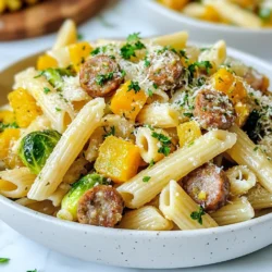 To make this tasty sausage pasta, gather these key ingredients: - 8 oz (225 g) pasta (penne or rigatoni) - 2 tablespoons olive oil - 1 lb (450 g) Italian sausage (turkey or chicken recommended) - 2 cups Brussels sprouts, halved - 1 cup butternut squash, cubed - 3 cloves garlic, minced - 1 teaspoon dried thyme - 1 cup vegetable broth - 1/2 cup grated Parmesan cheese (or vegan alternative) - Salt and pepper to taste - Fresh parsley, chopped (for garnish) You can add these ingredients to boost the dish's taste: - 1 teaspoon red pepper flakes (for some heat) - A splash of lemon juice (for brightness) - A pinch of nutmeg (to deepen flavor) If you have dietary needs, consider these swaps: - Use gluten-free pasta for a gluten-free option. - Swap Italian sausage for plant-based sausage for vegetarian or vegan diets. - Replace Parmesan with nutritional yeast for a dairy-free alternative. These changes keep the dish lively while catering to your needs. {{ingredient_image_1}} First, bring a big pot of water to a boil. Add a pinch of salt for flavor. Once the water boils, add 8 ounces of your pasta. You can use penne or rigatoni. Cook the pasta according to the package instructions until it's al dente. This usually takes about 8-10 minutes. When done, drain the pasta and set it aside. Next, take a large skillet and heat 2 tablespoons of olive oil over medium heat. Remove 1 pound of Italian sausage from its casing. Add the sausage to the skillet. Use a wooden spoon to break it up as it cooks. Cook for about 5-7 minutes until it turns brown and is fully cooked. After cooking, remove the sausage from the skillet and set it aside. In the same skillet, add 2 cups of halved Brussels sprouts and 1 cup of cubed butternut squash. Sauté the veggies for about 5-6 minutes until they start to soften. Next, add 3 minced garlic cloves, 1 teaspoon of red pepper flakes (if you like heat), and 1 teaspoon of dried thyme. Cook for an additional 2-3 minutes until the garlic smells great. Then, add the cooked sausage back to the skillet. Pour in 1 cup of vegetable broth and bring it to a simmer. Let it cook for 2-3 minutes to blend the flavors. Now, stir in the cooked pasta and 1/2 cup of grated Parmesan cheese. Mix well until everything is combined. If it seems too dry, add a splash more of vegetable broth. Season with salt and pepper to taste. To serve, divide the pasta onto plates. Garnish with fresh chopped parsley and extra Parmesan if you want. Enjoy your meal! To cook pasta right, use a large pot. Fill it with water and add salt. Bring the water to a rolling boil. Add the pasta and stir it well. Cook it according to the package instructions. Aim for al dente, which means it should feel firm but not hard. Drain the pasta but save some water. This starchy water helps the sauce stick later. To get the best flavor from sausage, start with a hot pan. Use medium heat and add olive oil. Take the sausage out of its casing and break it apart in the skillet. Stir it often so it browns evenly. Look for a nice golden color. This usually takes about 5-7 minutes. Once it’s cooked, take it out and set it aside. This keeps the sausage juicy and tasty. For Brussels sprouts, cut them in half to help them cook fast. Add them to the hot skillet after the sausage. Sauté them for about 5-6 minutes until they soften. Then add cubed butternut squash. This squash cooks well and gives a sweet touch. Stir in minced garlic, red pepper flakes, and thyme for flavor. Cook them all together for 2-3 minutes until fragrant. This step makes your dish smell amazing! Pro Tips Choose Your Sausage Wisely: Using turkey or chicken sausage not only makes this dish lighter but adds a delicious flavor that complements the vegetables. Perfect Pasta Cooking: Always cook your pasta al dente, as it will continue to cook slightly when mixed with the hot ingredients, ensuring the perfect texture. Add a Flavor Boost: For an extra layer of flavor, consider adding a splash of white wine when sautéing the vegetables before adding the broth. Herb Variations: Feel free to experiment with different fresh herbs like basil or oregano to enhance the dish's aroma and taste. {{image_2}} You can make this dish vegetarian or vegan. For a vegetarian version, skip the sausage and use mushrooms or lentils. These add great texture and flavor. If you want a vegan version, use plant-based sausage. Many brands offer tasty options. Also, switch out Parmesan for a vegan cheese. Nutritional yeast can give you a cheesy flavor without dairy. You have many choices for sausage in this recipe. Turkey or chicken sausage works well if you want leaner meat. You can also try pork sausage for a richer flavor. If you like spicy food, choose hot sausage for a kick. Finally, look for plant-based sausages if you want a meat-free option. This recipe is flexible with vegetables. You can use different seasonal veggies based on what you have. For example, in the fall, try adding roasted sweet potatoes or carrots. In the spring, asparagus or peas would be perfect. You can also mix in kale or spinach for a healthy boost. Choose what’s fresh and in season for the best taste! To store your sausage pasta with Brussels sprouts and squash, let it cool first. Place it in an airtight container. This keeps it fresh and tasty. Always store it in the fridge. It will last for about three to four days. Make sure to label the container with the date. When you want to eat your leftovers, reheat them gently. Use the stove or microwave. If using the stove, add a splash of vegetable broth to keep it moist. Heat on low until warm, stirring often. For the microwave, use a safe dish. Heat in short bursts, stirring in between. This helps avoid overheating and keeps it yummy. If you want to save the dish for later, freezing is a great option. Put the cooled pasta in a freezer-safe container. Leave some space at the top for expansion. Seal it tightly. It can stay in the freezer for up to three months. To use, thaw it overnight in the fridge. Then, reheat as mentioned before. Enjoy your meal any time! Yes, you can easily make this dish gluten-free. Just use gluten-free pasta. Look for brands like brown rice or chickpea pasta. Both options work well in this recipe. You can enjoy the same great flavors without gluten. If you want a substitute for Parmesan cheese, try nutritional yeast. It gives a cheesy flavor without dairy. Another option is to use a vegan cheese alternative. Some brands offer great taste and texture. You can also skip cheese for a lighter dish. To change the spice level, add or reduce red pepper flakes. For less heat, use only a pinch or skip them. If you want more spice, add extra flakes or try crushed red pepper. You can also include a dash of hot sauce for an extra kick. Adjust to your taste for a perfect meal. In this post, we covered essential ingredients and provided a clear recipe. You learned how to cook pasta, sauté sausage, and blend flavors. Tips on cooking techniques and ingredient swaps help customize your dish. We also discussed storage and reheating, ensuring your leftovers stay tasty. With this knowledge, you can enjoy delicious meals tailored to your taste and needs. Now, it's time to get cooking and impress yourself and others!