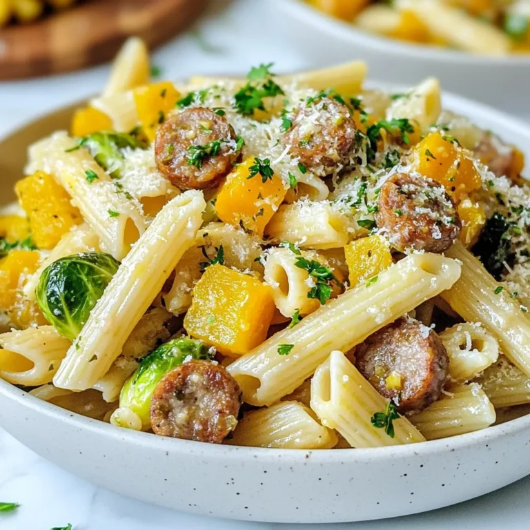 To make this tasty sausage pasta, gather these key ingredients: - 8 oz (225 g) pasta (penne or rigatoni) - 2 tablespoons olive oil - 1 lb (450 g) Italian sausage (turkey or chicken recommended) - 2 cups Brussels sprouts, halved - 1 cup butternut squash, cubed - 3 cloves garlic, minced - 1 teaspoon dried thyme - 1 cup vegetable broth - 1/2 cup grated Parmesan cheese (or vegan alternative) - Salt and pepper to taste - Fresh parsley, chopped (for garnish) You can add these ingredients to boost the dish's taste: - 1 teaspoon red pepper flakes (for some heat) - A splash of lemon juice (for brightness) - A pinch of nutmeg (to deepen flavor) If you have dietary needs, consider these swaps: - Use gluten-free pasta for a gluten-free option. - Swap Italian sausage for plant-based sausage for vegetarian or vegan diets. - Replace Parmesan with nutritional yeast for a dairy-free alternative. These changes keep the dish lively while catering to your needs. {{ingredient_image_1}} First, bring a big pot of water to a boil. Add a pinch of salt for flavor. Once the water boils, add 8 ounces of your pasta. You can use penne or rigatoni. Cook the pasta according to the package instructions until it's al dente. This usually takes about 8-10 minutes. When done, drain the pasta and set it aside. Next, take a large skillet and heat 2 tablespoons of olive oil over medium heat. Remove 1 pound of Italian sausage from its casing. Add the sausage to the skillet. Use a wooden spoon to break it up as it cooks. Cook for about 5-7 minutes until it turns brown and is fully cooked. After cooking, remove the sausage from the skillet and set it aside. In the same skillet, add 2 cups of halved Brussels sprouts and 1 cup of cubed butternut squash. Sauté the veggies for about 5-6 minutes until they start to soften. Next, add 3 minced garlic cloves, 1 teaspoon of red pepper flakes (if you like heat), and 1 teaspoon of dried thyme. Cook for an additional 2-3 minutes until the garlic smells great. Then, add the cooked sausage back to the skillet. Pour in 1 cup of vegetable broth and bring it to a simmer. Let it cook for 2-3 minutes to blend the flavors. Now, stir in the cooked pasta and 1/2 cup of grated Parmesan cheese. Mix well until everything is combined. If it seems too dry, add a splash more of vegetable broth. Season with salt and pepper to taste. To serve, divide the pasta onto plates. Garnish with fresh chopped parsley and extra Parmesan if you want. Enjoy your meal! To cook pasta right, use a large pot. Fill it with water and add salt. Bring the water to a rolling boil. Add the pasta and stir it well. Cook it according to the package instructions. Aim for al dente, which means it should feel firm but not hard. Drain the pasta but save some water. This starchy water helps the sauce stick later. To get the best flavor from sausage, start with a hot pan. Use medium heat and add olive oil. Take the sausage out of its casing and break it apart in the skillet. Stir it often so it browns evenly. Look for a nice golden color. This usually takes about 5-7 minutes. Once it’s cooked, take it out and set it aside. This keeps the sausage juicy and tasty. For Brussels sprouts, cut them in half to help them cook fast. Add them to the hot skillet after the sausage. Sauté them for about 5-6 minutes until they soften. Then add cubed butternut squash. This squash cooks well and gives a sweet touch. Stir in minced garlic, red pepper flakes, and thyme for flavor. Cook them all together for 2-3 minutes until fragrant. This step makes your dish smell amazing! Pro Tips Choose Your Sausage Wisely: Using turkey or chicken sausage not only makes this dish lighter but adds a delicious flavor that complements the vegetables. Perfect Pasta Cooking: Always cook your pasta al dente, as it will continue to cook slightly when mixed with the hot ingredients, ensuring the perfect texture. Add a Flavor Boost: For an extra layer of flavor, consider adding a splash of white wine when sautéing the vegetables before adding the broth. Herb Variations: Feel free to experiment with different fresh herbs like basil or oregano to enhance the dish's aroma and taste. {{image_2}} You can make this dish vegetarian or vegan. For a vegetarian version, skip the sausage and use mushrooms or lentils. These add great texture and flavor. If you want a vegan version, use plant-based sausage. Many brands offer tasty options. Also, switch out Parmesan for a vegan cheese. Nutritional yeast can give you a cheesy flavor without dairy. You have many choices for sausage in this recipe. Turkey or chicken sausage works well if you want leaner meat. You can also try pork sausage for a richer flavor. If you like spicy food, choose hot sausage for a kick. Finally, look for plant-based sausages if you want a meat-free option. This recipe is flexible with vegetables. You can use different seasonal veggies based on what you have. For example, in the fall, try adding roasted sweet potatoes or carrots. In the spring, asparagus or peas would be perfect. You can also mix in kale or spinach for a healthy boost. Choose what’s fresh and in season for the best taste! To store your sausage pasta with Brussels sprouts and squash, let it cool first. Place it in an airtight container. This keeps it fresh and tasty. Always store it in the fridge. It will last for about three to four days. Make sure to label the container with the date. When you want to eat your leftovers, reheat them gently. Use the stove or microwave. If using the stove, add a splash of vegetable broth to keep it moist. Heat on low until warm, stirring often. For the microwave, use a safe dish. Heat in short bursts, stirring in between. This helps avoid overheating and keeps it yummy. If you want to save the dish for later, freezing is a great option. Put the cooled pasta in a freezer-safe container. Leave some space at the top for expansion. Seal it tightly. It can stay in the freezer for up to three months. To use, thaw it overnight in the fridge. Then, reheat as mentioned before. Enjoy your meal any time! Yes, you can easily make this dish gluten-free. Just use gluten-free pasta. Look for brands like brown rice or chickpea pasta. Both options work well in this recipe. You can enjoy the same great flavors without gluten. If you want a substitute for Parmesan cheese, try nutritional yeast. It gives a cheesy flavor without dairy. Another option is to use a vegan cheese alternative. Some brands offer great taste and texture. You can also skip cheese for a lighter dish. To change the spice level, add or reduce red pepper flakes. For less heat, use only a pinch or skip them. If you want more spice, add extra flakes or try crushed red pepper. You can also include a dash of hot sauce for an extra kick. Adjust to your taste for a perfect meal. In this post, we covered essential ingredients and provided a clear recipe. You learned how to cook pasta, sauté sausage, and blend flavors. Tips on cooking techniques and ingredient swaps help customize your dish. We also discussed storage and reheating, ensuring your leftovers stay tasty. With this knowledge, you can enjoy delicious meals tailored to your taste and needs. Now, it's time to get cooking and impress yourself and others!