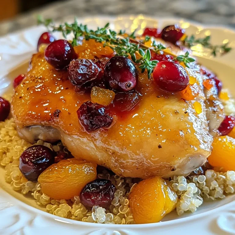 - 4 bone-in chicken thighs, skin-on - 1 cup fresh or frozen cranberries - 1 cup dried apricots, chopped - 1 medium onion, diced - 2 cloves garlic, minced - 1 tablespoon olive oil - 1 tablespoon honey - 2 teaspoons dried thyme - Salt and pepper to taste - 1 cup chicken broth - Zest of 1 orange When you gather your ingredients, fresh is best, but frozen cranberries work too. If you can't find dried apricots, try dried figs or prunes. Both add a sweet touch. Use any onion type you prefer, but yellow onions are a classic choice. For garlic, fresh is always tasty, but jarred minced garlic can save time. If you want a lighter dish, remove the skin from the chicken thighs. You can also swap olive oil for any cooking oil. To make your dish pop, consider adding fresh thyme leaves as a garnish. They add a lovely color and flavor. You could also sprinkle some orange zest on top for a bright, citrus taste. Serve the chicken on a bed of quinoa or rice for a hearty meal. If you have it on hand, chopped parsley or green onions make great garnishes too! {{ingredient_image_1}} First, you need to preheat your oven to 375°F (190°C). This step is crucial for even cooking. While the oven heats, grab your large oven-proof skillet. It will hold all the goodness of your dish. Next, heat one tablespoon of olive oil in the skillet over medium heat. Add in the diced onion. Cook for about five minutes until it turns soft and clear. Then, add two cloves of minced garlic and cook for one more minute. Now, take your four chicken thighs. Season them with salt, pepper, and two teaspoons of dried thyme. Push the onions to one side and lay the chicken thighs skin side down. Sear for five to seven minutes until the skin is golden brown. Flip them over and sear for another five minutes. Once the chicken is seared, remove any extra fat from the skillet. Leave just a thin layer. Now it's time to add flavor. Add one cup of cranberries, one cup of chopped dried apricots, one tablespoon of honey, one cup of chicken broth, and the zest of one orange. Mix everything gently to combine. This step makes the sauce rich and flavorful. Bring the mixture to a simmer. Then, carefully transfer the skillet to your preheated oven. Bake for 25 to 30 minutes. Make sure the chicken reaches an internal temperature of 165°F (74°C). After baking, take the skillet out and let the chicken rest for five minutes. This helps keep the meat juicy. Serve and enjoy your delicious Cranberry Apricot Chicken Thighs! To get a nice sear on your chicken thighs, start with a hot skillet. Use medium heat and allow the pan to get warm before adding oil. When you place the chicken in, listen for that sizzle! Sear the skin side for 5 to 7 minutes. This will give you a golden color and crispy skin. Flip the chicken and sear the other side for about 5 minutes. Adding herbs and spices can take your chicken to the next level. I use dried thyme for a warm flavor. Don't forget to season with salt and pepper! The fresh zest of an orange brightens the dish. You can also experiment with rosemary or sage for a different taste. One common mistake is overcrowding the pan. If you add too many chicken thighs at once, they won’t sear well. Also, don’t skip resting the chicken after cooking. Letting it rest for 5 minutes helps keep it juicy. Lastly, always check the temperature. Your chicken should reach 165°F (74°C) to be safe to eat. Pro Tips Choose Fresh Ingredients: Using fresh cranberries and apricots will enhance the flavor and texture of the dish significantly. Perfectly Sear the Chicken: Ensure the skillet is hot enough before adding the chicken to get a nice golden-brown crust, which adds depth to the flavor. Let It Rest: Allowing the chicken to rest after baking ensures the juices redistribute, resulting in more tender and juicy meat. Serve with a Side: Pair the dish with a side of quinoa or rice to soak up the delicious sauce for a complete meal experience. {{image_2}} You can switch up the flavors in Cranberry Apricot Chicken Thighs easily. Change the dried apricots to dried cherries for a tart twist. Use fresh peaches instead of apricots for a sweeter taste. If you want a kick, add a dash of red pepper flakes to the sauce. You can even swap out the thyme for rosemary for an earthy flavor. Each change brings a new life to this dish. If you prefer using chicken breasts, adjust the cooking time. Cook the chicken breasts for about 20-25 minutes in the oven. They cook faster than thighs, so keep an eye on the temperature. Always ensure your chicken reaches 165°F (74°C) to be safe. If you use boneless thighs, check them at around 25 minutes. Cooking times can vary based on the size of the chicken pieces, so use a meat thermometer for best results. For a tasty vegetarian option, try using chickpeas or tofu instead of chicken. Sauté the chickpeas or tofu until golden. Then mix them with the cranberry-apricot sauce. This gives you a protein-packed dish with great flavor. You can also serve the sauce over roasted vegetables for a hearty meal. This way, you keep all the delicious flavors while making it meat-free. Store leftover chicken thighs in an airtight container. This keeps the chicken fresh. Let the chicken cool down before sealing. Refrigerate the leftovers for up to four days. To reheat, place the chicken in a skillet. Add a splash of broth or water. Heat it on low until warm, about 10 minutes. You can also use a microwave. Heat in short bursts, checking often. You can freeze leftover chicken thighs. Place them in a freezer-safe bag. Remove as much air as possible. Freeze for up to three months. To thaw, move the chicken to the fridge overnight. Reheat it the next day for best taste. Yes, you can! Try using cherries or peaches. Both fruits pair well with chicken. They add a sweet and tart balance. If you use fresh fruits, adjust the cooking time. Fresh fruits may cook faster than dried ones. I recommend serving this dish with rice or quinoa. They soak up the delicious sauce. You can also add steamed veggies for color and nutrition. Green beans or broccoli work well. A simple salad can add freshness too. Absolutely! Cranberry Apricot Chicken Thighs are great for meal prep. You can make a batch ahead of time. Store the chicken in airtight containers. It stays tasty in the fridge for about four days. Reheat it in the oven or microwave when ready to eat. Check the internal temperature with a meat thermometer. It should reach 165°F (74°C). If you don't have one, cut into the thickest part. The juices should run clear, not pink. This ensures the chicken is safe to eat. Cranberry Apricot Chicken Thighs are easy to make and tasty. We covered all the important steps, from gathering ingredients to baking and serving. I shared tips on searing and avoiding common mistakes. Plus, we explored fun variations and storage ideas. You can enjoy this dish your way. Try new ingredients or change the cooking times. This recipe is perfect for meal prep, too. With these ideas, your cooking will surely impress.