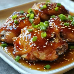 To make Crockpot Honey Garlic Chicken Thighs, you need simple, fresh ingredients. Here’s what you will gather: - 4 bone-in chicken thighs, skin removed - ½ cup honey - ¼ cup soy sauce (low sodium preferred) - 4 cloves garlic, minced - 1 tablespoon fresh ginger, grated - 1 tablespoon rice vinegar - 1 teaspoon sesame oil - 1 teaspoon crushed red pepper flakes (optional, for heat) - Salt and pepper to taste - 2 green onions, sliced (for garnish) - Sesame seeds (for garnish) These ingredients blend to create a rich, sweet, and savory sauce. The chicken thighs absorb all the flavors, making them juicy and tender. Each ingredient plays a role. Honey gives sweetness, while soy sauce adds saltiness. Garlic and ginger provide a fresh kick. Rice vinegar balances the taste with acidity. I love using low-sodium soy sauce to control salt levels. The crushed red pepper flakes add just the right amount of heat, but you can skip them if you prefer. Green onions and sesame seeds are perfect for garnishing and give a nice crunch. Gather these ingredients, and you’ll be ready to make a meal that everyone will enjoy. {{ingredient_image_1}} - Whisking the sauce In a medium bowl, add honey, soy sauce, minced garlic, grated ginger, rice vinegar, sesame oil, and optional red pepper flakes. Use a whisk to mix them well. This sauce brings sweet and savory flavors. - Seasoning the chicken Take your chicken thighs and sprinkle salt and pepper on both sides. This basic step makes the chicken taste great. - Placing chicken in the crockpot Put the seasoned chicken thighs into the crockpot. Lay them flat, making sure they fit well. - Pouring sauce over the chicken Pour the honey garlic sauce over the chicken thighs. Make sure each piece gets coated. This will help the chicken absorb all those tasty flavors. - Setting the crockpot temperature Cover the crockpot with its lid. Set it to low heat and cook for 6-7 hours. This slow cooking makes the chicken tender and juicy. - Removing chicken and thickening sauce After cooking, take the chicken thighs out carefully. Set them aside. To thicken the sauce, pour it into a saucepan. Simmer it on medium heat for about 5-10 minutes until it thickens. - Serving suggestions Return the chicken to the crockpot. Stir it in the thickened sauce. For a great look, serve the chicken on a platter. Drizzle with sauce and garnish with green onions and sesame seeds. It goes well with steamed rice or stir-fried veggies for a full meal. - Achieving perfect tenderness: Cooking chicken thighs in a crockpot makes them tender. The low heat breaks down the meat's fibers. I suggest cooking for 6-7 hours on low. You will love how easily it shreds! - Importance of marinating: Marinating is key for flavor. Let the chicken soak in the honey garlic sauce for at least an hour if you can. This extra time allows the flavors to really sink in. - Pairing with rice or vegetables: Serve the chicken on a bed of rice or alongside stir-fried veggies. The sauce soaks into the rice, making each bite a delight. - Creative plating ideas: For a fun touch, use a large platter. Drizzle the sauce over the chicken and sprinkle green onions and sesame seeds on top. This makes your meal look as good as it tastes! - Honey alternatives: If you need a honey substitute, try maple syrup or agave nectar. Both give a sweet touch, though the flavor will change a bit. - Soy sauce options: Low-sodium soy sauce is best for this dish. If you want a gluten-free option, use tamari instead. It works just as well and maintains that umami flavor. Pro Tips Marinate for Extra Flavor: Let the chicken thighs marinate in the sauce for at least 30 minutes before cooking to enhance the flavor profile. Use Fresh Ingredients: Fresh garlic and ginger will provide a more vibrant taste than dried alternatives, making the dish more aromatic and flavorful. Adjust the Heat: If you prefer a spicier dish, increase the amount of crushed red pepper flakes or add a dash of hot sauce to the marinade. Serve with the Right Sides: Pair the chicken with steamed jasmine rice or stir-fried vegetables to complement the sweet and savory flavors of the dish. {{image_2}} You can change the taste of your honey garlic chicken in fun ways. If you like heat, add crushed red pepper flakes. This spice gives a kick that many enjoy. You can also try using fresh herbs like thyme or cilantro. They add a fresh taste to the dish. Just chop them finely and mix them into the sauce. If you need gluten-free options, switch to tamari instead of soy sauce. Tamari has a similar flavor but is safe for gluten-free diets. For those wanting less sugar, use a sugar substitute such as stevia or monk fruit. Both work well and keep the dish tasty. You can easily change the number of servings. If you want to serve more people, double the recipe. Just remember to cook for a bit longer. For a smaller meal, cut the recipe in half. Reduce the cooking time slightly if you use fewer chicken thighs. This way, you get juicy chicken no matter the size. To keep your honey garlic chicken thighs fresh, store them in the fridge. Use an airtight container to avoid air and moisture. This method keeps the chicken moist and tasty. Make sure to refrigerate the leftovers within two hours after cooking. If you want to store them longer, freezing is a great option. Place the chicken in a freezer-safe bag. Remove as much air as possible before sealing. This will prevent freezer burn and keep the flavor. When it's time to enjoy the leftovers, reheating is key. The best method is using the oven. Preheat it to 350°F (175°C) and place the chicken on a baking sheet. Heat for 15-20 minutes or until warm. You can also use the microwave. But be careful! Heat in short bursts to avoid over-drying the chicken. Cover it with a damp paper towel to help keep it moist. In the fridge, honey garlic chicken lasts about 3-4 days. After that, the quality may drop. Look for signs of spoilage, such as a sour smell or slimy texture. If you freeze the chicken, it can last up to 4 months. Just remember to label your bags with the date. Always trust your senses to decide if the food is still good! How long to cook chicken thighs in a crockpot? You should cook chicken thighs in a crockpot for 6 to 7 hours on low. This time allows the chicken to become tender and juicy. If you cook it too long, it may fall apart. Can I use boneless chicken thighs instead? Yes, you can use boneless chicken thighs. They will cook faster, so check them after 4 to 5 hours. The flavor will still be excellent! What goes well with honey garlic chicken? Honey garlic chicken pairs well with steamed rice or stir-fried vegetables. You can also serve it with a fresh salad for a lighter option. The sauce is great over noodles too! Is this dish kid-friendly? Yes, this dish is very kid-friendly! The sweetness of the honey appeals to kids. You can adjust the spice level by omitting red pepper flakes if needed. Can I substitute honey with maple syrup? You can substitute honey with maple syrup. The flavor will change slightly, but it will still taste great. Use the same amount to keep the balance. What is the best soy sauce to use? Low-sodium soy sauce is best for this recipe. It allows you to control the saltiness. Regular soy sauce can be too salty and overpower the other flavors. Cooking honey garlic chicken in a crockpot is simple and rewarding. We covered the key ingredients, helpful tips, and variations to suit your taste. Remember to marinate for tenderness and pair with rice or veggies for a complete meal. Proper storage is vital to enjoy leftovers safely. Always check for signs of spoilage. With this guide, you can create a delicious dish that impresses everyone. Enjoy your cooking journey and the tasty results!