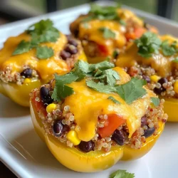 - 4 large bell peppers (any color) - 1 cup quinoa, rinsed - 2 cups vegetable broth - 1 can (15 oz) black beans, drained and rinsed - 1 cup corn kernels (fresh, frozen, or canned) - 1 teaspoon cumin - 1 teaspoon smoked paprika - 1 teaspoon garlic powder - ½ teaspoon salt - ½ teaspoon black pepper - 1 cup diced tomatoes (canned or fresh) - 1 cup shredded cheddar cheese (or vegan cheese) - Fresh cilantro leaves for garnish (optional) Using fresh, colorful bell peppers sets the stage for this dish. Choose any color you like. The quinoa serves as a great base and adds protein. Black beans and corn give it heartiness and texture. The diced tomatoes provide moisture and flavor. Don't forget the spices! Cumin, smoked paprika, garlic powder, salt, and pepper bring the dish to life. Cheese on top adds a nice finish and creaminess, while cilantro gives it a fresh touch. - Cheese alternatives (vegan, different types) - Fresh herbs for garnish You can swap the cheddar cheese for any cheese you prefer. Vegan options work well too! Fresh herbs like cilantro, parsley, or chives can add extra flavor and color. Feel free to get creative here based on your taste and dietary needs. {{ingredient_image_1}} Start by cutting the tops off your bell peppers. Remove the seeds and membranes inside. This step helps the flavors soak in. Place the cleaned peppers upright in a baking dish. This keeps them stable while baking. To cook quinoa, rinse it well under cold water. This removes the bitter taste. In a medium pot, combine the rinsed quinoa and vegetable broth. Bring it to a boil, then lower the heat. Cover the pot and let it simmer for about 15 minutes. The quinoa is done when it’s fluffy and the broth is absorbed. Using vegetable broth adds great flavor to your dish. In a large bowl, mix the cooked quinoa with black beans, corn, and diced tomatoes. Add cumin, smoked paprika, garlic powder, salt, and pepper. Stir until all ingredients blend well. This filling is tasty and full of nutrients. To fill the peppers, gently spoon the mixture into each one. Pack it down lightly but leave space at the top for cheese. Cover the baking dish with foil. Bake in the preheated oven at 375°F (190°C) for 25 minutes. After that, remove the foil and sprinkle cheese on top. Bake again for 10 more minutes. Check if the peppers are tender and the cheese is melted and bubbly. Let the peppers cool a bit before serving. Enjoy your colorful, flavorful feast! To make the filling pop, adjust your spices to match your taste. You can add more cumin for warmth or more garlic powder for depth. Taste as you go. Ensure the texture is just right. The filling should be moist but not soggy. Use cooked quinoa as your base. It adds a nice chewiness. Make sure to mix in the black beans and corn well. This helps every bite burst with flavor. Serve stuffed peppers with a side salad or some crusty bread. A dollop of sour cream or avocado crema works great too. For a fun twist, drizzle a bit of salsa on top. When it comes to presentation, use a colorful plate to make the dish pop. Garnish with fresh cilantro leaves for a bright touch. This not only looks nice but adds fresh flavor. One common mistake is overcooking the peppers. They should be tender but still hold their shape. If they get too soft, the filling can spill out. Another mistake is skipping the resting time after baking. Let the peppers sit for a few minutes. This helps the filling set and makes serving easier. The flavors also meld together better when you give them a moment to rest. Pro Tips Use Colorful Peppers: Different colored bell peppers not only enhance the visual appeal of the dish but also offer slightly different flavors and nutritional benefits. Customize Your Filling: Feel free to add other ingredients like diced zucchini, mushrooms, or ground meat to the filling for added flavor and texture. Serve with Salsa: A side of fresh salsa or avocado can elevate the dish, adding freshness and a burst of flavor. Make Ahead: These stuffed peppers can be prepared a day in advance. Assemble and refrigerate them, then bake when you're ready to serve. {{image_2}} You can switch up the protein in stuffed peppers easily. Ground meat like beef, turkey, or chicken works well. Just cook the meat before adding it to the filling. If you prefer plant-based options, try using tofu. Crumble firm tofu and sauté it with spices for a tasty mix. This choice gives you a great vegetarian meal. Quinoa is a great base, but you can try other grains, too. Rice is a simple swap; just cook it as you would quinoa. Farro and barley are other hearty options. If you need gluten-free choices, use rice or quinoa. Both keep the meal light and tasty. You can add a variety of veggies to your filling for extra taste. Zucchini, mushrooms, or spinach blend well. Just dice them small and mix them in. For spice lovers, adjust the heat by adding jalapeños or hot sauce. These changes make each dish unique and suit your personal taste. To store leftovers, let the stuffed peppers cool down first. Place them in an airtight container. You can keep them in the fridge for up to four days. Make sure to cover them well to avoid drying out. For freezing stuffed peppers, wrap each one in plastic wrap. Then, place them in a freezer-safe bag or container. This helps keep them fresh. You can freeze them for up to three months. When you are ready to eat, take them out and thaw in the fridge overnight. To reheat, preheat your oven to 375°F (190°C) and bake for about 25 minutes. If they are still cold in the center, add a few more minutes. Enjoy your delicious meal! Yes, you can make stuffed peppers ahead of time. This saves time on busy days. Here are some tips for meal prep: - Prepare the filling a day before. Store it in the fridge. - Stuff the peppers and keep them in the fridge for up to 24 hours. - You can also freeze stuffed peppers. Wrap them well and store them. The cooking time for stuffed peppers varies by method: - Oven: Bake at 375°F for about 35 minutes. - Microwave: Cook on high for 10-15 minutes. - Slow cooker: Cook on low for 4-6 hours. Check for tenderness, and make sure the cheese is melted. If you want to swap quinoa, here are some options: - Rice: Use white or brown rice. Cook it for about 15-20 minutes. - Farro: A hearty grain that takes about 30 minutes to cook. - Barley: This takes around 30-40 minutes to cook. Each grain has a unique taste and texture. Yes, stuffed peppers can be very healthy. Here are some benefits: - They are low in calories and high in fiber. - Packed with vitamins from peppers and veggies. - You can use lean proteins like beans for added nutrition. Choose fresh or low-sodium ingredients for the best health benefits. Stuffed peppers are a tasty and healthy dish you can make at home. We covered the key ingredients, like quinoa and black beans, along with optional toppings. I shared simple steps for preparation, cooking, and baking. You learned tips for the best flavor and texture, plus how to store leftovers. Remember, you can mix it up with different proteins or grains, so feel free to get creative. Enjoy making your own stuffed peppers and savor each bite!