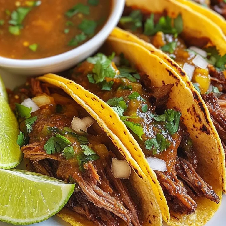 - 2 lbs beef chuck roast, cut into chunks - 5 dried guajillo chilies, stemmed and seeds removed - 3 dried ancho chilies, stemmed and seeds removed - 1 medium onion, chopped - 4 cloves garlic, minced The beef chuck roast gives the tacos rich flavor. The guajillo and ancho chilies add depth. Onions and garlic bring a sweet and savory touch. - 1 teaspoon ground cumin - 1 teaspoon dried oregano - 1 teaspoon black pepper - 1 teaspoon salt Cumin adds warmth, while oregano brings a fresh taste. Black pepper and salt enhance all flavors. These seasonings unite the dish. - 2 cups beef broth - 1 tablespoon apple cider vinegar - 12 small corn tortillas - Fresh cilantro, chopped (for garnish) - Diced onions (for garnish) - Lime wedges (for serving) Beef broth keeps the meat moist and flavorful. Apple cider vinegar adds a tangy kick. Corn tortillas are perfect for holding the beef. Fresh cilantro and diced onions brighten each bite. Lime wedges are great for squeezing over the tacos. {{ingredient_image_1}} To start, I toast the dried chilies. I heat them in a skillet over medium heat. This takes about 2 minutes. I turn them often until they smell great. Next, I soak the chilies in hot water. I let them sit for 15 to 20 minutes. They should soften nicely. Now, I blend the soaked chilies with other ingredients. I put them in a blender with onion, garlic, cumin, oregano, black pepper, salt, beef broth, and apple cider vinegar. I blend it all until the mix is smooth. This is the marinade. I place the beef chunks in a large bowl. I pour the chili marinade over the meat. I make sure all the beef is covered well. I let it marinate for at least 2 hours. For the best flavor, I like to marinate overnight. Next, I preheat my oven to 325°F. I transfer the beef and marinade to a Dutch oven. I cover it tightly with a lid. I bake it for 3 to 4 hours. The meat should be very tender and easy to shred. After the beef cooks, I remove it from the pot. I use two forks to shred the meat. It should fall apart easily. I strain the cooking liquid and save it for later. This will be great for dipping. To make the tacos, I heat some oil in a skillet. I dip each corn tortilla into the reserved cooking liquid. Then, I place shredded beef on one half of the tortilla. I fold it over and cook until crispy, about 2 to 3 minutes on each side. I take the tacos out of the skillet and place them on a plate. I like to garnish them with fresh cilantro and diced onions. I serve the tacos with lime wedges and a bowl of the reserved broth for dipping. Enjoy your delicious Birria Tacos! Marinating your meat overnight gives it deep flavor. This time allows the spices to soak in. If you only marinate for two hours, you miss out on this. Use a zip-top bag for easy coating. Make sure the marinade covers every piece of beef. A Dutch oven is your best friend for braising. It holds heat well and helps tenderize the meat. Keep the lid on tight to trap moisture. Check the temperature after three hours. The beef should easily shred with a fork. If not, give it more time. To crisp tortillas, heat oil in a skillet. Dip each tortilla in the reserved broth. This adds flavor and keeps them soft. Cook each side for two to three minutes. Don’t soak too long; you want them firm. This way, they won’t tear when you fill them. Pro Tips Choose the Right Cut: Beef chuck roast is ideal for birria due to its rich marbling, ensuring tender and flavorful meat after long cooking times. Soak the Chilies: Soaking the dried chilies not only softens them but also enhances their flavor, making your marinade more aromatic and vibrant. Let It Marinate: Marinating overnight allows the beef to absorb the flavors of the spices and chilies, resulting in a more robust taste. Make It Crispy: For extra texture, fry the tacos in a bit of oil after dipping in the broth; this will create a delightful crispy exterior. {{image_2}} You can switch up the meat in birria tacos. Instead of beef, use lamb for a richer taste. Lamb brings its own unique flavor. Chicken is another great option. It cooks faster and is lighter. For a vegetarian version, try jackfruit or mushrooms. Both options soak up flavors well. They make a hearty and tasty filling. To make your birria tacos even better, add spices. Smoked paprika gives a nice depth. It adds a subtle smokiness that pairs well with the chilies. Roasted tomatoes can also enhance the dish. They add sweetness and richness. Blend them into your chili paste for a fuller flavor. These simple additions can elevate your tacos to new heights. You can serve birria tacos in different ways. Try a burrito-style taco. Just wrap the filling in a larger tortilla. It makes for a filling meal. You can also experiment with toppings from around the world. Add kimchi for a spicy twist, or fresh salsa for brightness. Each variation brings its own flair to the dish. Enjoy the fun of mixing cultures in your cooking! To keep your leftover Birria tacos fresh, use airtight containers. Glass or plastic containers work well. Store them in the fridge. The tacos stay good for up to three days. If you want to keep them longer, freezing is a great option. You can freeze the cooked beef and tortillas separately. Wrap the beef tightly in plastic wrap or foil before placing it in a freezer bag. For tortillas, stack them with parchment paper between each one. This helps keep them from sticking. When you’re ready to eat, thaw the beef in the fridge overnight. For the tortillas, let them thaw at room temperature. The best way to reheat tacos is in a skillet. Heat it on medium. Add a little oil for crispiness. Place the tacos in the skillet for 2-3 minutes on each side. This keeps them crunchy. You can also microwave the beef, but it may make the tortillas soft. If you prefer crispy tacos, stick to the skillet method. Birria tacos come from Mexico, specifically Jalisco. They use a rich meat stew as a filling. Traditionally, birria is made with goat meat. Today, beef is popular too. The dish has roots in special events and celebrations. Over time, it became a street food favorite. People love the juicy meat and savory flavors. The tacos are often served with broth for dipping. To make your birria tacos spicy, choose hot chilies. Guajillo and ancho chilies offer mild heat. For more spice, add dried chipotle or arbol chilies. Adjust the amount based on your taste. Start with one or two if you’re unsure. Taste the marinade before adding more. This way, you keep control over the heat level. You can use store-bought tortillas for convenience. They save time and effort. Look for fresh corn tortillas for the best taste. However, homemade tortillas can taste better. Store-bought may have preservatives. Fresh tortillas can enhance the flavor of your tacos. Choose what fits your schedule and taste. Birria tacos can last up to three days in the fridge. Store them in an airtight container. Keep the filling separate from the tortillas. This helps the tortillas stay crispy. If you want to keep them longer, freeze the filling. Frozen birria can last up to three months. Birria tacos pair well with many side dishes. Try refried beans or Mexican rice. A fresh salad adds a nice crunch. For drinks, consider a cold horchata or agua fresca. Lime wedges add brightness to the meal. These pairings enhance the flavors of the tacos. Birria tacos combine bold flavors and simple steps. We explored key ingredients, like beef chuck and dried chilies, and how to create a rich chili paste. You learned about marinating beef for maximum flavor and tips on cooking and serving delicious tacos. In the end, experimenting with variations opens the door to unique tastes. Whether using different meats or spices, the possibilities are endless. Enjoy this tasty dish with friends and family!